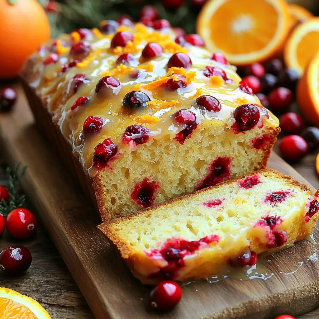 - 2 cups all-purpose flour - 1 cup fresh cranberries, chopped - 3/4 cup granulated sugar - 1/2 cup unsalted butter, softened - 1/2 cup freshly squeezed orange juice - 2 large eggs, at room temperature - 1 tablespoon orange zest - 1 teaspoon baking powder - 1/2 teaspoon baking soda - 1/4 teaspoon salt - 1/2 teaspoon vanilla extract The main ingredients create a wonderful base for the bread. The mix of fresh cranberries and orange juice gives it a bright flavor. The flour and sugar provide structure and sweetness. Softened butter adds richness, while eggs help bind everything together. The baking powder and soda give the bread a nice rise, and salt balances the sweetness. - 1 cup powdered sugar - 2 tablespoons freshly squeezed orange juice - 1 tablespoon orange zest The glaze is simple yet delicious. It adds a sweet, tangy finish to the bread. Just mix the powdered sugar with orange juice and zest. This glaze makes the bread look beautiful and enhances its flavor. - Chopped nuts (e.g., walnuts or pecans) - Dried cranberries - Chocolate chips Optional add-ins let you customize the bread. Chopped nuts add a lovely crunch. Dried cranberries can boost the fruity flavor. Chocolate chips offer a sweet surprise. Feel free to mix and match to create your perfect loaf. - Preheat the Oven: Start by setting your oven to 350°F (175°C). Prepare a 9x5 inch loaf pan by greasing it or lining it with parchment paper. This helps the bread come out easily. - Cream the Butter and Sugar: In a mixing bowl, take the softened butter and granulated sugar. Use a hand mixer or stand mixer to beat them together. Mix until the blend is light and fluffy. This should take about 3 to 5 minutes. - Combine Wet Ingredients: Now, add the eggs, orange juice, orange zest, and vanilla extract to the bowl. Mix until everything is smooth and well combined. - Mix Dry Ingredients: In a separate bowl, whisk together the all-purpose flour, baking powder, baking soda, and salt. Make sure they are evenly mixed. - Combine Mixtures: Gradually add the dry mixture to the wet mixture. Stir gently just until the flour is mixed in. Be careful not to over-mix, as this can make the bread dense. - Fold in Cranberries: Gently add the chopped cranberries to the batter. Use a spatula to fold them in, ensuring they are spread evenly. - Prepare for Baking: Pour the batter into your loaf pan. Use a spatula to smooth the top for an even bake. - Bake: Place the loaf pan in the oven and bake for 50 to 60 minutes. Check if it is done by inserting a toothpick in the center. If it comes out clean, the bread is ready. - Make the Glaze: While the bread bakes, prepare the glaze. In a small bowl, whisk the powdered sugar with 2 tablespoons of orange juice and 1 tablespoon of orange zest. Mix until smooth and creamy. - Cool and Glaze the Bread: Once the bread is out of the oven, let it cool in the pan for about 10 minutes. Carefully move it to a wire rack to cool completely. When it is still warm, drizzle the orange glaze over the top. Let it set for a few minutes before slicing. How to Avoid Over-Mixing To keep your bread light, mix gently. When you add the dry mix, stir just until combined. Over-mixing makes the bread dense and tough. Stop mixing as soon as you don’t see any dry flour. Testing for Doneness To check if your bread is done, use a toothpick. Insert it into the center of the loaf. If it comes out clean, your bread is ready. If the toothpick has batter on it, bake for a few more minutes. Presentation Tips For a beautiful display, slice the warm bread and place it on a wooden board. Add fresh cranberries and orange slices around it. It looks inviting and tastes great! Pairing Ideas Serve each slice with a pat of butter or cream cheese. This adds a rich, creamy flavor that complements the tangy cranberries. You can also serve it with a cup of tea or coffee for a cozy treat. Best Time to Serve This bread is best served warm. The glaze melts into the bread, making it extra tasty. Enjoy it for breakfast, brunch, or as a sweet snack. Making It Ahead of Time You can bake this bread a day in advance. Just wrap it well and store it at room temperature. Reheat slices in the oven for a few minutes before serving. This keeps the bread soft and fresh. {{image_4}} You can twist the flavor of this bread in fun ways. - Lemon Cranberry Variation: Swap out the orange juice for fresh lemon juice. Use lemon zest instead of orange zest. This gives a bright, tart flavor that pairs well with the cranberries. - Spice Addition: Add a teaspoon of cinnamon or nutmeg into the dry ingredients. This will warm up the taste and make it cozy, perfect for cold days. If you need a gluten-free version, you can use gluten-free flour. - Substitutes for Gluten-Free Flour: A good blend is one that contains rice flour, tapioca flour, and potato starch. You can use a 1:1 all-purpose gluten-free mix, too. Just check that it has xanthan gum for better texture. To make this recipe vegan, replace the eggs and butter. - Egg replacements: You can use flax eggs. Mix one tablespoon of ground flaxseed with three tablespoons of water. Let it sit for a few minutes to thicken. - Dairy-free substitutes: Replace unsalted butter with coconut oil or a vegan butter spread. Use almond milk or soy milk instead of orange juice. This keeps the flavor rich without dairy. These variations let you enjoy the bread in new ways. Feel free to get creative! To keep your warm cranberry orange glazed bread fresh, store it at room temperature. Place it on a plate and cover it with a clean kitchen towel. This method allows air to circulate while keeping moisture in. You can also use a bread box. A bread box keeps the bread fresh longer by controlling humidity. If you don’t have one, plastic wrap works too. Wrap the bread tightly in plastic wrap to protect it from air and moisture loss. For long-term storage, freeze your bread. First, let it cool completely. Then wrap it tightly in plastic wrap. This helps prevent freezer burn. Place the wrapped bread in a freezer bag. Label the bag with the date to keep track. When you’re ready to eat it, take it out of the freezer. Let it thaw in the fridge overnight for the best results. If you're in a hurry, you can thaw it at room temperature for a few hours. Your warm cranberry orange glazed bread stays fresh for about 3 to 5 days at room temperature. If you store it in the fridge, it can last up to a week. For best taste, enjoy it within the first few days. If frozen, it can last up to 3 months. Can I use frozen cranberries? Yes, you can use frozen cranberries. Just thaw them first. This helps keep the bread moist and flavorful. How can I tell if my bread is overbaked? If the bread is dark brown or hard, it is likely overbaked. A toothpick inserted in the center should come out clean. What can I substitute for orange juice? You can use lemon juice or apple juice instead. Both will add a nice flavor to the bread. Can I add other fruits? Absolutely! You can add chopped apples or pears. They blend well with cranberries and add more flavor. How do I make the bread less sweet? To reduce sweetness, cut back on the sugar. Try using 1/2 cup instead of 3/4 cup. Is this recipe suitable for meal prep? Yes, this bread is great for meal prep. You can bake it ahead of time and store it. You have all the tools to make delicious Warm Cranberry Orange Glazed Bread. We covered the key ingredients, step-by-step instructions, and helpful tips. Don't forget the fun variations and storage options. Feel free to experiment with flavors and add-ins. This bread is perfect for any occasion. I hope you enjoy baking, sharing, and savoring this tasty treat!