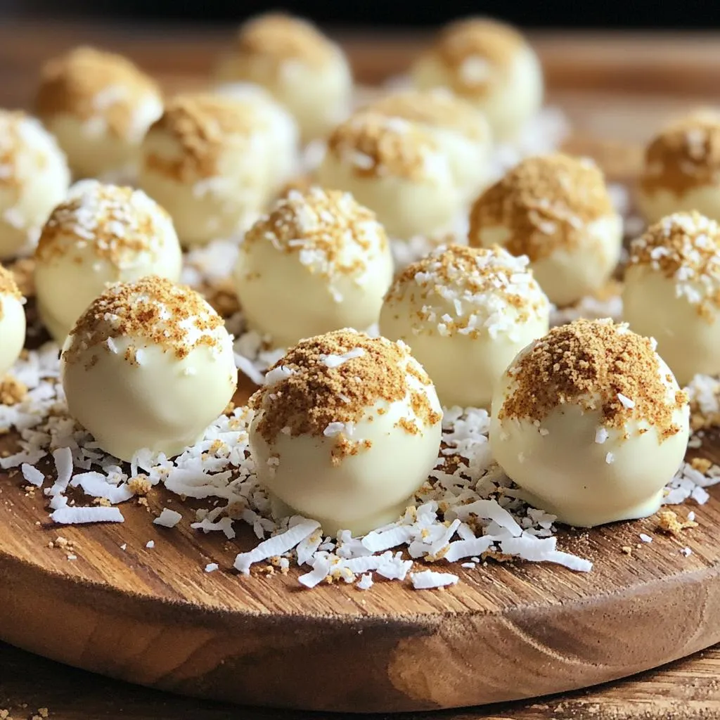 To make No-Bake Eggnog White Chocolate Truffles, gather the following items: - 8 oz white chocolate, finely chopped - 1/2 cup heavy cream - 1/4 cup eggnog (non-alcoholic) - 1/2 teaspoon ground nutmeg - 1/4 teaspoon ground cinnamon - 1/2 teaspoon pure vanilla extract - 1 cup crushed graham crackers - Additional crushed graham crackers or desiccated coconut for rolling If you can't find white chocolate, try a white chocolate baking bar. For a lighter option, use whipped cream instead of heavy cream. You can swap eggnog with a mix of milk and vanilla if needed. Ground ginger can replace cinnamon for a twist. If you want a dairy-free version, use coconut cream and a dairy-free white chocolate. Using high-quality white chocolate is key. It gives the truffles a rich taste. Fresh spices like nutmeg and cinnamon add depth. They make every bite more enjoyable. Quality heavy cream ensures a smooth texture. Good ingredients lead to better flavor and a more delightful treat. Choose wisely for the best no-bake truffles! Start by finely chopping 8 ounces of white chocolate. Place it in a heatproof bowl with 1/2 cup of heavy cream. Set this bowl over a pot of simmering water. This is called a double boiler. Stir the mixture gently. Keep stirring until it melts and becomes smooth. Remove it from heat once it's melted. Set it aside to cool slightly. Now, add 1/4 cup of eggnog to the melted chocolate. Sprinkle in 1/2 teaspoon of ground nutmeg, 1/4 teaspoon of ground cinnamon, and 1/2 teaspoon of pure vanilla extract. Mix everything together well. You want a smooth and creamy mixture. Make sure there are no lumps. This blend gives the truffles their festive flavor. Let the chocolate mixture cool down to room temperature. Then, cover it tightly with plastic wrap. Place it in the fridge for about 2 hours. You want it firm enough to scoop. Once it’s chilled, check the texture. If it holds shape, you're ready to form the truffles. Use a small scoop or your hands to create balls. Aim for about 1 inch in diameter. Prepare a surface with crushed graham crackers or desiccated coconut. Roll each truffle in the coating until fully covered. Gently place them on a parchment-lined baking sheet. This step adds a nice crunch to each bite. Put the baking sheet back in the fridge. Let the truffles chill for another 30 minutes. This helps them set completely. Once set, they are ready to enjoy. You can serve them straight from the fridge or at room temperature. To get a smooth truffle, melt the white chocolate and cream gently. Use a double boiler to avoid burning. Stir the mix until it is fully melted and creamy. After mixing in the eggnog and spices, let it cool to room temperature. Chill until firm but not hard. This will help you form perfect truffle balls. If the mix is too soft, chill it longer. Presentation can make your truffles shine. Use a nice platter to show off your truffles. You can sprinkle extra crushed graham crackers around them for a festive look. If you want a touch of elegance, add whole nutmeg seeds as a garnish. You can also use colored paper cups for each truffle. This adds color and charm to your display. One common mistake is overheating the chocolate. Always melt it slowly to keep it smooth. Another mistake is not chilling the mixture long enough. This can make shaping hard. If you forget to chill, your truffles may turn out messy. Lastly, don’t rush the rolling step. Take your time to coat each truffle well. This ensures every bite is tasty. {{image_4}} You can change the flavor of these truffles by adding new spices. Try using ground ginger for a warm kick. Or, add a pinch of cardamom for a unique twist. You could even mix in some orange zest for a fresh touch. Each of these flavors can complement the eggnog nicely. Experiment and find your favorite blend! If you want a vegan version, swap the heavy cream with coconut cream. Use dairy-free white chocolate for a rich taste. Make sure your eggnog is dairy-free as well. These changes let everyone enjoy the truffles without missing out on flavor. Coating can also change the look and taste of your truffles. Instead of crushed graham crackers, try using crushed nuts like almonds or hazelnuts. You can also roll the truffles in cocoa powder for a chocolatey finish. For a sweet twist, use desiccated coconut. Each option adds a new layer of flavor and texture to your truffles. Store your no-bake eggnog truffles in an airtight container. Line the container with parchment paper to avoid sticking. This helps keep the truffles fresh and tasty. Place a layer of truffles, then add another layer of parchment, and continue stacking. This keeps them safe during storage. These truffles will stay fresh in the fridge for up to two weeks. If you want to enjoy them later, consider freezing them. They can last for up to three months in the freezer. Just remember to let them thaw in the fridge before serving. To freeze truffles, place them on a baking sheet first. Make sure they do not touch each other. Freeze them for about an hour until firm. Once solid, transfer them to a freezer-safe bag or container. Label the bag with the date so you know when you made them. Yes, you can use dark chocolate, but it changes the flavor. Dark chocolate has a stronger taste than white chocolate. If you like rich flavors, this swap works well. Just remember, the truffles will not taste like eggnog as much. These truffles last up to two weeks in the fridge. Store them in an airtight container to keep them fresh. I recommend enjoying them within a week for the best taste. Absolutely! These truffles are perfect for making ahead. You can prepare them a few days in advance. Just chill them well and store them in the fridge until your party. Transport the truffles in a sturdy container. Use a flat container with a lid to prevent them from rolling around. If it’s warm outside, keep them in a cooler to stop them from melting. Making no-bake eggnog truffles is fun and easy. First, choose good ingredients—you want the best flavor. Next, follow the step-by-step guide for a smooth process. Use tips to avoid mistakes and achieve the perfect texture. Feel free to explore various flavors and dietary options. Store your truffles right, and they will stay fresh longer. With these steps, your truffles will surely impress anyone. Enjoy your delicious creation and share it with friends and family!