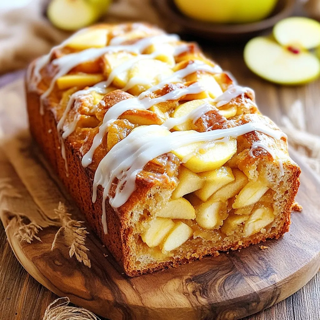 - 3 cups all-purpose flour - 1 tablespoon baking powder - 1 teaspoon ground cinnamon - ½ teaspoon ground nutmeg - ½ teaspoon salt - ½ cup granulated sugar - ½ cup packed brown sugar - ½ cup unsalted butter, melted and slightly cooled - 1 large egg, at room temperature - 1 cup milk, at room temperature - 1 teaspoon vanilla extract For the best flavor, I recommend using a mix of apple varieties. Granny Smith apples bring a tartness, while Honeycrisp adds sweetness. Aim for about 2 cups of apples, peeled, cored, and diced. This step is simple: just slice off the skin, remove the core, and chop the apples into small pieces. This way, they will blend perfectly into the bread. 1. Preheat your oven to 350°F (175°C). This step warms up the oven for even baking. 2. Grease a 9x5 inch loaf pan. This helps the bread slide out easily after baking. 1. In a large bowl, whisk together 3 cups of flour, 1 tablespoon of baking powder, 1 teaspoon of ground cinnamon, ½ teaspoon of ground nutmeg, and ½ teaspoon of salt. Mix these dry ingredients well. 2. In another bowl, combine ½ cup of granulated sugar, ½ cup of packed brown sugar, ½ cup of melted butter, 1 large egg, 1 cup of milk, and 1 teaspoon of vanilla extract. Whisk until smooth. 3. Gradually add the wet mixture to the dry mix. Stir gently with a spatula or wooden spoon until just combined. Don’t overmix, as this can change the bread’s texture. 4. Carefully fold in 2 cups of diced apples. Use a spatula to ensure they are evenly mixed. 1. Pour the batter into the greased loaf pan. If needed, smooth the top with a spatula. 2. Place the pan in the oven and bake for 55-65 minutes. To check if it’s done, insert a toothpick into the center. It should come out clean. If the top browns too fast, cover it lightly with aluminum foil for the last 10-15 minutes. 1. While the bread bakes, prepare the glaze. In a small bowl, whisk together 1 cup of powdered sugar, 2 tablespoons of milk, and ½ teaspoon of vanilla extract until smooth. Adjust the milk to get your preferred thickness. 2. After baking, let the bread cool in the pan for about 10 minutes. Then, transfer it to a wire rack to cool completely. 3. Just before serving, drizzle the glaze over the cooled bread. Let it soak in a little for extra flavor. To get a soft and fluffy bread, avoid overmixing. When you mix the wet and dry ingredients, stir just until combined. This keeps the bread light. After mixing, check for doneness by inserting a toothpick into the center of the bread. It should come out clean. If it has batter on it, bake for a few more minutes. For the best flavor, combine Granny Smith and Honeycrisp apples. The tartness of Granny Smith balances the sweetness of Honeycrisp. For a richer glaze, add a bit more vanilla extract or a pinch of cinnamon. This small touch adds depth to the sweetness. Serve the apple fritter bread on a rustic wooden board for a charming look. Drizzle extra glaze on top for a beautiful finish. Garnish with thinly sliced apple rounds to add color and a fresh touch. This makes your dish stand out and look appetizing. {{image_4}} You can change the flavor of your apple fritter bread. Here are a few ideas: - Adding nuts or dried fruits: You can add chopped walnuts or pecans for a nice crunch. Dried cranberries or raisins also work well and add a sweet touch. - Alternative spices: Try adding a pinch of cardamom or allspice. These spices give a warm and cozy flavor that pairs well with apples. Need to make this bread fit a special diet? Here are two great options: - Gluten-free options: Use a gluten-free flour blend in place of all-purpose flour. Ensure all other ingredients are also gluten-free. - Vegan substitutions: Swap the egg for a flax egg. Mix 1 tablespoon of flaxseed meal with 3 tablespoons of water. Use plant milk instead of regular milk. Pairing your apple fritter bread with drinks can elevate your meal: - Pairing with beverages: This bread goes well with coffee or tea. A warm cup of cider is also a great match, especially in fall. - Transforming into a dessert: Serve it warm with a scoop of vanilla ice cream. Drizzle extra glaze on top for a sweet finish. To keep your apple fritter bread fresh, store it in an airtight container. This keeps moisture in and prevents it from drying out. I recommend placing it at room temperature for up to three days. Avoid the fridge, as it can make the bread stale faster. For longer storage, you can freeze the bread. Wrap it tightly in plastic wrap and then in foil. This helps prevent freezer burn. It can last in the freezer for up to three months. When you’re ready to enjoy it, thaw the bread overnight in the fridge. Reheat it in the oven at 350°F for about 10-15 minutes. This warms it gently and revives its soft texture. In the pantry, apple fritter bread stays fresh for about three days. After that, it may start to dry out. You will notice signs of spoilage, like a hardened crust or an off smell. If you see mold, discard the bread immediately to stay safe. Yes, you can use different apples. I recommend using Granny Smith and Honeycrisp apples. These varieties give the best balance of sweet and tart flavors. Granny Smith adds a nice zing, while Honeycrisp brings sweetness. You can also try Fuji or Braeburn for a twist. Just make sure to peel, core, and dice them before adding to the batter. If the top of your bread browns too fast, cover it with aluminum foil. This will help prevent burning while the inside cooks. You can do this for the last 10-15 minutes of baking. Keep an eye on the bread during baking. Every oven is different, so adjust the time as needed. To keep your bread moist, use fresh apples. The diced apples help add moisture. Also, make sure not to overmix the batter. Overmixing can lead to a dry texture. Use room temperature ingredients like milk and egg for better mixing. Finally, check for doneness with a toothpick; it should come out clean. Yes, you can make this bread ahead of time. Bake it and let it cool completely. Then wrap it tightly in plastic wrap or foil. Store it at room temperature for up to three days. If you want to keep it longer, freeze it for up to three months. Just thaw it at room temperature when ready to enjoy. In this blog post, we covered how to make delicious apple bread. We began with essential ingredients, from dry to wet components, and then explored the apple preparation. I provided step-by-step instructions, tips for the best texture and flavor, and even variations for different diets. Finally, I shared storage insights and answered common questions. Baking can be fun and rewarding. Use these tips to create your perfect apple bread! Enjoy every moment and every bite.