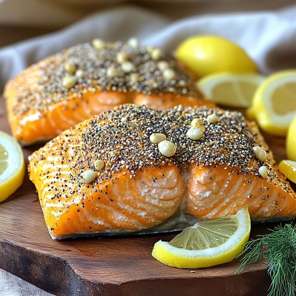 - 2 salmon fillets (approximately 6 oz each) - 2 tablespoons everything bagel seasoning - 1 tablespoon olive oil - Salt and freshly cracked pepper to taste - 1 lemon, sliced (for serving) - Fresh dill, for garnish (optional) For this dish, I choose fresh salmon fillets. They offer a rich flavor and a tender texture. The everything bagel seasoning adds a tasty crunch and depth. I like to use good quality olive oil for a rich taste. You can find everything bagel seasoning at most stores. For seasoning, salt and freshly cracked pepper enhance the salmon. A fresh lemon slice adds a zesty touch. I often use lemon for brightness in fish dishes. Fresh dill is optional but gives a nice presentation and flavor. Gather all your ingredients before you start. This helps keep things organized and fun. Enjoy this simple and tasty dish! Start by preheating your air fryer to 400°F (200°C). This step is key for cooking salmon evenly. Preheating takes about 5 minutes. It helps the salmon cook just right, preventing it from being soggy. Next, take your salmon fillets and dry them well. Use a paper towel to gently pat them dry. This step removes extra moisture. Place the fillets skin-side down on a cutting board. Drizzle 1 tablespoon of olive oil over each fillet. Use your fingers to rub the oil in well. This helps the seasoning stick better. Then, sprinkle salt and freshly cracked pepper on top. Now, grab your everything bagel seasoning. Generously sprinkle it over the salmon fillets. Press it down lightly to make sure it sticks. Carefully place the seasoned salmon into the air fryer basket. Make sure the fillets do not touch. This allows hot air to flow around them for even cooking. Air fry the salmon for about 8-10 minutes. The cooking time can change based on the thickness of your fillets. Check for doneness by seeing if it's opaque and flakes easily with a fork. Once cooked, gently take the salmon out of the air fryer. Let it rest on a plate for a couple of minutes. This helps the juices settle back into the fish. Serve the salmon warm with lemon slices for a fresh touch. You can add fresh dill for a nice garnish if you want. To coat your salmon with olive oil, use a tablespoon. Drizzle the oil over the fillets. Then, rub it in gently with your fingers. This ensures an even spread. It helps the seasoning stick too. Seasoning adherence is key. After sprinkling the everything bagel seasoning, press it down lightly. This helps it cling to the fish. You want every bite to burst with flavor. Garnishing with fresh dill adds a nice pop of color. Place a few sprigs on top of the salmon before serving. It also enhances the taste. For serving, lemon slices elevate the dish. Squeeze fresh lemon juice over the salmon for a bright kick. This adds a zesty flavor that pairs well with the seasoning. Cleaning your air fryer is simple. After cooking, let it cool down. Use a damp cloth to wipe the basket. If needed, soak it in warm, soapy water. Avoid using harsh scrubbers to protect the surface. For longevity, check the heating element. Keep it free from food debris. Regular cleaning helps maintain performance and ensures tasty meals every time. {{image_4}} You can switch up the flavor by using different seasonings. Try a lemon pepper blend for a fresh zing. A garlic and herb mix adds a nice depth too. For a bold taste, use a Cajun seasoning. If you like heat, add crushed red pepper to your bagel seasoning. This will give your salmon a spicy kick. You don’t have to stick to salmon. Other fish fillets work well too. Tilapia and cod are great choices. They have mild flavors and cook quickly. If you find salmon isn’t available, look for these alternatives. They will still taste delicious with the everything bagel seasoning. Want to make this dish gluten-free? Just check the seasoning. Some bagel seasonings contain gluten. Find one that is labeled gluten-free. You can also make this meal low-carb. Skip the bagel and serve the salmon with a salad or steamed veggies. This keeps it light and healthy while still being tasty. To keep your leftover salmon fresh, store it in the fridge. Wrap it tightly in plastic wrap or place it in an airtight container. This helps prevent it from drying out. Aim to eat your leftovers within two days for the best taste. When reheating salmon, keep it moist. The best way is to use the air fryer. Set it to 300°F (150°C) and heat for about 5 minutes. Check to avoid overcooking. Another method is to use a microwave. Cover the salmon with a damp paper towel to keep it juicy. If you want to freeze cooked salmon, let it cool first. Wrap each fillet in plastic wrap, then place them in a freezer bag. Make sure to remove as much air as possible. For the best texture, thaw salmon overnight in the fridge before reheating. Avoid thawing at room temperature to keep it safe. Cooking salmon in an air fryer takes about 8 to 10 minutes. This time can change based on the thickness of your fillets. Thicker pieces may need a bit more time. Always check for doneness. The salmon should be opaque and flake easily with a fork when done. Yes, you can cook frozen salmon in the air fryer. Just add a few extra minutes to the cooking time. Start with 10 to 12 minutes at 400°F (200°C). Make sure to check the salmon for doneness. If it needs more time, air fry for an additional 2 to 3 minutes. Several sides go well with everything bagel salmon. Here are some tasty options: - A light mixed salad with greens and citrus dressing - Steamed broccoli or asparagus - Roasted sweet potatoes or carrots - Quinoa or couscous for a hearty touch These sides add color and nutrition to your meal. Enjoy experimenting with flavors! This blog post covered making delicious everything bagel salmon in an air fryer. You learned about the key ingredients, step-by-step preparation, and cooking tips. We also explored storage methods and variations to suit your taste. Cooking salmon this way is easy and fun. With practice, you'll enjoy tasty meals while saving time. Remember to try out different seasonings and sides. Let your creativity shine in the kitchen with this recipe!