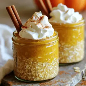 To make Pumpkin Spice Latte Overnight Oats, gather these key ingredients: - 1 cup rolled oats - 1 cup almond milk (or any milk of your choice) - 1/2 cup canned pumpkin puree - 1 tablespoon maple syrup (or honey) - 1 teaspoon pumpkin pie spice - 1/2 teaspoon vanilla extract - A pinch of salt These ingredients create a creamy and flavorful base for your oats. The rolled oats provide a hearty texture. Almond milk gives it a nice creaminess. Canned pumpkin adds both flavor and nutrition. Maple syrup or honey brings sweetness. Pumpkin pie spice gives that warm, cozy taste. Vanilla extract enhances the overall flavor. A pinch of salt balances the sweetness. You can add these optional ingredients for extra flavor and texture: - 2 tablespoons chia seeds (for extra thickness) Chia seeds are a great option. They soak up liquid and thicken your oats. They also add healthy nutrients, making your breakfast even better. Feel free to mix and match based on what you like! When serving your oats, consider these fun toppings: - Whipped cream - Cinnamon stick Whipped cream adds a lovely touch and makes it feel special. A sprinkle of cinnamon or more pumpkin pie spice can enhance the flavor. The cinnamon stick not only looks good but adds extra warmth. You can also serve it with a rustic cloth and a small spoon to create a cozy vibe. Enjoy customizing your breakfast! To start, gather your ingredients. You will need rolled oats, almond milk, canned pumpkin puree, maple syrup, pumpkin pie spice, vanilla extract, and a pinch of salt. If you want extra thickness, add chia seeds. In a large bowl, mix all the ingredients together. Make sure everything blends well. The color should be a nice orange from the pumpkin. Next, divide the mixture into two airtight jars. This helps keep the oats fresh. Seal the jars tightly. Place them in the fridge for at least four hours. If you can, let them sit overnight. This helps the oats soak up all the flavors. When you are ready to enjoy, take the jars out and stir them well. For serving, you can eat the oats cold or warm them in the microwave. Top each jar with whipped cream for a sweet finish. A sprinkle of cinnamon or more pumpkin spice adds a nice touch. You can also add a cinnamon stick for a pretty look. Enjoy your delicious pumpkin spice latte overnight oats! To get the right texture, use rolled oats. They soak up liquid well. Combine oats with milk and pumpkin puree. Stir until smooth. If you want thicker oats, add chia seeds. They make your oats creamier. Let the mixture chill for at least four hours. Overnight is best for the perfect softness. To boost flavor, try adding a pinch of nutmeg. It pairs well with pumpkin spice. You can also mix in some chocolate chips for sweetness. For a richer taste, use flavored almond milk. A splash of coffee can add a nice kick too. Don't hesitate to experiment; your taste is what matters. Make your oats in the evening for a quick breakfast. Set up your jars the night before. Pre-measure your ingredients to save time. You can even make a big batch for the week. Store jars in the fridge for up to five days. This way, you’ll always have a tasty meal ready. {{image_4}} You can easily make pumpkin spice latte overnight oats dairy-free. Just swap the almond milk for your favorite plant-based milk. Options like coconut milk or oat milk work great too. Both add their unique taste and creaminess. If you prefer a nut-free option, go for soy milk or rice milk. These choices keep the flavor but remove dairy. Feel free to play with flavors! You can add a splash of espresso or coffee for an extra kick. If you want more sweetness, try adding a touch of brown sugar or a dash of nutmeg. For a touch of crunch, mix in some granola or pumpkin seeds. These little changes can make your oats exciting and new each time. If you need a nut-free version, just use oat milk or soy milk instead of almond milk. Check your oats to ensure they are nut-free as well. For toppings, skip the nuts and choose seeds, like sunflower or pumpkin seeds. This way, you can enjoy your oats without worrying about nuts. To keep your Pumpkin Spice Latte Overnight Oats fresh, use airtight containers. Glass jars work best. Make sure the lids are sealed tightly. Store them in the fridge right after you prepare them. This helps keep the oats from drying out and losing flavor. Your overnight oats can last up to five days in the fridge. The flavors deepen as they sit, making each bite even better. Keep an eye on the oats for any signs of spoilage. If they smell off or look different, it's best to toss them out. Always check your ingredients' dates, too, especially the almond milk. If you prefer warm oats, you can reheat them easily. Just take the jar out of the fridge. Remove the lid and microwave for about 30 seconds. Stir well and check the temperature. If it’s not warm enough, heat for another 15 seconds. Enjoy your oats hot, or you can eat them cold if you like! Yes, you can make these oats ahead of time. I often prepare them the night before. This lets the flavors blend well. You can store them in the fridge for up to five days. Just keep them in airtight jars. This makes breakfast super easy on busy mornings! If you don’t have almond milk, don’t worry! You can use any milk you like. Cow's milk, oat milk, or soy milk work great. Each option brings its own flavor. Choose the one that fits your taste best. Yes, overnight oats are healthy! They are full of fiber, protein, and nutrients. The oats keep you full and give you energy. Adding pumpkin puree adds vitamins and minerals. Chia seeds boost nutrition too. You can make them as healthy as you want with your favorite toppings. We explored how to make delicious Pumpkin Spice Latte Overnight Oats. You learned about the key ingredients and optional add-ins to customize your oats. I shared step-by-step instructions to get the perfect texture. Tips helped you enhance flavors and save time. You also discovered variations for dietary needs and proper storage methods. Try these tasty oats for a quick, healthy breakfast. They blend flavor and nutrients perfectly. Enjoy these oats any time of day!