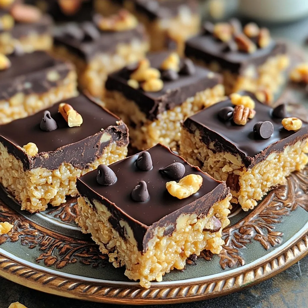 - 1 cup creamy peanut butter - 1/2 cup honey or maple syrup (vegan option) - 1 cup rolled oats - 1 cup puffed rice cereal - 1/2 cup dark chocolate chips - 1/4 teaspoon salt - 1 teaspoon vanilla extract - Optional: 1/4 cup chopped nuts (almonds or walnuts) - Optional: 1/4 cup shredded coconut I love these ingredients because they come together to create a sweet and crunchy treat. The creamy peanut butter provides rich flavor, while honey or maple syrup adds sweetness. Rolled oats give the bars a hearty base, and puffed rice cereal adds a fun crunch. Dark chocolate chips melt beautifully on top. They add a layer of indulgence to every bite. The salt balances the sweetness and enhances the peanut butter flavor. Vanilla extract brings everything together with a lovely aroma. You can customize these bars too! Adding nuts gives extra crunch and protein. Shredded coconut adds a tropical twist and chewiness. Plus, these ingredients are simple and easy to find. They create a delicious snack that everyone will love. - Start by melting 1 cup of creamy peanut butter and 1/2 cup of honey in a medium saucepan. Use low heat and stir gently. You want the mixture smooth and warm, not boiling. - Once smooth, remove from heat. Add 1 teaspoon of vanilla extract and 1/4 teaspoon of salt. Mix well to blend all the flavors. - In a large bowl, mix 1 cup of rolled oats and 1 cup of puffed rice cereal. If you want, add optional ingredients like 1/4 cup of chopped nuts or 1/4 cup of shredded coconut for extra crunch and flavor. - Carefully pour the warm peanut butter mixture over the dry ingredients. Use a spatula to fold everything together. Make sure all the oats and rice are coated well. - Line an 8x8-inch baking dish with parchment paper, letting some paper hang over the edges. This helps lift the bars out later. - Transfer the mixture into the baking dish. Press it down firmly with a spatula or your hands to create an even layer. - Melt 1/2 cup of dark chocolate chips in a microwave-safe bowl. Heat in 20 to 30-second bursts, stirring in between. Once melted, pour it over the pressed mixture. Spread it evenly with a spatula. - Place the baking dish in the refrigerator. Chill for at least 1 hour until firm. - Once set, lift the bars out using the parchment paper. Cut into squares or rectangles. Enjoy your delicious, no-bake treat! To get the best taste, use fresh ingredients. Fresh peanut butter and honey make a big difference. You can also adjust the sweetness. Use honey for a rich flavor or maple syrup for a vegan option. Both sweeteners work well, so pick what you like. Make your bars look great by arranging them on a nice platter. For a pretty touch, sprinkle extra chocolate chips or chopped nuts on top. You can even add a dollop of extra peanut butter on the side. It makes for a fun dip! One mistake is not pressing the mixture firmly enough. If you do not press it well, the bars may fall apart. Another mistake is melting chocolate incorrectly. Always melt it slowly in short bursts. Stir often to avoid burning. This way, you get a smooth, shiny topping! {{image_4}} You can switch to natural sweeteners like agave nectar or coconut sugar. These options can lower the glycemic index. You can also try maple syrup for a vegan treat. For gluten-free options, use certified gluten-free oats and puffed rice. This way, everyone can enjoy these yummy bars. Adding spices can elevate the taste. A dash of cinnamon can create warmth. You might also add a pinch of nutmeg for a twist. If you want to change the chocolate, try milk or white chocolate chips. Each type brings a unique flavor profile to the bars. You can substitute puffed rice with other cereals. Try using corn flakes or granola for a new crunch. Adding dried fruits like cranberries or raisins can give a chewy texture. You might also mix in seeds like chia or flax for added nutrition. Each choice makes the bars even more delightful. To keep your Chocolate Peanut Butter Crunch Bars fresh, store them in the refrigerator. Wrap them tightly in plastic wrap or use an airtight container. This keeps moisture out and helps them last longer. You can also place parchment paper between layers to avoid sticking. If you want to store them for longer, freezing is a good choice. Cut the bars into pieces, then wrap each piece in plastic wrap. Place them in a freezer-safe bag. This way, you can enjoy them later. They will keep well for up to three months in the freezer. You should keep the bars in the fridge for about one week. After that, they may not taste as fresh. If you freeze them, they will last for about three months. Look for signs that the bars are bad. If you see any mold or a strange smell, it’s best to toss them. The chocolate may also become dull or dry out. This means it’s time to say goodbye to your tasty treats. Yes, you can use almond butter. It gives a different taste. Almond butter is creamier and less sweet. Adjust the sweetness if you want more flavor. The texture will stay nice, but the bars may be a bit softer. You can use maple syrup. It is a great choice for sweetness and keeps the bars moist. Agave syrup works too, but it is thinner. If you like, you can try coconut nectar for a unique flavor. Each option may change the taste a little, so choose what you enjoy most. To make them vegan, replace honey with maple syrup. Use dairy-free chocolate chips. Check labels to ensure all ingredients are vegan. You can also skip the optional nuts or coconut if not suitable. The bars will still taste great without these items. To cut the bars neatly, use a sharp knife. Start by warming the knife in hot water. Wipe it dry before slicing. This helps the knife glide through easily. Cut them into squares or rectangles. Wipe the knife between cuts for clean edges. These no-bake bars are easy to make and delicious. We covered the key ingredients, preparation steps, and storage tips. Using fresh, high-quality items will boost flavor and texture. Remember, you can customize the recipe with nuts, spices, or different cereals. Following these tips will help you avoid mistakes and create the perfect treat. Enjoy your homemade snacks anytime, and share them with friends!
