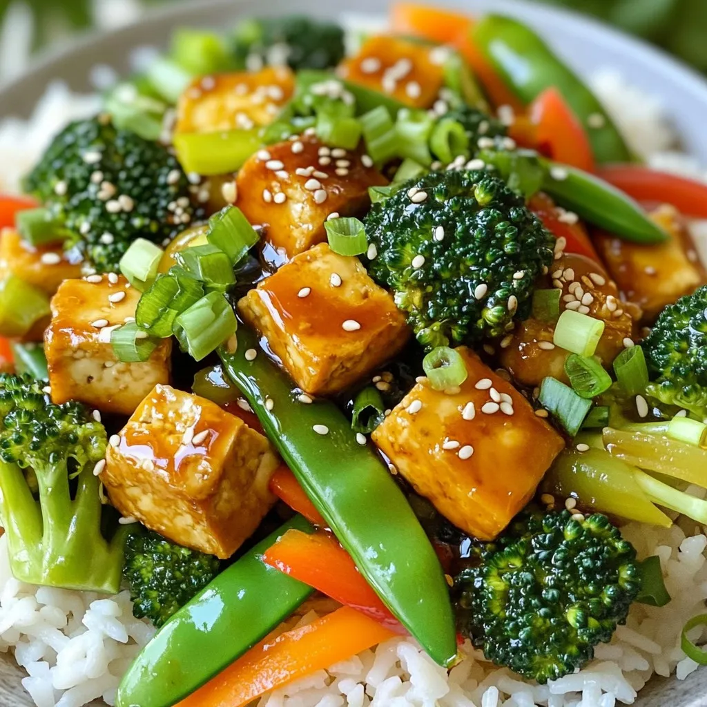 - Firm tofu - Broccoli florets - Bell pepper - Snap peas - Carrots - Green onions - Garlic - Ginger - Low-sodium soy sauce - Pure maple syrup - Rice vinegar - Sesame oil - Sesame seeds - Fresh cilantro For this teriyaki tofu stir fry, the main ingredients are key for flavor and texture. You need firm tofu, which holds its shape and absorbs the sauce well. Broccoli florets add a nice crunch. Bell peppers bring sweetness and color. Snap peas add a delightful snap, while carrots provide a touch of earthiness. Don’t forget the green onions, garlic, and ginger. They bring a punch of flavor. The teriyaki sauce uses low-sodium soy sauce, so it’s less salty. Pure maple syrup adds sweetness. Rice vinegar gives brightness, and sesame oil adds a nutty flavor. For a finishing touch, sprinkle sesame seeds and fresh cilantro on top. This helps make the dish look and taste even better! First, press the tofu. Use a tofu press or wrap it in a clean kitchen towel. Place a weight on top for 15 minutes. This step removes excess water. After pressing, cut the tofu into 1-inch cubes. Next, coat the cubes in cornstarch. The cornstarch creates a nice crispy texture when cooked. Heat a large non-stick skillet over medium-high heat. Add 1 tablespoon of vegetable oil. Once the oil is hot, carefully add the tofu cubes in a single layer. Cook them for 8-10 minutes. Turn the cubes occasionally until they turn golden brown and crispy. Remove the cooked tofu from the skillet and set it on a plate. In the same skillet, add the remaining tablespoon of vegetable oil. This step helps build flavor in your dish. Add minced garlic and grated ginger to the hot oil. Sauté for about 30 seconds until fragrant. Be careful not to burn them, as burnt garlic can taste bitter. Now it’s time to add the vegetables. Toss in broccoli florets, sliced bell pepper, snap peas, and julienned carrots. Stir fry these veggies for 5-7 minutes. Keep tossing to ensure they cook evenly. Your goal is vibrant color and a pleasant crunch. In a small bowl, whisk together low-sodium soy sauce, pure maple syrup, rice vinegar, and sesame oil. This sauce brings all the flavors together. Pour the sauce over the sautéed vegetables in the skillet. Stir to coat all the veggies evenly. Gently return the crispy tofu to the skillet. Be careful not to break the cubes. Mix everything together, ensuring the tofu is well coated in the sauce. Heat for an additional 2-3 minutes. Just before serving, sprinkle chopped green onions and sesame seeds over the stir fry for extra flavor and crunch. To get crispy tofu, start with firm tofu. Always press it well. This removes extra water. Cut the tofu into 1-inch cubes. Coat them in cornstarch for a nice crunch. When you cook, use a hot skillet. This helps the tofu brown nicely. Turn the cubes often. This way, all sides get golden and crispy. For vegetables, choose fresh ones. Broccoli, bell pepper, snap peas, and carrots work great. Cut them into similar sizes. This helps them cook evenly. Stir-fry them quickly over high heat. This keeps them colorful and crunchy. Don't overcook; you want them bright and firm. When making teriyaki sauce, balance sweetness and saltiness. Use low-sodium soy sauce for less salt. Add pure maple syrup for natural sweetness. Adjust the amount to suit your taste. If you like it sweeter, add more syrup. For a tangy kick, include rice vinegar. You can swap out ingredients too. If you want a gluten-free option, use tamari instead of soy sauce. For a richer flavor, try adding a little hoisin sauce. Be creative and make it your own! Serve your teriyaki tofu stir fry over jasmine rice. The rice soaks up the sauce well. For a pop of color, add a sprinkle of sesame seeds. Green onions on top add a fresh touch. You can also garnish with fresh cilantro for extra flavor. When plating, arrange the stir fry neatly. Group the tofu and veggies together. This makes your dish look appealing. A colorful plate makes the meal even more tempting. Enjoy your beautiful and tasty creation! {{image_4}} You can swap tofu for other proteins. Tempeh is a great choice. It has a nutty flavor and is packed with protein. Seitan is another option; it mimics meat well. If you prefer seafood, add shrimp for a tasty twist. Chicken also works nicely. Just make sure it cooks through fully. Each option brings a unique flavor to the dish. Feel free to change up the veggies based on the season. Fresh asparagus and zucchini are great in spring. In summer, try bell peppers and corn for a sweet crunch. In fall, add mushrooms or butternut squash for warmth. Personalize your stir fry with your favorite vegetables. The more colorful your dish, the better it looks and tastes. Different types of soy sauce can change the flavor. Use dark soy sauce for a richer taste. If you want something lighter, use white soy sauce. For gluten-free options, try tamari or coconut aminos. Both work well and keep the taste delicious. Adjust the sweetness by adding more or less maple syrup. To store your teriyaki tofu stir fry, let it cool first. Place leftovers in a container with a tight lid. This keeps the flavors fresh. Use glass or BPA-free plastic containers for best results. These materials help maintain the food's taste and texture. Properly stored, your stir fry lasts up to four days in the fridge. When reheating, keep the tofu crispy. Use a skillet for the best texture. Heat a small amount of oil over medium heat. Add the stir fry and cook for a few minutes until hot. If you use a microwave, place the stir fry in a microwave-safe dish. Cover it with a damp paper towel to help retain moisture. Heat in short bursts, stirring in between. You can freeze teriyaki tofu stir fry if you want to save some for later. To do this, let it cool completely. Use freezer-safe bags or containers. Remove as much air as possible to prevent freezer burn. It should last up to three months in the freezer. When you're ready to eat, thaw it overnight in the fridge. Reheat as mentioned above to enjoy a tasty meal again. Yes, you can use different types of tofu, but firm tofu works best. Firm tofu stays intact during cooking and absorbs flavors well. Soft tofu can break apart and lose its shape. If you use soft tofu, be gentle when cooking and mixing. To add heat, mix in red pepper flakes or sriracha. Start with a small amount, about one teaspoon, and increase to your taste. You can also add fresh chopped chili peppers for a bright kick. This heat pairs well with the sweet and salty notes of the teriyaki sauce. Great side dishes include steamed jasmine rice, quinoa, or a fresh salad. You can also serve it with dumplings or spring rolls for a fun meal. These sides balance the flavors of the stir fry and add variety. This dish lasts up to four days in the fridge. Store it in an airtight container to keep it fresh. The flavors may deepen as it sits, making it even tastier when reheated. Yes, this recipe is fantastic for meal prep. Cook a larger batch and divide it into meal containers. It reheats well and stays delicious, making it perfect for quick lunches or dinners throughout the week. This blog post explored how to make a tasty Teriyaki Tofu Stir Fry. We covered ingredients, step-by-step cooking, tips for texture, and meal variations. Remember, using firm tofu and fresh veggies is key for great taste. Don’t hesitate to experiment with your own additions or swap out ingredients. Enjoy making this dish your own, and relish the satisfaction it brings. Happy cooking!