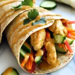 - 2 boneless, skinless chicken breasts - 2 large whole wheat tortillas - 1 cup shredded carrots - 1 cup cucumber, cut into thin strips - 1/2 cup red bell pepper, cut into thin slices - 1/4 cup creamy peanut butter - 2 tablespoons soy sauce - 1 tablespoon honey (or maple syrup) - 1 tablespoon fresh lime juice - 1 teaspoon sriracha (optional) - 1 tablespoon coconut oil - Salt and pepper to taste - Fresh cilantro leaves for garnish The main ingredients in this recipe are simple and fresh. You need chicken breasts for protein and tortillas to wrap everything. The veggies add crunch and nutrition. I use carrots, cucumber, and red bell pepper. They bring bright colors and flavors. For the peanut sauce, creamy peanut butter is the star. It gives a rich taste. Soy sauce adds saltiness. Honey or maple syrup sweetens it a bit. Lime juice brings a touch of tang. If you like heat, add sriracha. This sauce ties everything together. When cooking, I use coconut oil. It adds a nice flavor. Salt and pepper season the chicken. Fresh cilantro is my garnish choice. It adds a pop of color and freshness. This balance of ingredients makes Minute Thai Peanut Chicken Wraps a healthy and simple meal. You can enjoy them any day of the week! 1. Heat 1 tablespoon of coconut oil in a skillet over medium-high heat. This oil gives a nice flavor. 2. Add 2 thinly sliced chicken breasts to the hot skillet. Season with salt and pepper. 3. Cook the chicken for about 5-7 minutes. Stir it often to cook evenly. 4. Check that the chicken reaches an internal temperature of 165°F. It should look golden brown when done. 1. In a small bowl, mix together 1/4 cup creamy peanut butter, 2 tablespoons soy sauce, 1 tablespoon honey (or maple syrup), 1 tablespoon fresh lime juice, and 1 teaspoon sriracha (if you want it spicy). 2. Whisk the mixture until it is smooth and creamy. If it’s too thick, add a splash of warm water to thin it out. 1. Lay one large whole wheat tortilla flat on a clean surface. This is where you will build your wrap. 2. On the lower half of the tortilla, layer the peanut chicken, shredded carrots, cucumber strips, and red bell pepper slices. 3. Fold in the sides of the tortilla to secure the filling. Roll it tightly from the bottom to the top. 4. Repeat with the second tortilla. For a beautiful finish, slice each wrap in half diagonally. Drizzle the remaining peanut sauce over the cut sides and add fresh cilantro for color and taste. To ensure your chicken cooks properly, choose thin slices. This helps it cook evenly. Use a meat thermometer to check that it reaches 165°F. This keeps your meal safe and tasty. To enhance your peanut sauce flavor, mix in fresh lime juice. This adds a zesty kick. If you want more heat, try adding extra sriracha. Taste as you go, and adjust to your liking. For secure wraps, always fold in the sides first. This keeps the filling from falling out. Roll tightly from the bottom up. Practice makes perfect, so don’t worry if it takes a few tries. Presentation is key for serving. Slice each wrap in half diagonally for a nice look. Drizzle some peanut sauce over the cut sides. Add fresh cilantro for a burst of color and flavor. If you have extra vegetables, toss them into a salad. Shredded carrots and cucumbers work great. You can also sauté them for a quick side dish. To store excess peanut sauce, keep it in an airtight container. It lasts in the fridge for about a week. Use it for dipping or drizzling on other dishes. {{image_4}} You can change the chicken for tofu or shrimp. For tofu, use firm or extra-firm types. Press it to remove extra water, then cut it into cubes. Sauté the tofu until golden brown, just like the chicken. This gives it a nice texture. Shrimp is another great option. Cook medium or large shrimp for about 3-4 minutes until they turn pink. Both options make the wraps tasty and fun. If you want a vegan-friendly choice, use chickpeas or lentils. Cook them until tender and mix with the peanut sauce. These plant-based proteins add flavor and nutrition. You can switch up the peanut butter for other nut butters. Almond butter or cashew butter works well. Each gives a unique flavor to the sauce. To make the sauce spicier, add more sriracha. Start with a little and taste as you go. If you prefer sweet, add extra honey or maple syrup. This balance of sweet and spicy makes it even better. Feel free to add more veggies to your wraps. Bell peppers, zucchini, or even spinach can add crunch and nutrition. You can also change the veggies based on the season. In summer, try fresh tomatoes or corn. In fall, add roasted squash or kale. Using seasonal produce makes your wraps fresh and vibrant. To keep your wraps fresh, wrap them tightly in plastic wrap. Place them in an airtight container. This helps keep moisture out. They stay fresh in the fridge for about 2-3 days. After that, they may lose taste and texture. When you are ready to eat, you have a few good options for reheating. You can use a skillet over low heat. This method warms the wraps evenly. You can also use a microwave, but be careful. Wrap them in a damp paper towel to avoid sogginess. Heat in short bursts to keep them from getting too soft. You can freeze these wraps to enjoy later. If you freeze them before assembly, wrap each ingredient separately. For freezing after assembly, wrap each whole wrap tightly in plastic. Place them in a freezer-safe bag. To thaw, move them to the fridge overnight. Reheat as mentioned above to enjoy the flavors again! You can use other oils if you don't have coconut oil. Here are some good choices: - Olive oil - Avocado oil - Canola oil - Grapeseed oil These oils work well for cooking the chicken. Each oil adds a slightly different taste, so pick one you like best. Yes, you can prep these wraps ahead of time! Here are some tips: - Wraps in the fridge: Store them in an airtight container. They stay fresh for up to two days. - Separate sauce: Keep the extra peanut sauce in a small container. This keeps the wraps from getting soggy. - Assemble before serving: It’s best to wrap them just before you eat. This keeps the texture nice. Making this dish gluten-free is easy! Here’s how: - Tortillas: Use gluten-free tortillas instead of whole wheat. Look for brands made from rice or corn. - Soy sauce: Swap regular soy sauce for tamari. Tamari is gluten-free and tastes great in the sauce. These swaps make it simple to enjoy the wraps without gluten. In this post, we explored how to make chicken wraps with peanut sauce. You learned about the key ingredients, like chicken, tortillas, and fresh veggies. I provided detailed steps for cooking, sauce preparation, and assembling the wraps. We also covered tips for cooking, leftovers, and variations like different proteins and sauces. These wraps are tasty, healthy, and easy to customize. Enjoy creating your own versions and make meal time fun!