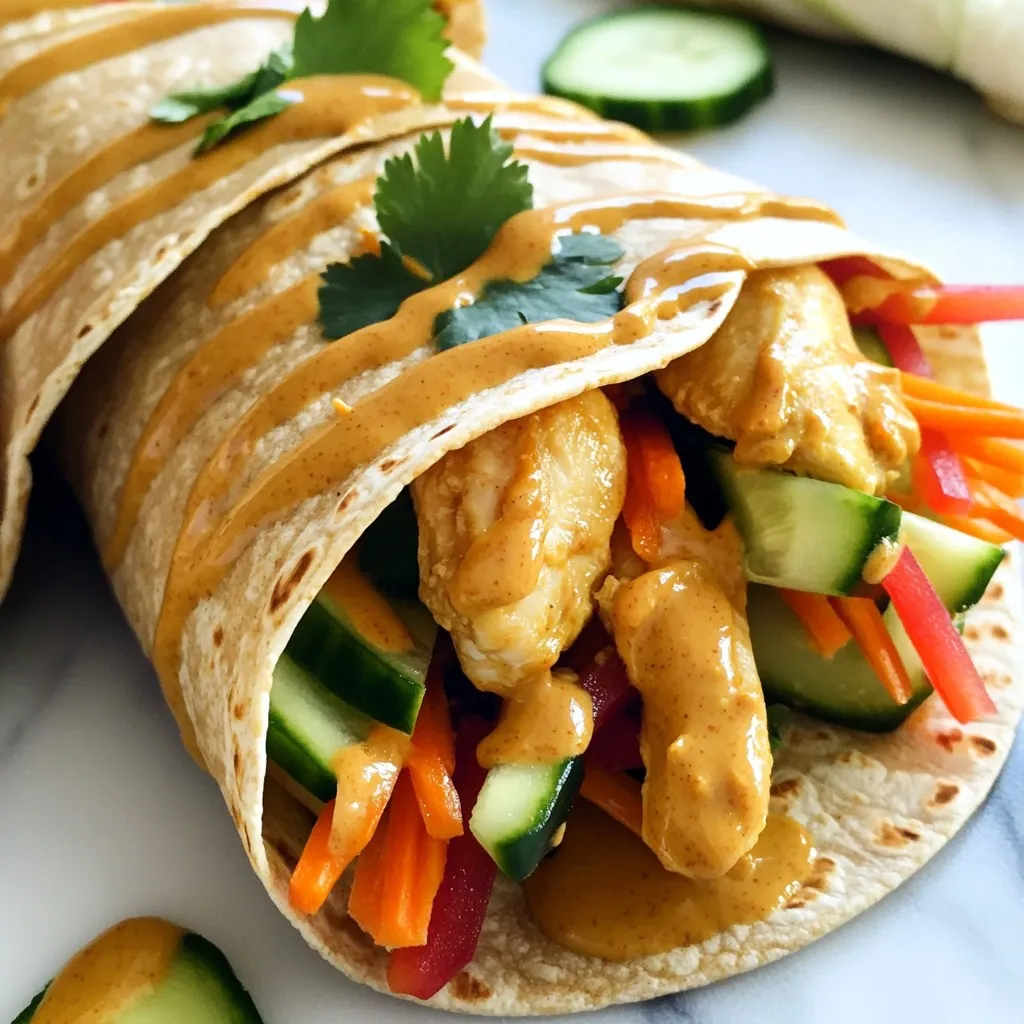 - 2 boneless, skinless chicken breasts - 2 large whole wheat tortillas - 1 cup shredded carrots - 1 cup cucumber, cut into thin strips - 1/2 cup red bell pepper, cut into thin slices - 1/4 cup creamy peanut butter - 2 tablespoons soy sauce - 1 tablespoon honey (or maple syrup) - 1 tablespoon fresh lime juice - 1 teaspoon sriracha (optional) - 1 tablespoon coconut oil - Salt and pepper to taste - Fresh cilantro leaves for garnish The main ingredients in this recipe are simple and fresh. You need chicken breasts for protein and tortillas to wrap everything. The veggies add crunch and nutrition. I use carrots, cucumber, and red bell pepper. They bring bright colors and flavors. For the peanut sauce, creamy peanut butter is the star. It gives a rich taste. Soy sauce adds saltiness. Honey or maple syrup sweetens it a bit. Lime juice brings a touch of tang. If you like heat, add sriracha. This sauce ties everything together. When cooking, I use coconut oil. It adds a nice flavor. Salt and pepper season the chicken. Fresh cilantro is my garnish choice. It adds a pop of color and freshness. This balance of ingredients makes Minute Thai Peanut Chicken Wraps a healthy and simple meal. You can enjoy them any day of the week! 1. Heat 1 tablespoon of coconut oil in a skillet over medium-high heat. This oil gives a nice flavor. 2. Add 2 thinly sliced chicken breasts to the hot skillet. Season with salt and pepper. 3. Cook the chicken for about 5-7 minutes. Stir it often to cook evenly. 4. Check that the chicken reaches an internal temperature of 165°F. It should look golden brown when done. 1. In a small bowl, mix together 1/4 cup creamy peanut butter, 2 tablespoons soy sauce, 1 tablespoon honey (or maple syrup), 1 tablespoon fresh lime juice, and 1 teaspoon sriracha (if you want it spicy). 2. Whisk the mixture until it is smooth and creamy. If it’s too thick, add a splash of warm water to thin it out. 1. Lay one large whole wheat tortilla flat on a clean surface. This is where you will build your wrap. 2. On the lower half of the tortilla, layer the peanut chicken, shredded carrots, cucumber strips, and red bell pepper slices. 3. Fold in the sides of the tortilla to secure the filling. Roll it tightly from the bottom to the top. 4. Repeat with the second tortilla. For a beautiful finish, slice each wrap in half diagonally. Drizzle the remaining peanut sauce over the cut sides and add fresh cilantro for color and taste. To ensure your chicken cooks properly, choose thin slices. This helps it cook evenly. Use a meat thermometer to check that it reaches 165°F. This keeps your meal safe and tasty. To enhance your peanut sauce flavor, mix in fresh lime juice. This adds a zesty kick. If you want more heat, try adding extra sriracha. Taste as you go, and adjust to your liking. For secure wraps, always fold in the sides first. This keeps the filling from falling out. Roll tightly from the bottom up. Practice makes perfect, so don’t worry if it takes a few tries. Presentation is key for serving. Slice each wrap in half diagonally for a nice look. Drizzle some peanut sauce over the cut sides. Add fresh cilantro for a burst of color and flavor. If you have extra vegetables, toss them into a salad. Shredded carrots and cucumbers work great. You can also sauté them for a quick side dish. To store excess peanut sauce, keep it in an airtight container. It lasts in the fridge for about a week. Use it for dipping or drizzling on other dishes. {{image_4}} You can change the chicken for tofu or shrimp. For tofu, use firm or extra-firm types. Press it to remove extra water, then cut it into cubes. Sauté the tofu until golden brown, just like the chicken. This gives it a nice texture. Shrimp is another great option. Cook medium or large shrimp for about 3-4 minutes until they turn pink. Both options make the wraps tasty and fun. If you want a vegan-friendly choice, use chickpeas or lentils. Cook them until tender and mix with the peanut sauce. These plant-based proteins add flavor and nutrition. You can switch up the peanut butter for other nut butters. Almond butter or cashew butter works well. Each gives a unique flavor to the sauce. To make the sauce spicier, add more sriracha. Start with a little and taste as you go. If you prefer sweet, add extra honey or maple syrup. This balance of sweet and spicy makes it even better. Feel free to add more veggies to your wraps. Bell peppers, zucchini, or even spinach can add crunch and nutrition. You can also change the veggies based on the season. In summer, try fresh tomatoes or corn. In fall, add roasted squash or kale. Using seasonal produce makes your wraps fresh and vibrant. To keep your wraps fresh, wrap them tightly in plastic wrap. Place them in an airtight container. This helps keep moisture out. They stay fresh in the fridge for about 2-3 days. After that, they may lose taste and texture. When you are ready to eat, you have a few good options for reheating. You can use a skillet over low heat. This method warms the wraps evenly. You can also use a microwave, but be careful. Wrap them in a damp paper towel to avoid sogginess. Heat in short bursts to keep them from getting too soft. You can freeze these wraps to enjoy later. If you freeze them before assembly, wrap each ingredient separately. For freezing after assembly, wrap each whole wrap tightly in plastic. Place them in a freezer-safe bag. To thaw, move them to the fridge overnight. Reheat as mentioned above to enjoy the flavors again! You can use other oils if you don't have coconut oil. Here are some good choices: - Olive oil - Avocado oil - Canola oil - Grapeseed oil These oils work well for cooking the chicken. Each oil adds a slightly different taste, so pick one you like best. Yes, you can prep these wraps ahead of time! Here are some tips: - Wraps in the fridge: Store them in an airtight container. They stay fresh for up to two days. - Separate sauce: Keep the extra peanut sauce in a small container. This keeps the wraps from getting soggy. - Assemble before serving: It’s best to wrap them just before you eat. This keeps the texture nice. Making this dish gluten-free is easy! Here’s how: - Tortillas: Use gluten-free tortillas instead of whole wheat. Look for brands made from rice or corn. - Soy sauce: Swap regular soy sauce for tamari. Tamari is gluten-free and tastes great in the sauce. These swaps make it simple to enjoy the wraps without gluten. In this post, we explored how to make chicken wraps with peanut sauce. You learned about the key ingredients, like chicken, tortillas, and fresh veggies. I provided detailed steps for cooking, sauce preparation, and assembling the wraps. We also covered tips for cooking, leftovers, and variations like different proteins and sauces. These wraps are tasty, healthy, and easy to customize. Enjoy creating your own versions and make meal time fun!