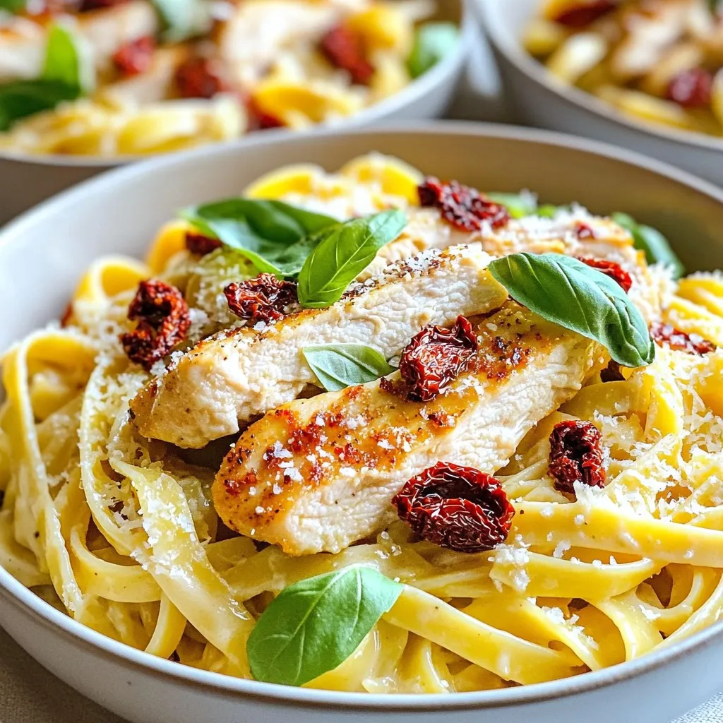 - 2 boneless, skinless chicken breasts - 8 oz fettuccine pasta - 1 cup sun-dried tomatoes, chopped - 2 cups heavy cream - 1 tablespoon olive oil - 3 cloves garlic, minced - 1/2 cup grated Parmesan cheese - 1 teaspoon dried basil - 1 teaspoon dried oregano - Salt and pepper to taste - Fresh basil leaves for garnish - Skillet - Large pot - Cooking utensils I love using simple and fresh ingredients for this dish. The chicken breasts provide protein, while the fettuccine pasta gives that comforting base. Sun-dried tomatoes add a burst of flavor that shines through in every bite. Heavy cream creates that rich, creamy sauce we all crave. Don't forget the olive oil and garlic; they bring warmth and depth to the dish. The Parmesan cheese melts into the sauce, making it extra cheesy. Dried basil and oregano add a nice herbal touch, elevating the overall flavor. For tools, a large pot is crucial for cooking the pasta. A skillet is needed for the chicken and sauce. Basic cooking utensils like a spatula and a knife will make your prep smooth and easy. Gather these ingredients and tools, and you’re ready to make a truly delightful meal! To boil pasta properly, fill a large pot with water. Add a good amount of salt to the water. This step adds flavor to your pasta. Bring the water to a boil. Once boiling, add the fettuccine. Cook it according to the package instructions until it is al dente. This means the pasta should be firm but not hard. When done, drain the pasta, but do not forget to reserve about 1/4 cup of the pasta water. This water will help thicken the sauce later. While your pasta cooks, heat olive oil in a large skillet over medium heat. You want the oil hot, but not smoking. Season both sides of the chicken breasts with salt and pepper. This step is key for great flavor. Cook the chicken for 6-8 minutes on each side. Look for a golden brown finish. Ensure the chicken is no longer pink in the center. After cooking, remove the chicken and let it rest for a few minutes. Slice it into thin strips. In the same skillet, add minced garlic and cook for about 30 seconds. You want the garlic to become fragrant, but be careful not to burn it. Next, add chopped sun-dried tomatoes. Sauté them for 1-2 minutes to enhance their flavor. After that, pour in the chicken broth and bring it to a gentle simmer. Let it cook for 2-3 minutes. This reduces the broth slightly. Then, add heavy cream along with dried basil and oregano. Stir until everything blends well and begins to bubble gently. Once your sauce is ready, it’s time to mix in the pasta. Toss the cooked fettuccine directly into the skillet. Make sure each strand is coated in the sauce. Add the sliced chicken into the mix. Stir everything together until well combined and warmed through. If your sauce seems too thick, add a splash of the reserved pasta water to reach your desired consistency. Make sure to taste the dish and adjust the seasoning if needed with extra salt and pepper. To thin the sauce, simply add a splash of reserved pasta water. This water has starch, which helps bind the sauce to the pasta. If the sauce is too thin, let it simmer longer. This will allow it to reduce and thicken up. Taste the sauce and adjust flavors using salt, pepper, or herbs. A pinch of sugar can balance out acidity from tomatoes. You can grill or bake chicken instead of pan-searing. Grilling adds a smoky flavor, while baking keeps it juicy. Marinating chicken is great too. Use olive oil, lemon juice, and herbs to add flavor. Let it sit for at least 30 minutes before cooking for the best taste. For a beautiful dish, serve the pasta in shallow bowls. Garnish with fresh basil leaves and extra Parmesan cheese on top. A drizzle of olive oil adds shine and richness. Pair this dish with a crisp green salad and a light white wine. It makes for a delightful meal. {{image_4}} You can easily change this dish to fit your taste. Here are some ideas: - Using Different Pasta Types: If you want a twist, try penne or rigatoni. They hold the sauce well. You can even use whole wheat or gluten-free pasta for a healthier option. - Substituting Proteins or Vegetables: Chicken is great, but feel free to switch it up. Use shrimp or tofu for a new flavor. You can also add veggies like spinach or bell peppers for extra color and nutrients. Making this dish fit your dietary needs is simple. Here’s how: - Making It Gluten-Free: Substitute the fettuccine with gluten-free pasta. You can find many options at your local store. - Vegan Alternatives to Chicken and Cream: Use chickpeas or mushrooms instead of chicken. For cream, try coconut cream or cashew cream. These swaps keep the dish rich and tasty. Want to add a little more flair? Consider these options: - Adding Spices or Herbs for Variation: You can boost the flavor with red pepper flakes for heat or fresh herbs like thyme or parsley. They add freshness and depth. - Incorporating Different Cheeses: While Parmesan is classic, feel free to mix in mozzarella or feta. They bring unique textures and flavors to the dish. To keep your Creamy Sun-Dried Tomato Chicken Pasta fresh, store leftovers in the fridge. Use an airtight container. This keeps the pasta safe and tasty. Make sure it cools before sealing it up. The pasta can last about 3 to 4 days in the fridge. When reheating pasta, use low heat. This helps avoid overcooking. You can use a skillet or microwave. If using a skillet, add a splash of chicken broth or water. This keeps the pasta moist. Stir gently to keep the creamy sauce smooth. You can freeze this dish for later. Allow it to cool completely first. Then, place it in a freezer-safe container. Seal it well to prevent freezer burn. It can stay frozen for up to 3 months. To use frozen pasta, thaw it overnight in the fridge. Reheat gently on the stove or in the microwave. Add a little cream or broth if needed to revive the creamy texture. Creamy Sun-Dried Tomato Chicken Pasta lasts about 3 to 4 days in the fridge. Store it in an airtight container to keep it fresh. Make sure to let it cool down before sealing. This keeps the flavors intact and prevents sogginess. Yes, you can make this dish ahead of time. Here’s how: - Cook the Chicken and Sauce: You can cook the chicken and sauce up to 2 days in advance. - Store Separately: Keep the cooked pasta separate from the sauce. This prevents the pasta from absorbing too much sauce and becoming mushy. - Reheat Gently: When ready to serve, reheat the chicken and sauce together over low heat. Then add the pasta and mix well. Here are some great side dishes and drinks to pair with this pasta: - Garlic Bread: This adds a crunchy texture and is great for soaking up the sauce. - Side Salad: A fresh green salad with vinaigrette balances the creamy pasta. - Wine Pairing: A glass of white wine, like Chardonnay, complements the dish well. In this post, we covered how to make Creamy Sun-Dried Tomato Chicken Pasta. We explored the key ingredients, cooking steps, and tips for great flavors. It's essential to boil pasta correctly and cook the chicken thoroughly for the best result. Remember to adjust your sauce for best taste and consider various ingredient swaps. This dish can adapt to different diets too. Enjoy storing and reheating your leftovers properly to maintain flavor. With these tips, you can create a delicious meal that impresses every time.