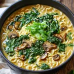 - 2 packs of ramen noodles (discard seasoning packets) - 2 tablespoons olive oil - 1 small onion, finely diced - 3 cloves garlic, minced - 8 oz (225g) mixed mushrooms, sliced (cremini and button) - 4 cups vegetable broth - 1 cup unsweetened almond milk (or any plant-based milk) - 4 cups fresh spinach, roughly chopped - 2 tablespoons soy sauce - 1 tablespoon sesame oil - 1 tablespoon cornstarch mixed with 2 tablespoons water (cornstarch slurry) - Salt and pepper to taste - Green onions, sliced, for garnish - Sesame seeds, for garnish (optional) You can change some ingredients if you like. Instead of olive oil, try butter or coconut oil. If you don’t have mixed mushrooms, use just one type you like best. For the broth, feel free to use chicken broth if you prefer. Any non-dairy milk works, so use oat or soy milk if you have those on hand. If you need to skip soy sauce, try tamari or coconut aminos for a similar taste. To make your dish pop, sprinkle sliced green onions on top. They add a nice crunch and color. You can also toss on some sesame seeds for extra flavor and texture. If you want a kick, add some red pepper flakes or chili oil to spice it up! Start by heating the olive oil in a large pot over medium heat. Add the diced onion and cook for about 3-4 minutes. You want it to become soft and fragrant. Next, add the minced garlic and sliced mushrooms. Cook for another 5-7 minutes. The mushrooms should turn brown and release their water, mixing well with the onions and garlic. This mix creates a rich and tasty base for your ramen. Once your base is ready, it’s time to add the liquids. Slowly pour in the vegetable broth and almond milk. Stir well to combine everything. Turn up the heat a bit until the mix starts to boil gently. Now, toss in the ramen noodles. Cook them for about 4-5 minutes. Stir occasionally to keep them from sticking. The noodles should become tender and soak up the tasty broth. Now it’s time for the spinach! Fold in the chopped spinach, soy sauce, and sesame oil. Cook for another 2-3 minutes. You want the spinach to wilt and turn a bright green. To thicken the broth, slowly add the cornstarch slurry while stirring. Let it simmer for another minute or two. Taste the broth and add salt and pepper as needed. Now your creamy spinach mushroom ramen is ready to serve! - Overcooking the noodles: Ramen cooks fast. Check them after 4 minutes. - Not sautéing enough: Mushrooms and onions need time to build flavor. - Skipping seasoning: Always taste your broth. Adjust salt and pepper if needed. - Adding spinach too early: Wait until noodles are cooked to keep spinach bright. - Use a mix of mushrooms for depth. Cremini and button give great taste. - Sauté garlic just until fragrant. This keeps it from burning. - Add a splash of soy sauce early for a richer base. - Top with fresh green onions and sesame seeds for extra crunch. - For a creamier broth, add more almond milk. Start with a half cup. - If it’s too thick, stir in a little extra broth or water. - Use the cornstarch slurry slowly. This helps you control thickness. - If you want it richer, try adding a bit of coconut milk. {{image_4}} You can add protein to make this dish heartier. Tofu works well. Just cut it into small cubes and sauté it with the onion and mushrooms. Chicken is another option. Cook bite-sized pieces until they are golden brown before adding the broth. Shrimp also fits nicely in this recipe. Just toss them in during the last few minutes of cooking. They cook fast and add great flavor. Feel free to switch up the veggies based on what you have. Kale can replace spinach. It adds a nice texture and flavor. Broccoli or bell peppers are great options too. You can even toss in some carrots for a pop of color. Just remember to chop them small so they cook quickly and blend well with the ramen. You can boost flavor with simple additions. A squeeze of lime gives a fresh taste. If you like spice, add some chili flakes or sriracha. You can also try miso paste for a deeper umami flavor. Just stir a spoonful in with the broth. For a nutty touch, sprinkle some crushed peanuts on top before serving. These small changes can make a big difference! After enjoying your One Pot Creamy Spinach Mushroom Ramen, store leftovers in an airtight container. Let the ramen cool down first. This helps keep the noodles from getting mushy. You can keep it in the fridge for up to three days. When it’s time to enjoy your leftovers, reheat them on the stove. Pour the ramen into a pot over medium heat. Stir it gently while warming. This helps the noodles soak up the broth again. You can also add a splash of vegetable broth or almond milk to keep it creamy. Heat until warm throughout, about 5 to 7 minutes. If you want to save some ramen for later, you can freeze it. Portion the ramen into freezer-safe containers. Leave some space at the top because the broth will expand. It’s best to use it within two months. When ready to eat, thaw it in the fridge overnight. Reheat as mentioned above, adding extra broth if needed. Yes, you can use regular milk. It will still taste good. The creaminess may change a bit. If you like dairy, whole milk will work well. Just remember, it might not be vegan. You can use arrowroot powder or flour. Both thicken broth nicely. Just mix them with water like you would with cornstarch. Use the same amount for best results. Leftovers will stay fresh for about three days. Store them in an airtight container. Before eating, heat them on the stove or in the microwave. Add a splash of broth if it seems dry. This guide covered key steps to make delicious ramen. We explored essential ingredients, substitutions, and tasty garnishes. You learned how to cook the noodles, add spinach, and adjust flavors. We shared tips to avoid common mistakes and enhance your dish. You can also personalize it with proteins and veggies. Remember, the right storage is key for leftovers. Follow these steps, and enjoy your meal!