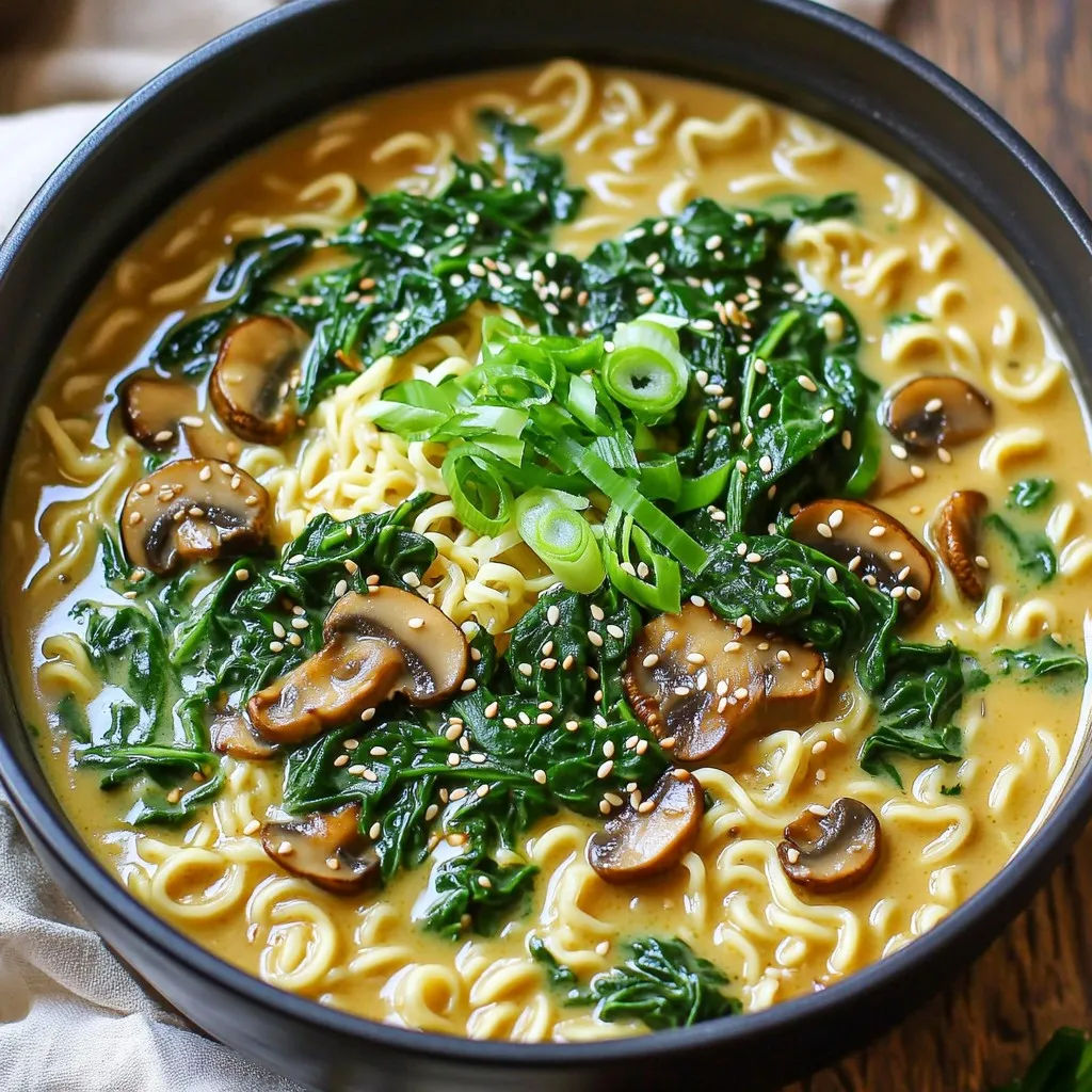 - 2 packs of ramen noodles (discard seasoning packets) - 2 tablespoons olive oil - 1 small onion, finely diced - 3 cloves garlic, minced - 8 oz (225g) mixed mushrooms, sliced (cremini and button) - 4 cups vegetable broth - 1 cup unsweetened almond milk (or any plant-based milk) - 4 cups fresh spinach, roughly chopped - 2 tablespoons soy sauce - 1 tablespoon sesame oil - 1 tablespoon cornstarch mixed with 2 tablespoons water (cornstarch slurry) - Salt and pepper to taste - Green onions, sliced, for garnish - Sesame seeds, for garnish (optional) You can change some ingredients if you like. Instead of olive oil, try butter or coconut oil. If you don’t have mixed mushrooms, use just one type you like best. For the broth, feel free to use chicken broth if you prefer. Any non-dairy milk works, so use oat or soy milk if you have those on hand. If you need to skip soy sauce, try tamari or coconut aminos for a similar taste. To make your dish pop, sprinkle sliced green onions on top. They add a nice crunch and color. You can also toss on some sesame seeds for extra flavor and texture. If you want a kick, add some red pepper flakes or chili oil to spice it up! Start by heating the olive oil in a large pot over medium heat. Add the diced onion and cook for about 3-4 minutes. You want it to become soft and fragrant. Next, add the minced garlic and sliced mushrooms. Cook for another 5-7 minutes. The mushrooms should turn brown and release their water, mixing well with the onions and garlic. This mix creates a rich and tasty base for your ramen. Once your base is ready, it’s time to add the liquids. Slowly pour in the vegetable broth and almond milk. Stir well to combine everything. Turn up the heat a bit until the mix starts to boil gently. Now, toss in the ramen noodles. Cook them for about 4-5 minutes. Stir occasionally to keep them from sticking. The noodles should become tender and soak up the tasty broth. Now it’s time for the spinach! Fold in the chopped spinach, soy sauce, and sesame oil. Cook for another 2-3 minutes. You want the spinach to wilt and turn a bright green. To thicken the broth, slowly add the cornstarch slurry while stirring. Let it simmer for another minute or two. Taste the broth and add salt and pepper as needed. Now your creamy spinach mushroom ramen is ready to serve! - Overcooking the noodles: Ramen cooks fast. Check them after 4 minutes. - Not sautéing enough: Mushrooms and onions need time to build flavor. - Skipping seasoning: Always taste your broth. Adjust salt and pepper if needed. - Adding spinach too early: Wait until noodles are cooked to keep spinach bright. - Use a mix of mushrooms for depth. Cremini and button give great taste. - Sauté garlic just until fragrant. This keeps it from burning. - Add a splash of soy sauce early for a richer base. - Top with fresh green onions and sesame seeds for extra crunch. - For a creamier broth, add more almond milk. Start with a half cup. - If it’s too thick, stir in a little extra broth or water. - Use the cornstarch slurry slowly. This helps you control thickness. - If you want it richer, try adding a bit of coconut milk. {{image_4}} You can add protein to make this dish heartier. Tofu works well. Just cut it into small cubes and sauté it with the onion and mushrooms. Chicken is another option. Cook bite-sized pieces until they are golden brown before adding the broth. Shrimp also fits nicely in this recipe. Just toss them in during the last few minutes of cooking. They cook fast and add great flavor. Feel free to switch up the veggies based on what you have. Kale can replace spinach. It adds a nice texture and flavor. Broccoli or bell peppers are great options too. You can even toss in some carrots for a pop of color. Just remember to chop them small so they cook quickly and blend well with the ramen. You can boost flavor with simple additions. A squeeze of lime gives a fresh taste. If you like spice, add some chili flakes or sriracha. You can also try miso paste for a deeper umami flavor. Just stir a spoonful in with the broth. For a nutty touch, sprinkle some crushed peanuts on top before serving. These small changes can make a big difference! After enjoying your One Pot Creamy Spinach Mushroom Ramen, store leftovers in an airtight container. Let the ramen cool down first. This helps keep the noodles from getting mushy. You can keep it in the fridge for up to three days. When it’s time to enjoy your leftovers, reheat them on the stove. Pour the ramen into a pot over medium heat. Stir it gently while warming. This helps the noodles soak up the broth again. You can also add a splash of vegetable broth or almond milk to keep it creamy. Heat until warm throughout, about 5 to 7 minutes. If you want to save some ramen for later, you can freeze it. Portion the ramen into freezer-safe containers. Leave some space at the top because the broth will expand. It’s best to use it within two months. When ready to eat, thaw it in the fridge overnight. Reheat as mentioned above, adding extra broth if needed. Yes, you can use regular milk. It will still taste good. The creaminess may change a bit. If you like dairy, whole milk will work well. Just remember, it might not be vegan. You can use arrowroot powder or flour. Both thicken broth nicely. Just mix them with water like you would with cornstarch. Use the same amount for best results. Leftovers will stay fresh for about three days. Store them in an airtight container. Before eating, heat them on the stove or in the microwave. Add a splash of broth if it seems dry. This guide covered key steps to make delicious ramen. We explored essential ingredients, substitutions, and tasty garnishes. You learned how to cook the noodles, add spinach, and adjust flavors. We shared tips to avoid common mistakes and enhance your dish. You can also personalize it with proteins and veggies. Remember, the right storage is key for leftovers. Follow these steps, and enjoy your meal!
