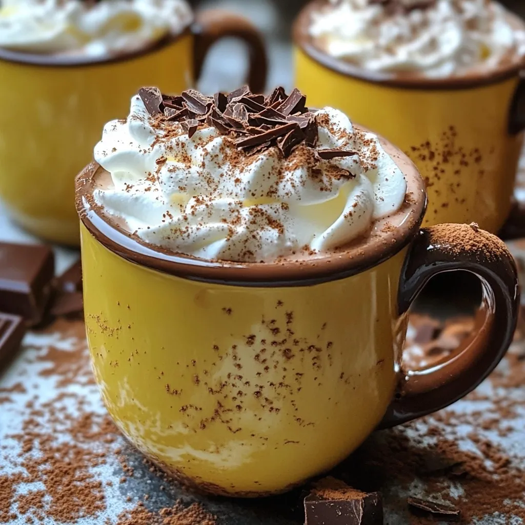 To make the Spiced Hot Chocolate with Whipped Cream, gather these key ingredients: - 2 cups whole milk - 2 tablespoons unsweetened cocoa powder - 2 tablespoons granulated sugar - 1/2 teaspoon ground cinnamon - 1/4 teaspoon ground nutmeg - 1/4 teaspoon cayenne pepper (more for extra heat) - 1/2 teaspoon pure vanilla extract - 1/4 cup heavy cream (for whipped cream) - 1 tablespoon powdered sugar (for sweetening whipped cream) - A pinch of sea salt - Dark chocolate shavings (optional garnish) Each ingredient plays a special role in making this drink rich and flavorful. The whole milk gives creaminess, while cocoa powder adds that classic chocolate taste. Sugar balances the flavors, and spices like cinnamon, nutmeg, and cayenne pepper bring warmth and depth. A touch of vanilla enriches the aroma. When making the whipped cream, heavy cream and powdered sugar blend perfectly to create a sweet topping. Adding dark chocolate shavings on top makes it look fancy, but it’s optional. These simple ingredients come together for a cozy treat that warms the soul. - Mixing the ingredients Start by grabbing a small saucepan. In it, combine 2 cups of whole milk, 2 tablespoons of unsweetened cocoa powder, and 2 tablespoons of granulated sugar. Add 1/2 teaspoon of ground cinnamon, 1/4 teaspoon of ground nutmeg, and 1/4 teaspoon of cayenne pepper. Don't forget a pinch of sea salt. This mix gives your hot chocolate a rich flavor. - Heating and whisking Place your saucepan over medium heat. Whisk the mixture constantly as it warms. This step helps the cocoa powder dissolve well. Heat it until the milk is steamy, but be careful not to let it boil. Once it’s hot, remove it from the heat. - Adjusting flavor to taste Stir in 1/2 teaspoon of pure vanilla extract. Now, take a quick taste. Adjust the sweetness or spice level if needed. Add more sugar for sweetness or more cayenne for a spicy kick. - Combining ingredients In a mixing bowl, combine 1/4 cup of heavy cream and 1 tablespoon of powdered sugar. This mix will become your whipped cream. - Whipping to soft peaks Use a hand mixer to whip the cream. Mix until you see soft peaks form. Be careful not to over-whip, or it might turn grainy. You want it light and fluffy. - Tips for perfect whipped cream Keep your bowl and cream cold for better results. It helps the cream whip up faster. If you desire more flavor, consider adding a splash of vanilla extract. - Pouring into mugs Take the hot chocolate and pour it into two mugs. Fill them generously so everyone enjoys a full serving. - Topping with whipped cream Add a generous dollop of whipped cream on top of each mug. Let it create a lovely swirl. - Adding dark chocolate shavings For a fancy touch, sprinkle dark chocolate shavings over the whipped cream. This step adds extra flavor and elegance to your drink. Enjoy your warm, spiced hot chocolate! To make your spiced hot chocolate shine, adjust sweetness and spice to your taste. Start with two tablespoons of sugar. If you want it sweeter, add more. For spice, cayenne pepper adds heat. Start with a pinch, then add more if you like it spicy. Using high-quality cocoa is key. It makes your drink rich and smooth. Look for brands with high cocoa content. They give a deeper flavor. Fresh spices also help. Buy whole spices and grind them at home. This ensures maximum flavor in every sip. Pick the best saucepan for heating. A heavy-bottomed one helps heat evenly. This stops scorching. For mixing, use a whisk. A good whisk makes it easy to blend ingredients. If you prefer a mixer, a hand mixer works great too. Garnishing makes your hot chocolate special. Dark chocolate shavings on top add beauty and taste. You can also use a sprinkle of cinnamon for a cozy look. Serve it warm, just below boiling. Pair it with cookies or marshmallows for a sweet treat. Enjoy each sip! {{image_4}} You can easily make this spiced hot chocolate dairy-free. Use almond, oat, or coconut milk instead of whole milk. Each milk brings its own flavor. Almond milk adds nutty notes. Oat milk gives a creamier texture. Coconut milk adds richness. You may need to adjust the sugar based on the milk you pick. A sweeter milk may need less sugar. Get creative with flavors! Peppermint is a great choice for a festive twist. Simply add a few drops of peppermint extract. Orange zest brightens the drink. Just a teaspoon will do! You can also add a dash of vanilla extract for extra warmth. Consider mixing in spices like cardamom or ginger for added depth. Each option enhances the chocolate beautifully. If you're watching your sugar, you can use a sugar substitute. Stevia or monk fruit sweetener works well. These keep the flavor while cutting calories. For a vegan whipped cream, try coconut cream instead of heavy cream. Chill a can of coconut milk, then whip the solid part. It creates a fluffy topping that pairs perfectly with hot chocolate. To keep your spiced hot chocolate fresh, store it in the fridge. Use an airtight container to seal in flavor. Glass jars or plastic containers work well for this. Make sure to cool the hot chocolate to room temperature before placing it in the fridge. When you want to enjoy leftovers, reheat the hot chocolate gently. Use a small saucepan over low heat. Stir well to mix in any settled spices. You can also use the microwave, but heat it in short bursts. This helps prevent boiling, which can change the taste. Your spiced hot chocolate should stay good for up to three days in the fridge. The whipped cream lasts about two days. Look for changes in smell or texture to know if it has gone bad. If it smells sour or looks lumpy, it's best to toss it out. For spiced hot chocolate, whole milk is my top choice. It makes the drink creamy and rich. Almond milk is a great dairy-free option. It adds a nice nutty flavor but is thinner. Oat milk offers a smooth texture and sweetness. It’s also dairy-free and works well. Choose the milk that fits your taste and dietary needs. Yes, you can prep spiced hot chocolate ahead of time. Simply make the mixture without the whipped cream. Store it in the fridge for up to two days. When you’re ready, heat it gently on the stove. Stir well to mix everything. Whip the cream fresh for the best taste. This way, it stays fluffy and light. To add more spice, increase the cayenne pepper. Start with a pinch and taste as you go. You can also add more ground cinnamon or nutmeg for warmth. If you enjoy heat, try adding a dash of chili powder. Adjust the spices to fit your taste. Remember, it’s all about what you like! This blog post covered the essentials of making a rich spiced hot chocolate. We explored the key ingredients, step-by-step instructions, and tips for mastering flavor. You can even try different variations to fit your diet. Remember to store leftovers properly and reheat to keep the taste intact. Enjoy experimenting with flavors and garnishes. A cozy cup is just a recipe away! Dive into your hot chocolate journey and savor every sip.