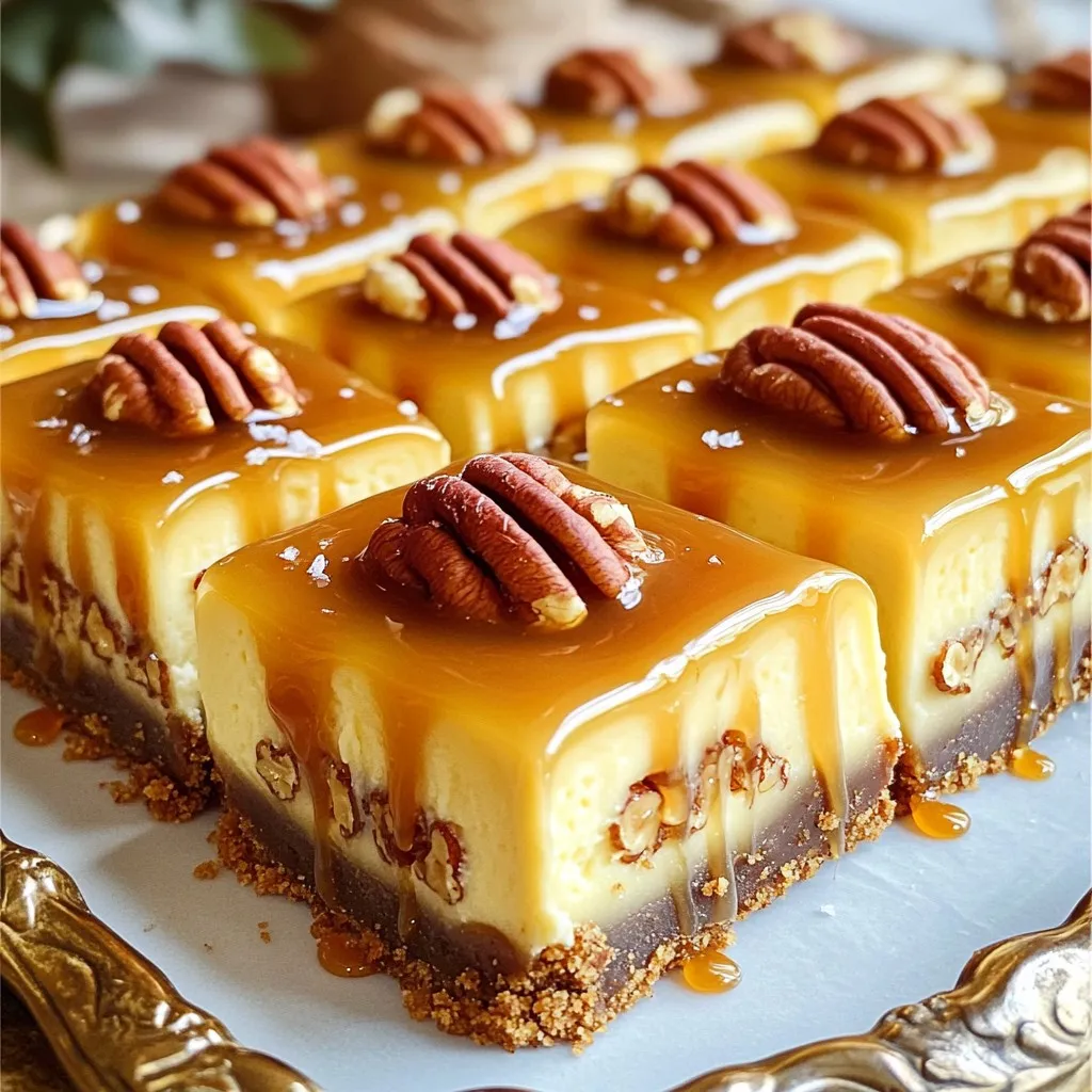- 1 ½ cups graham cracker crumbs - ½ cup unsalted butter, melted - 1 cup cream cheese, softened to room temperature - ½ cup granulated sugar - 1 teaspoon pure vanilla extract - 2 large eggs - 1 cup sour cream - 1 cup pecans, roughly chopped - 1 cup caramel sauce (store-bought or homemade) - Sea salt, for finishing - Homemade caramel sauce recipe - Extra pecans for garnish I love using simple ingredients to create something amazing. For the crust, I use graham cracker crumbs mixed with melted butter. This blend gives a nice base for our cheesecake. The cream cheese is key to a rich and creamy filling. Make sure it is soft so it mixes well. Granulated sugar adds sweetness, and a touch of vanilla enhances the flavors. Eggs help bind everything together. Sour cream is my secret weapon; it makes the filling smooth and tangy. Chopped pecans add crunch and a nutty taste that pairs well with caramel. Speaking of caramel, I often use store-bought for ease, but making homemade caramel is also an option. Lastly, a sprinkle of sea salt on top balances the sweetness perfectly. If you want to elevate your bars, consider adding extra pecans as a garnish. It adds a nice touch and looks beautiful on the plate. 1. Preheat your oven to 325°F (165°C). 2. Line an 8x8 inch baking pan with parchment paper. Let some paper hang over the sides for easy removal. 3. In a medium bowl, mix 1 ½ cups graham cracker crumbs with ½ cup melted butter. 4. Stir until it looks like wet sand. 5. Press this mixture firmly into the bottom of the baking pan. 1. In a large bowl, beat 1 cup softened cream cheese with ½ cup granulated sugar. 2. Keep mixing until smooth, with no lumps. 3. Add 1 teaspoon vanilla extract. Mix well. 4. Add 2 large eggs one at a time, mixing after each egg. 5. Stir in 1 cup sour cream until everything is blended. 6. Fold in 1 cup chopped pecans. Set aside a handful for later. 1. Pour half of the cheesecake batter over the crust. Spread it evenly. 2. Drizzle half of the caramel sauce over the batter. 3. Pour the rest of the cheesecake batter on top. Smooth it out with a spatula. 4. Drizzle the remaining caramel sauce over this layer. 5. Use a knife to swirl the caramel into the batter. 6. Sprinkle the reserved pecans on top. 7. Bake for 35-40 minutes, until the edges look firm. The center should jiggle slightly. 8. Let the cheesecake cool to room temperature. 9. Refrigerate for at least 4 hours, or overnight for better flavor. 10. Lift the cheesecake out of the pan and cut it into bars. 11. Drizzle extra caramel sauce on top and sprinkle with sea salt before serving. Room temperature ingredients are key. Start with cream cheese, eggs, and sour cream at room temp. This helps mix well, making the filling creamy and smooth. If they are cold, your batter may clump. Monitor your baking time closely. Bake at 325°F (165°C) for 35-40 minutes. The edges should be firm, but the center can jiggle slightly. This means it is creamy and not overbaked. For the best presentation, place the bars on a nice dessert platter. Drizzle extra caramel sauce on top and add a pinch of sea salt. This adds flair and flavor. You can also add whole pecans for garnish. Pair these bars with a hot cup of coffee or a sweet dessert wine. The rich flavors of the cheesecake and caramel blend well with these drinks. You will need a few basic tools. Use a medium mixing bowl for the crust and a large bowl for the cheesecake filling. An electric mixer speeds up the process and ensures a smooth batter. Choose an 8x8 inch baking pan for the best results. Lining it with parchment paper makes removal easy. This way, you can cut perfect squares without any mess. {{image_4}} You can change the taste of your cheesecake bars in fun ways. Adding chocolate chips or cocoa powder gives a rich touch. The chocolate pairs well with the caramel and pecans. Try mixing in about ½ cup of chocolate chips. If you want a more intense chocolate flavor, add ¼ cup of cocoa powder to the batter. You can also switch nuts or nut butters. If you love almonds or walnuts, use them instead of pecans. They will add their unique flavors. For a nut butter twist, swirl in some creamy peanut butter or almond butter. Just remember to leave some for the topping. Want a gluten-free version? Just swap regular graham crackers for gluten-free ones. Many brands offer gluten-free options that taste great. This change keeps the bar yummy while catering to gluten-free diets. If you follow a vegan diet, you can still enjoy these bars. Use vegan cream cheese in place of regular cream cheese. For the eggs, try using flaxseed meal or applesauce. Mix 1 tablespoon of flaxseed meal with 2.5 tablespoons of water for each egg. This mix works well as a binder in your cheesecake bars. To keep your caramel pecan turtle cheesecake bars fresh, store them in the fridge. Use an airtight container to prevent drying out. They will taste best within five days. If you want to keep them longer, freezing is a great option. Wrap each bar tightly in plastic wrap, then place them in a freezer bag. This way, they can last up to three months. When it's time to enjoy your cheesecake bars again, reheating is simple. Remove the bars from the fridge or freezer. If frozen, let them thaw in the fridge overnight. To reheat, place a bar on a microwave-safe plate. Heat it in the microwave for about 10 to 15 seconds. Check if it's warm enough. If you want, drizzle a bit of fresh caramel sauce on top for extra flavor before serving. Yes, you can make these cheesecake bars ahead of time. They taste even better after chilling. I suggest making them a day before serving. Store them in the fridge for up to five days. This way, the flavors meld nicely, and they set perfectly. If you have nut allergies or just don’t like pecans, try walnuts or almonds. These nuts add a nice crunch and flavor. If you prefer a nut-free option, use crushed cookies or a sprinkle of seeds for texture. Look for firm edges and a slightly jiggly center when baking. The center should not be completely set; it will firm up as it cools. You can also insert a toothpick; it should come out with a few moist crumbs. Avoid overbaking for a creamy texture! This blog post covered how to make caramel pecan turtle cheesecake bars. You learned about the ingredients, like cream cheese and graham crackers, and the steps to prepare the crust and filling. We explored tips for texture and suggested ways to serve your dessert. Don’t forget the variations for different diets or flavors. Finally, we discussed storing and reheating leftovers effectively. Enjoy your tasty creation with friends and family!