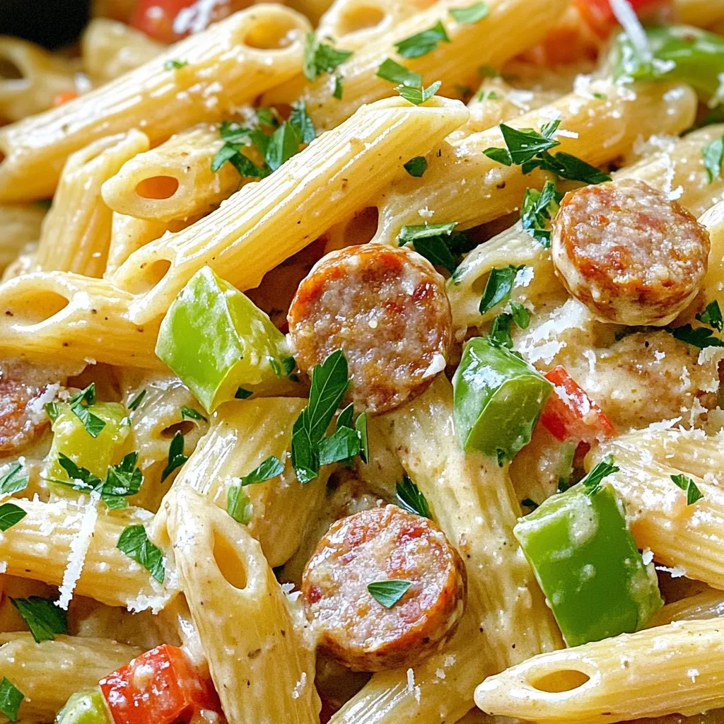 - 12 oz penne pasta - 1 lb Andouille sausage, sliced into rounds - 1 can (14 oz) diced tomatoes, with juices - 4 cups chicken broth - 1 medium onion, finely diced - 3 cloves garlic, minced - 1 red bell pepper, diced - 1 green bell pepper, diced - 2 tablespoons Cajun seasoning - 1 tablespoon olive oil - Fresh parsley, chopped (for garnish) - Grated Parmesan cheese (for serving) To make One-Pot Creamy Cajun Sausage Pasta, gather these ingredients first. The penne pasta serves as a hearty base for this dish. Andouille sausage adds a spicy kick that defines Cajun flavor. Diced tomatoes bring acidity and moisture, while chicken broth enhances the overall taste. Next, we need our vegetables. Onion and garlic provide depth. Bell peppers add sweetness and color. Using both red and green bell peppers makes the dish visually appealing. Finally, the seasoning and garnish elevate the dish. Cajun seasoning packs a punch. Olive oil helps sauté the sausage and vegetables. Fresh parsley adds a bright touch, and Parmesan cheese rounds it all off. With these ingredients ready, you’re set to create a satisfying meal. This dish is simple yet packed with flavor. It’s a good choice for busy nights or gatherings. Enjoy the process of cooking and savor the final result! To start, heat olive oil in a large pot over medium heat. Add the sliced Andouille sausage. Cook it for about 5 to 7 minutes. Stir often to get a nice brown color. This browning brings out the sausage's rich flavors. Next, add the finely diced onion, minced garlic, and both diced bell peppers into the pot. Sauté them for around 3 to 4 minutes. You want them to soften and smell great. This step builds a wonderful base for your dish. Now, pour in the can of diced tomatoes, including all the juices, and the chicken broth. Increase the heat. Bring this mixture to a gentle boil while stirring. This helps combine all the flavors. Add the penne pasta into the pot. Stir well to make sure it's under the liquid. Cover the pot and lower the heat. Let it simmer for about 12 to 15 minutes. Stir occasionally to stop it from sticking. The pasta should be tender and soak up the sauce. Once your pasta is cooked, stir in the heavy cream. Let it simmer for another 2 to 3 minutes. This makes the sauce creamy and rich. Taste and adjust with salt and black pepper as needed. Serve your creamy Cajun sausage pasta warm. For a nice touch, sprinkle fresh chopped parsley on top. Also, add grated Parmesan cheese for extra flavor. For a great presentation, serve it in bowls with a slice of crusty bread to enjoy with the sauce. Avoiding pasta stickiness To keep your pasta from sticking, stir it well when you add it to the pot. Make sure the penne is fully submerged in the sauce. Stir occasionally while it cooks. This will help the pasta stay separate and absorb flavors. Timing for the perfect texture Cook the pasta for 12-15 minutes at a low simmer. Check it a couple of minutes before the time is up. You want it al dente, which means it should be firm but not hard. This will give you the best bite. Adjusting Cajun seasoning Start with two tablespoons of Cajun seasoning. Taste the dish while cooking. If you want more heat, add a little extra. Remember, you can always add more, but you can’t take it out. Alternative herbs Fresh herbs can brighten your dish. If you like, add some thyme or oregano. These herbs pair well with Cajun flavors. Just sprinkle them in when you add the cream for a fresh touch. Pot or Dutch oven recommendations Use a large pot or a Dutch oven for this recipe. A heavy pot helps to cook evenly and keeps the heat consistent. An enameled cast iron Dutch oven works great, too. Utensils for best results A wooden spoon or a silicone spatula works best for stirring. These tools help you scrape the bottom of the pot. This will prevent any bits from sticking and burning. {{image_4}} You can easily change up the sausage in this dish. Try using chicken sausage or Italian sausage. Both add nice flavors, too. If you want a plant-based option, use vegan sausage. It works well in this recipe. For veggies, you can swap red and green bell peppers for others. Zucchini or spinach can add a fresh taste. Just chop them up and toss them in with the other vegetables. They will cook nicely. If you want to make this dish gluten-free, use gluten-free penne pasta. There are many brands available now. Just check the label to be sure. To lighten up the creaminess, you can use half-and-half or coconut milk instead of heavy cream. Both will give you a nice texture without being too rich. Looking to spice things up? You can add a dash of cayenne pepper or your favorite hot sauce. This will bring more heat and flavor to the dish. Cheese lovers can have fun here! Try adding smoked Gouda or pepper jack cheese for a twist. Just sprinkle it on top before serving for a melty finish. This dish lasts about 3-4 days in the fridge. Make sure to store it in an airtight container. To reheat, just warm it on the stove over low heat. Stir occasionally to avoid sticking. You can also use a microwave for quick reheating. Just cover it to keep moisture in. To freeze, let the pasta cool completely. Divide it into portions and use freezer-safe bags. Remove as much air as you can before sealing. The pasta can last up to 3 months in the freezer. For thawing, place it in the fridge overnight. Reheat on the stove or in the microwave. Add a splash of broth or cream to restore creaminess. You can prepare this recipe ahead of time. Cook the pasta and sausage as directed. Store them separately in airtight containers. When ready to eat, combine and reheat. This keeps the pasta from getting soggy. For leftovers, always cool before storing. This helps maintain the best texture and flavor. You can try several sausages. Some good substitutes are: - Italian sausage - Kielbasa - Chorizo Each will change the taste slightly. Italian sausage is milder. Chorizo adds smoky flavor. Kielbasa gives a nice twist, too. Choose based on your taste. Yes, you can use milk. However, the dish will taste different. Heavy cream makes the sauce rich and creamy. Milk will be thinner and less rich. You may need to add more seasoning to boost flavor. To add heat, consider these options: - Use hot Cajun seasoning - Add crushed red pepper flakes - Include diced jalapeños Start with a little, then taste. You can always add more spice if needed. Yes, this dish is great for meal prep. Here are some tips: - Store in airtight containers. - Keep it in the fridge for up to 4 days. - Reheat in the microwave or on the stove. This pasta holds up well, making it easy to enjoy later! This blog covered a tasty dish made with penne pasta, Andouille sausage, and fresh veggies. We explored how to cook each ingredient perfectly and shared helpful tips for flavor and texture. You can also adjust the recipe based on your dietary needs or the ingredients you have. Finally, we've provided storage information and answers to common questions. Now, gather your ingredients and enjoy creating this delicious meal!