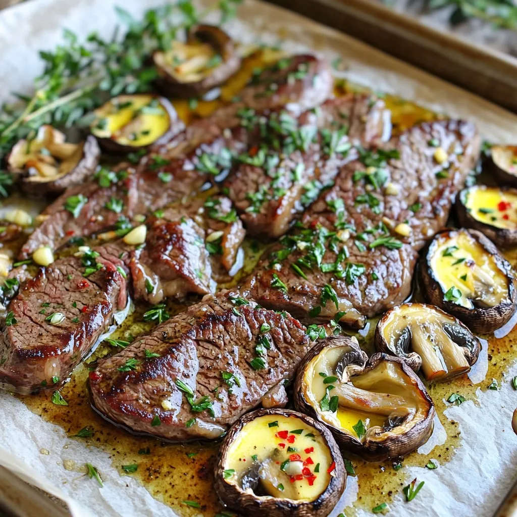 - 1 lb flank steak or sirloin, sliced into bite-sized strips - 8 oz cremini or button mushrooms, halved - 4 tablespoons unsalted butter, melted - 4 garlic cloves, finely minced - 1 teaspoon fresh thyme leaves - 1 teaspoon fresh rosemary, finely chopped - Salt and freshly cracked black pepper to taste - 1 tablespoon olive oil - 1/2 teaspoon red pepper flakes (optional, for a spicy kick) - Fresh parsley, chopped, for garnish You can swap flank steak for sirloin if you like. Chicken breast or tofu works well if you want a lighter dish. Use any mushrooms you have on hand, like portobello or shiitake. If you are out of fresh herbs, dried thyme and rosemary can work too. Just use less, as they are stronger. For butter, you can use olive oil, but it will change the flavor slightly. When picking steak, look for bright red color and good marbling. This means it has fat, which adds flavor. For mushrooms, check for firmness and no dark spots. Fresh herbs should smell strong and look bright. If buying garlic, choose firm cloves without sprouting. Always try to use fresh ingredients for the best taste. Start by preheating your oven to 400°F (200°C). This step is key for cooking the steak and mushrooms evenly. Line a large baking sheet with parchment paper. This will make cleaning up much easier later. In a big bowl, mix together 4 tablespoons of melted butter, 4 minced garlic cloves, 1 teaspoon of fresh thyme, and 1 teaspoon of chopped rosemary. Add salt and black pepper to taste. If you like spice, toss in 1/2 teaspoon of red pepper flakes. This mixture will coat the steak and mushrooms with rich flavor. Next, add 1 pound of sliced flank steak and 8 ounces of halved mushrooms to the bowl. Gently stir until all pieces are covered in the marinade. Let it sit for 15 to 20 minutes at room temperature. This step helps the flavors soak in. Spread the marinated steak and mushrooms in a single layer on the baking sheet. Drizzle 1 tablespoon of olive oil over them. Place the sheet in the oven and bake for about 15 to 20 minutes. Keep an eye on the steak for your desired doneness. For a crispy finish, turn on the broiler for 2 to 3 minutes at the end. Once done, take the sheet pan out of the oven. Let the steak and mushrooms rest for a few minutes. This helps keep them juicy. Before serving, sprinkle chopped parsley on top for color. You can serve directly from the sheet pan for a rustic look or transfer to a platter for a fancier touch. Enjoy with vibrant steamed green beans or crispy roasted baby potatoes for a complete meal. To cook steak just right, you need a meat thermometer. Aim for 130°F for medium-rare, 140°F for medium, and 150°F for medium-well. Remove the steak from the oven slightly before it reaches the target temp. It will continue cooking while it rests. Let it sit for about five minutes. This helps keep the juices inside, making it tender and juicy. For mushrooms, you want them golden and soft. Spread them evenly on the pan. Don’t overcrowd them; this helps them brown nicely. You can also sauté them in a pan before adding them to the sheet. This step adds extra flavor. If you want a bit of crunch, finish them under the broiler for a minute. Cleanup can be a breeze! Use parchment paper to line your baking sheet. This keeps food from sticking. After cooking, let the pan cool slightly. Then, simply toss the parchment and wash the pan. If there are any stuck bits, soak the pan in warm soapy water. This makes scrubbing easier. {{image_4}} You can swap the steak for chicken or pork. Chicken thighs work well here for juicy bites. Pork tenderloin is another great choice. Just cut it into strips, like the steak. Adjust the cooking time based on your protein. Chicken may need a bit longer to cook, while pork cooks fast. Try using hearty vegetables instead of meat. Cauliflower or eggplant can take on the marinade well. Slice them into bite-sized pieces. You can also add chickpeas for protein. The mushrooms can stay for added flavor. Roast the mix until tender and golden. Mix up the herbs to keep it fresh. Basil or oregano can add a nice twist. For a smoky flavor, try smoked paprika. You can also add cumin for warmth. Experiment with what you love. Always taste as you go to find your perfect blend. After you enjoy your meal, let the leftovers cool. Place the steak and mushrooms in an airtight container. You can keep them in the fridge for up to 3 days. If you want to keep them longer, consider freezing them. When you’re ready to eat again, the best way to reheat is in the oven. Preheat your oven to 350°F (175°C). Place the leftovers on a baking sheet. Cover them with foil to keep them moist. Heat for about 10-15 minutes or until warm. You can also use a microwave, but keep an eye on it to avoid overcooking. To freeze your dish, make sure it cools completely first. Use a freezer-safe container or a heavy-duty freezer bag. Remove as much air as possible to prevent freezer burn. You can freeze it for up to 3 months. When you’re ready to eat, let it thaw in the fridge overnight before reheating. This way, you can enjoy your tasty steak and mushrooms any time! Yes, you can prepare this recipe ahead of time. Marinate the steak and mushrooms for up to 24 hours in the fridge. This time helps the flavors soak in. When you're ready to cook, just take them out and let them sit for about 15 minutes before baking. This will help them cook evenly. Some great sides include: - Steamed green beans - Crispy roasted baby potatoes - Fresh salad with a light dressing - Garlic bread These options add color and flavor to your meal. They also balance the richness of the steak and mushrooms. To add heat, include red pepper flakes in the marinade. Start with 1/2 teaspoon for a mild kick. You can increase this amount if you like more spice. You can also add sliced jalapeños or a dash of hot sauce before baking. Flank steak or sirloin works best for this dish. Both are flavorful and tender when cooked right. Flank steak is leaner, while sirloin has a bit more fat, giving it extra flavor. You can also use ribeye for a richer taste, but it may change the cooking time. This post covered key tips to make delicious Sheet Pan Garlic Butter Steak and Mushrooms. You learned about selecting fresh ingredients, step-by-step cooking methods, and helpful tricks. Remember, you can try various proteins and spice mixes. Store your leftovers wisely to enjoy later. Whether you’re new to cooking or an expert, these ideas can elevate your meals. Enjoy your time in the kitchen and make it fun!