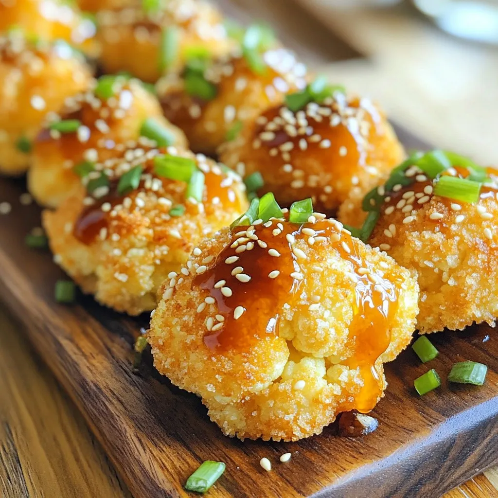 - 1 medium head of cauliflower, cut into bite-sized florets - 1 cup all-purpose flour - 1 cup panko breadcrumbs - 1 teaspoon garlic powder - 1 teaspoon onion powder - 1 teaspoon smoked paprika - 1 teaspoon salt - 1/2 teaspoon black pepper - 1 cup coconut milk (or water) - 2 tablespoons sesame oil - 2 tablespoons soy sauce (or tamari for gluten-free) - 1 tablespoon maple syrup - 1 tablespoon rice vinegar - 1 tablespoon sesame seeds (toasted) - 2 green onions, chopped (for garnish) When cooking, it’s important to be precise. Here are the measurements used: - Volume: cups, tablespoons, teaspoons - Weight: none in this recipe since we focus on volume You can easily adjust this recipe based on your needs. Here are some options: - Use gluten-free flour in place of all-purpose flour. - Swap coconut milk with water or any plant-based milk. - Try tamari instead of soy sauce for a gluten-free option. - Maple syrup can be replaced with agave nectar or honey. - For a nutty flavor, you can add chopped nuts in the coating. These swaps keep the dish delicious while catering to dietary needs. Enjoy experimenting! First, preheat your oven to 425°F (220°C). This step is key for crispiness. While the oven heats, grab a baking sheet. Line it with parchment paper. This helps the bites not stick. Plus, it makes cleaning up easy. Next, we will make the flour mixture. In a big bowl, add 1 cup of all-purpose flour. Then, mix in 1 teaspoon of garlic powder, 1 teaspoon of onion powder, 1 teaspoon of smoked paprika, 1 teaspoon of salt, and 1/2 teaspoon of black pepper. Stir this well. This mixture adds a great flavor to our cauliflower bites. Now, it's time to coat the cauliflower. Pour in 1 cup of coconut milk. Whisk it together with the flour mixture. This will create a smooth batter. Take your cauliflower florets and dip them into the batter. Let any extra batter drip off. Then, roll each floret in 1 cup of panko breadcrumbs. Press gently so they stick well. Next, place the coated cauliflower bites on the baking sheet in a single layer. Drizzle them lightly with 2 tablespoons of sesame oil. This helps them crisp up. Bake the bites for 25 to 30 minutes. Flip them halfway through. You want them golden and crispy. While they bake, prepare the sauce. In a small pan, mix 2 tablespoons of soy sauce, 2 tablespoons of sesame oil, 1 tablespoon of maple syrup, and 1 tablespoon of rice vinegar. Heat this gently. Stir often until warm. Once the bites are done, remove them from the oven. Put them in a large bowl and drizzle the warm sauce over them. Toss gently to coat all the bites. Finally, serve them on a platter and sprinkle with toasted sesame seeds and chopped green onions. Enjoy your delicious snack! To make your cauliflower bites extra crispy, follow these steps: - Use panko breadcrumbs. They create a light and airy crust. - Lightly drizzle with sesame oil before baking. This adds flavor and helps crisp the coating. - Bake at 425°F (220°C). This high heat cooks them fast and keeps them crunchy. You can also try double coating. First, dip the floret in the batter, then roll it in breadcrumbs again. This gives you an even thicker crust. Even cooking is key for great bites. Here’s how: - Arrange the cauliflower in a single layer on the baking sheet. Crowding them can lead to steaming. - Flip the bites halfway through baking. This helps them brown on all sides. - Use a wire rack instead of a flat sheet. This allows air to circulate around the bites. These cauliflower bites shine with the right dips. Consider these pairings: - Serve with extra sauce on the side for dipping. - Pair with a fresh salad for a light meal. - Add them to a rice bowl for a filling option. For a fun twist, try them in tacos! Use small tortillas and add your favorite toppings. You can use shredded cabbage and a squeeze of lime for extra zing. {{image_4}} For a gluten-free version, swap all-purpose flour with gluten-free flour. You can use almond flour or chickpea flour as great options. For panko, choose gluten-free breadcrumbs. This way, you keep the crunch while avoiding gluten. Want to amp up the flavor? Add a pinch of cayenne pepper for heat. You can also mix in some lime zest or ginger into the sauce for a fresh twist. If you like a sweet touch, a bit more maple syrup brightens the dish. While the soy sauce blend is tasty, try different sauces. Sweet chili sauce adds a nice kick. Teriyaki sauce gives a sweet and savory flavor. You can even make a peanut sauce for a rich twist. Each sauce brings a new personality to your cauliflower bites. To store leftover cauliflower bites, let them cool first. Place them in an airtight container. This keeps them fresh and tasty. You can store them in the fridge for up to three days. Just make sure they are well sealed to avoid drying out. When you are ready to eat the leftovers, you can reheat them. The best way is in the oven. Preheat the oven to 375°F (190°C). Place the bites on a baking sheet and heat for about 10-15 minutes. This will make them crispy again. You can also use an air fryer if you have one. Heat them at 350°F (175°C) for 5-7 minutes. This keeps them crunchy. If you want to save them for later, freezing is a great option. Place the cooled bites in a single layer on a baking sheet. Freeze them for about an hour. Once frozen, transfer them to a freezer-safe bag. This method helps prevent them from sticking together. You can freeze them for up to three months. To cook, bake them directly from frozen. Add a few extra minutes to the cooking time. Yes, you can easily make these cauliflower bites vegan. The key is to replace the coconut milk with plant-based milk or water. Use a vegan-friendly soy sauce or tamari to keep the dish entirely plant-based. This way, you can enjoy the same great taste without any animal products. To spice up the sauce, add red pepper flakes or sriracha. Start with a small amount and taste it. You can always add more if you want more heat. This lets you control the spice level to suit your taste. Absolutely! Using fresh cauliflower gives the bites a crispier texture. Just rinse and cut it into bite-sized florets. Fresh cauliflower works perfectly in this recipe and adds a nice crunch. Leftovers can last about 3 to 4 days in the fridge. Make sure to store them in an airtight container to keep them fresh. Reheat them in the oven to retain their crispiness. Yes, these bites are great for meal prep! They store well and reheat nicely. Just prepare a batch ahead of time and enjoy them throughout the week. They make a tasty snack or a side dish! In this post, we explored the ingredients and steps for making delicious baked cauliflower bites. We covered tips for crispiness and even cooking, plus variations to suit dietary needs and tastes. Remember, storage is key to keeping leftovers fresh. Make these bites your own with different sauces and flavors. Try swapping ingredients to find your favorite version. Cooking can be fun and easy with the right guidance. Enjoy the process and share with friends and family!