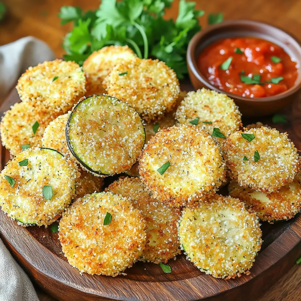 - 2 medium zucchini, sliced into 1/4-inch thick rounds - 1 cup panko breadcrumbs - 2 tablespoons freshly grated parmesan cheese - 2 cloves garlic, minced - 1 teaspoon dried oregano - 1 teaspoon dried basil - Salt and pepper to taste - 1 large egg, beaten - 2 tablespoons high-quality olive oil - You can add chili flakes for a spicy kick. - For vegan options, swap Parmesan with nutritional yeast. - Try almond flour instead of breadcrumbs for a different texture. These ingredients make the dish stand out. The panko breadcrumbs add crunch, while garlic infuses rich flavor. Fresh herbs like oregano and basil elevate the taste. You can adjust the recipe to fit your diet or mood. Preheating your air fryer is key for good results. Set it to 400°F (200°C) for about 5 minutes. This helps the zucchini cook evenly and become crispy. A hot air fryer makes a big difference in texture and taste. In a bowl, mix these ingredients: - 1 cup panko breadcrumbs - 2 tablespoons freshly grated parmesan cheese - 2 cloves garlic, minced - 1 teaspoon dried oregano - 1 teaspoon dried basil - Salt and pepper to taste Stir well to combine all flavors. In another bowl, beat 1 large egg until frothy. Add in 2 tablespoons of high-quality olive oil. Mix these until they blend nicely. This will coat the zucchini and help the breadcrumbs stick. Take your zucchini slices, about 1/4-inch thick. First, dip each slice into the egg mixture. Make sure it is fully coated. Next, dredge it in the breadcrumb mixture. Press gently to help the crumbs stick well. Finally, arrange the coated slices in a single layer in the air fryer basket. Avoid overlapping to ensure even cooking. Cook the zucchini in the air fryer for 10 to 12 minutes. Flip them halfway through for even crisping. They should turn a beautiful golden brown and be crispy on the outside. Once cooked, carefully take them out and let them cool on a wire rack or plate. This keeps them crispy and ready for serving. To get that perfect crunch, always arrange the zucchini in a single layer. This allows hot air to circulate around each piece, cooking them evenly. If you stack them, they may cook unevenly and turn soggy. Aim for a cooking time of 10-12 minutes. If you want them crispier, add another 2-3 minutes. Keep an eye on them to avoid burning. Set your air fryer to 400°F (200°C) for the best results. This high temperature crisps up the outside while keeping the inside tender. Using parchment paper can make cleanup easier. It catches crumbs and grease, leaving your air fryer basket cleaner. Plus, it prevents sticking, helping those zucchini slices stay intact. To make your garlic breaded zucchini pop, try adding spices like paprika or chili flakes. Fresh herbs, like thyme or rosemary, can also elevate the taste. For an extra kick, rub the zucchini with salt before coating. Let them sit for about 10 minutes to draw out moisture. This step helps the breading stick better, leading to a crunchier bite. {{image_4}} You can use many different veggies in the air fryer. Try eggplant, squash, or bell peppers. Each gives a unique taste. Slice them like zucchini for easy cooking. You can follow the same breading process. Just adjust cooking times based on the veggie. Eggplant may take a bit longer. Squash cooks faster, so check for doneness. If you need a gluten-free option, use almond flour or rice flour. They work well and keep your dish tasty. For a vegan twist, try chickpea flour instead of egg. Just mix it with water to create a batter. This helps the breadcrumbs stick to the veggies. Pair your crispy zucchini with marinara sauce or ranch dip. This adds flavor and a fun twist. You can also serve it with a fresh salad or garlic aioli. For a complete meal, consider grilled chicken or fish. These pair nicely with the crunchy zucchini. To keep your leftover zucchini fresh, follow these steps: - Allow the zucchini to cool completely. - Place the slices in an airtight container. - Use parchment paper between layers to avoid sticking. - Store in the fridge for up to three days. For best results, choose a container that allows some airflow. This helps maintain crispness. A glass or plastic container with a vent works well. To enjoy your zucchini again, reheating is key. Here are the best methods: - Air Fryer: Set your air fryer to 350°F (175°C). Place the zucchini in a single layer. Heat for about 5-7 minutes. This keeps them crispy. - Oven: Preheat your oven to 375°F (190°C). Arrange the zucchini on a baking sheet. Bake for 10-12 minutes until warm. Avoid using a microwave, as it can make the zucchini soggy. By following these tips, you can savor your crispy garlic breaded zucchini again! To keep zucchini crisp, choose fresh ones. Look for firm, smooth skin. Avoid large zucchini as they can be watery. Slice them into 1/4-inch rounds. This size helps them cook evenly. Before cooking, sprinkle salt on the slices. Let them sit for about 10 minutes. This draws out excess moisture. Afterward, pat them dry with a paper towel. This step is key to avoiding sogginess. Yes, you can prepare the zucchini ahead of time. After breading, place them on a tray. Cover them with plastic wrap and keep them in the fridge for up to 2 hours. This makes it easy to cook later. To reheat, use your air fryer. Heat it to 375°F (190°C). Cook for about 5-7 minutes until they are hot and crispy. This method keeps them crunchy and tasty. You can serve these zucchini bites with many dishes. They pair well with marinara sauce for dipping. Try adding a fresh salad or pasta dish for a complete meal. Consider serving them alongside grilled chicken or fish for protein. They also go great with a side of rice or quinoa. These options make for a delicious and balanced meal. To recap, we explored how to make Air Fryer Garlic Breaded Zucchini. You learned about essential ingredients, cooking tips, and fun variations. Don’t forget to experiment with seasonings or other veggies. These will keep your dish exciting. Proper storage keeps leftovers fresh, while reheating ensures they remain crispy. Enjoying this delicious dish can be simple and fun. Try it out and share your tasty results!