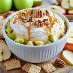 - 8 oz cream cheese, softened - ½ cup powdered sugar, sifted - 1 tsp pure vanilla extract These main ingredients form the base of your dip. The cream cheese gives it a rich, creamy texture. Powdered sugar adds sweetness, while vanilla adds warmth and flavor. - 1 medium apple, diced - ½ cup caramel sauce - ¼ cup chopped pecans You can add diced apples for crunch and freshness. Caramel sauce will enhance the sweet, gooey flavor, and chopped pecans add a nice crunch. Feel free to mix these in based on your taste! - Graham crackers - Sliced apples - Pretzels For dippers, graham crackers work well for a sweet touch. Sliced apples add a fruity element, and pretzels bring a salty crunch. Choose one or all for a fun tasting experience! To start, beat 8 oz of softened cream cheese in a large bowl. Use an electric mixer on medium speed to make it smooth and creamy. This is key for a great texture. Next, sift in ½ cup of powdered sugar. Add 1 tsp of pure vanilla extract while mixing on low speed. Keep mixing until the mixture is smooth with no lumps. Now, gently fold in 1 cup of whipped topping using a spatula. Be careful not to deflate the mixture. This keeps the dip light and airy. Then, fold in 1 medium diced apple and half of the ½ cup of caramel sauce. Stir gently to combine. Avoid over-mixing to keep the apple pieces whole. Transfer the cheesecake dip into a nice serving dish. Use a spatula to smooth the top for a pretty look. Drizzle the rest of the caramel sauce over the dip. For extra texture, sprinkle ¼ cup of chopped pecans and a light dusting of cinnamon sugar on top. This adds flavor and crunch. Serve right away with various dippers like graham crackers, sliced apples, or pretzels. Enjoy! To make this dip creamy, use softened cream cheese. Cold cream cheese will not mix well. Beat it until smooth to avoid lumps. This step sets the base for a great dip. When you add whipped topping, use a gentle folding technique. Take a spatula and scoop from the bottom. This keeps air in the mixture. The result? A light and fluffy dip that’s fun to eat. Get creative with your dippers! Arrange graham crackers, sliced apples, and pretzels on a platter. You can also use small cups for each dipper. This makes it easy for guests to grab and enjoy. Choose fun serving dishes, too. A colorful bowl can make your dip pop. You can even use mini jars for individual servings. This adds a special touch to your table. If you want a dairy-free dip, try using a vegan cream cheese. This keeps the flavor while meeting dietary needs. You can also use coconut whipped cream for a lighter option. For a low-sugar version, replace powdered sugar with a sugar substitute. Look for options like erythritol or monk fruit. These keep the sweetness without the extra calories. {{image_4}} You can easily change the flavor of this dip with spices. Adding nutmeg or cinnamon gives warmth and depth. A sprinkle of cinnamon sugar on top adds a nice touch. You can also mix in other fruits like pears or berries. This makes your dip even more fun and colorful. For toppings, think outside the box. Instead of pecans, try almonds or walnuts for crunch. You can even add a rich chocolate drizzle on top. It adds a sweet contrast to the tart apples and creamy dip. This dip can match the seasons too. In fall, add pumpkin spice for a cozy flavor. You can also fold in dried cranberries for a festive touch. For summer, use fresh berries or peaches. These fruits brighten the dip and make it refreshing. To keep your No Bake Caramel Apple Cheesecake Dip fresh, store it in an airtight container. This helps keep out air and moisture. Place the dip in the fridge right after serving. It will last for about 3 to 5 days. If you notice any changes in smell or texture, it’s best to throw it away. Yes, you can freeze this cheesecake dip! Freeze it in a tight container. It will stay good for about a month. When you are ready to enjoy it, take it out of the freezer. Put it in the fridge for a few hours or overnight to thaw. Once thawed, give it a good stir and serve. You might want to add a bit more caramel sauce for extra flavor. To keep the dip creamy, avoid mixing too much after adding the whipped topping. Use a gentle folding motion. This keeps the dip light and fluffy. To stop the apples from browning, add a splash of lemon juice after dicing. The lemon juice acts like a shield. It keeps the apples looking fresh and bright in your dip. Yes, you can make this dip ahead of time. Prepare it up to one day before your event. Keep it in the fridge until you are ready to serve. This dip tastes great chilled and allows the flavors to blend. Just remember to add the caramel and toppings just before serving for the best look. You have plenty of tasty options! Here are some great alternatives: - Sliced apples - Pretzels - Vanilla wafers - Pita chips - Animal crackers Each dipper adds a unique crunch and flavor. Choose what you like best! Yes, this recipe can be gluten-free! Just swap out regular graham crackers for gluten-free ones. You can also use sliced apples or pretzels made without gluten. Always check the labels to make sure they fit your needs. Absolutely! If you want to change things up, here are some options: - Mascarpone cheese for a richer taste - Ricotta cheese for a lighter texture These choices will change the flavor but still keep the dip creamy and delicious. This blog post guides you in making a delicious cheesecake dip. We covered key ingredients like cream cheese and powdered sugar, plus optional flavors and dippers. You learned step-by-step prep and tips for the best texture and serving ideas. In conclusion, this dip is versatile and fun. Customize it with your favorite flavors and enjoy it with tasty dippers. Your guests will love it!