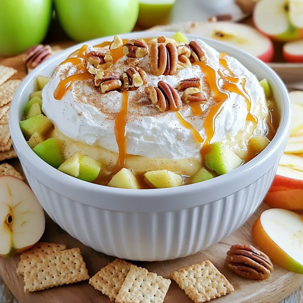 - 8 oz cream cheese, softened - ½ cup powdered sugar, sifted - 1 tsp pure vanilla extract These main ingredients form the base of your dip. The cream cheese gives it a rich, creamy texture. Powdered sugar adds sweetness, while vanilla adds warmth and flavor. - 1 medium apple, diced - ½ cup caramel sauce - ¼ cup chopped pecans You can add diced apples for crunch and freshness. Caramel sauce will enhance the sweet, gooey flavor, and chopped pecans add a nice crunch. Feel free to mix these in based on your taste! - Graham crackers - Sliced apples - Pretzels For dippers, graham crackers work well for a sweet touch. Sliced apples add a fruity element, and pretzels bring a salty crunch. Choose one or all for a fun tasting experience! To start, beat 8 oz of softened cream cheese in a large bowl. Use an electric mixer on medium speed to make it smooth and creamy. This is key for a great texture. Next, sift in ½ cup of powdered sugar. Add 1 tsp of pure vanilla extract while mixing on low speed. Keep mixing until the mixture is smooth with no lumps. Now, gently fold in 1 cup of whipped topping using a spatula. Be careful not to deflate the mixture. This keeps the dip light and airy. Then, fold in 1 medium diced apple and half of the ½ cup of caramel sauce. Stir gently to combine. Avoid over-mixing to keep the apple pieces whole. Transfer the cheesecake dip into a nice serving dish. Use a spatula to smooth the top for a pretty look. Drizzle the rest of the caramel sauce over the dip. For extra texture, sprinkle ¼ cup of chopped pecans and a light dusting of cinnamon sugar on top. This adds flavor and crunch. Serve right away with various dippers like graham crackers, sliced apples, or pretzels. Enjoy! To make this dip creamy, use softened cream cheese. Cold cream cheese will not mix well. Beat it until smooth to avoid lumps. This step sets the base for a great dip. When you add whipped topping, use a gentle folding technique. Take a spatula and scoop from the bottom. This keeps air in the mixture. The result? A light and fluffy dip that’s fun to eat. Get creative with your dippers! Arrange graham crackers, sliced apples, and pretzels on a platter. You can also use small cups for each dipper. This makes it easy for guests to grab and enjoy. Choose fun serving dishes, too. A colorful bowl can make your dip pop. You can even use mini jars for individual servings. This adds a special touch to your table. If you want a dairy-free dip, try using a vegan cream cheese. This keeps the flavor while meeting dietary needs. You can also use coconut whipped cream for a lighter option. For a low-sugar version, replace powdered sugar with a sugar substitute. Look for options like erythritol or monk fruit. These keep the sweetness without the extra calories. {{image_4}} You can easily change the flavor of this dip with spices. Adding nutmeg or cinnamon gives warmth and depth. A sprinkle of cinnamon sugar on top adds a nice touch. You can also mix in other fruits like pears or berries. This makes your dip even more fun and colorful. For toppings, think outside the box. Instead of pecans, try almonds or walnuts for crunch. You can even add a rich chocolate drizzle on top. It adds a sweet contrast to the tart apples and creamy dip. This dip can match the seasons too. In fall, add pumpkin spice for a cozy flavor. You can also fold in dried cranberries for a festive touch. For summer, use fresh berries or peaches. These fruits brighten the dip and make it refreshing. To keep your No Bake Caramel Apple Cheesecake Dip fresh, store it in an airtight container. This helps keep out air and moisture. Place the dip in the fridge right after serving. It will last for about 3 to 5 days. If you notice any changes in smell or texture, it’s best to throw it away. Yes, you can freeze this cheesecake dip! Freeze it in a tight container. It will stay good for about a month. When you are ready to enjoy it, take it out of the freezer. Put it in the fridge for a few hours or overnight to thaw. Once thawed, give it a good stir and serve. You might want to add a bit more caramel sauce for extra flavor. To keep the dip creamy, avoid mixing too much after adding the whipped topping. Use a gentle folding motion. This keeps the dip light and fluffy. To stop the apples from browning, add a splash of lemon juice after dicing. The lemon juice acts like a shield. It keeps the apples looking fresh and bright in your dip. Yes, you can make this dip ahead of time. Prepare it up to one day before your event. Keep it in the fridge until you are ready to serve. This dip tastes great chilled and allows the flavors to blend. Just remember to add the caramel and toppings just before serving for the best look. You have plenty of tasty options! Here are some great alternatives: - Sliced apples - Pretzels - Vanilla wafers - Pita chips - Animal crackers Each dipper adds a unique crunch and flavor. Choose what you like best! Yes, this recipe can be gluten-free! Just swap out regular graham crackers for gluten-free ones. You can also use sliced apples or pretzels made without gluten. Always check the labels to make sure they fit your needs. Absolutely! If you want to change things up, here are some options: - Mascarpone cheese for a richer taste - Ricotta cheese for a lighter texture These choices will change the flavor but still keep the dip creamy and delicious. This blog post guides you in making a delicious cheesecake dip. We covered key ingredients like cream cheese and powdered sugar, plus optional flavors and dippers. You learned step-by-step prep and tips for the best texture and serving ideas. In conclusion, this dip is versatile and fun. Customize it with your favorite flavors and enjoy it with tasty dippers. Your guests will love it!