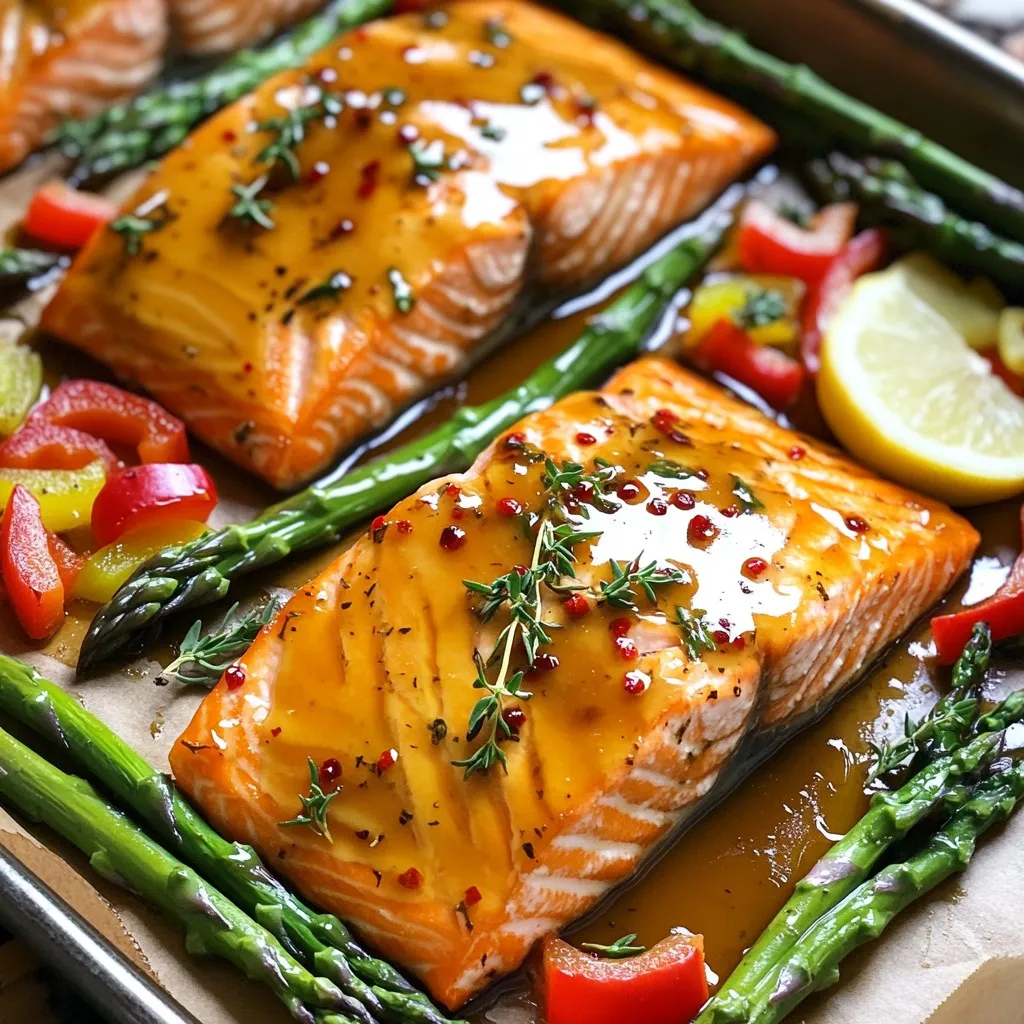 - Salmon fillets: Use 4 fillets, about 6 ounces each. Fresh salmon works best. - Maple syrup and Dijon mustard: Combine ¼ cup of pure maple syrup with 2 tablespoons of Dijon mustard. This mix gives a sweet and tangy flavor. - Olive oil and garlic: Use 2 tablespoons of extra virgin olive oil and 3 cloves of finely minced garlic. The oil keeps the salmon moist. - Seasonings and vegetables: Season with 1 teaspoon of soy sauce, 1 teaspoon of fresh thyme, ½ teaspoon of sea salt, and ¼ teaspoon of black pepper. For veggies, grab 1 pound of fresh asparagus and 1 red bell pepper, sliced thin. These ingredients blend to create a dish that is both tasty and healthy. The maple syrup adds sweetness, while Dijon mustard brings a nice kick. The garlic and thyme round out the flavor profile. This recipe is simple yet full of taste, making it a great choice for dinner. First, preheat your oven to 400°F (200°C). This helps the salmon cook evenly. Grab a small mixing bowl. In this bowl, whisk together ¼ cup of pure maple syrup, 2 tablespoons of Dijon mustard, and 2 tablespoons of extra virgin olive oil. Next, add 3 cloves of minced garlic, 1 teaspoon of soy sauce, 1 teaspoon of thyme, ½ teaspoon of sea salt, and ¼ teaspoon of black pepper. Mix until smooth and creamy. This glaze will add a sweet and tangy flavor to your salmon. Now, take a large sheet pan and line it with parchment paper. This makes cleanup easy. Place the 4 salmon fillets skin-side down on one half of the pan. Use a brush to apply the maple Dijon glaze generously on top of each fillet. On the other half of the pan, scatter 1 pound of trimmed asparagus and sliced red bell pepper. Drizzle these veggies lightly with olive oil. Sprinkle them with salt and pepper. Toss them gently to coat all pieces evenly. This ensures every bite is flavorful. Transfer the sheet pan to the preheated oven. Bake for 15-20 minutes. The salmon is ready when it flakes easily with a fork. The veggies should be tender-crisp. A good way to check the salmon’s doneness is by using a food thermometer. It should read 145°F (63°C). For extra flavor, switch your oven to broil for the last 2-3 minutes. This caramelizes the glaze on the salmon and chars the veggies, giving them a delicious taste. Watch closely to avoid burning. Once it’s done, let everything rest for a few minutes. Serve with fresh lemon wedges for a zesty touch. To cook salmon well, start with fresh fillets. Look for vibrant color and no strong smell. Always cook salmon skin-side down; this helps keep it moist. Use a meat thermometer to check the temperature. Salmon is done when it hits 145°F (63°C). If you want a crispy top, broil it for the last 2-3 minutes. For great roasted veggies, cut them into even pieces. This helps them cook at the same rate. Use high heat, like 400°F (200°C), to caramelize the sugars. Drizzle with olive oil and season well. Toss the veggies to coat them evenly. Don’t overcrowd the pan; this allows them to brown nicely. Asparagus and bell peppers work great in this recipe. When serving, place the salmon fillets at the center of the plate. Arrange the roasted asparagus and bell pepper around the salmon. Drizzle any leftover glaze from the pan over the salmon for added flavor. Garnish with fresh thyme sprigs and a lemon wedge. This adds color and brightness to your dish. A lovely presentation makes every meal feel special! {{image_4}} You can switch the salmon for other proteins. Chicken breasts work well. Use the same glaze. Bake chicken for 25 to 30 minutes. You can also try firm tofu for a plant-based option. Cut the tofu into thick slices. Press it to remove excess moisture. Then coat it with the same glaze and bake for about 20 minutes. The veggies can change with the seasons. In spring, use snap peas and baby carrots. In summer, try zucchini and cherry tomatoes. Fall brings great options like Brussels sprouts and butternut squash. In winter, root vegetables like carrots and parsnips shine. Just remember to adjust the cooking time based on the vegetables you choose. You can adjust the glaze for different diets. For lower sugar, use sugar-free maple syrup or a sugar substitute. To make it dairy-free, ensure all ingredients are free of dairy. If you're gluten-free, use tamari instead of soy sauce. You can also add spices like chili flakes for a kick or switch the Dijon for whole grain mustard for a different taste. To store leftovers, let the salmon and veggies cool down first. Place them in an airtight container. Keep the container in the fridge for up to three days. Make sure to separate the salmon from the vegetables if you want to keep them fresh longer. When you're ready to eat your leftovers, preheat the oven to 350°F (175°C). Place the salmon and vegetables on a baking sheet. Cover them with foil to keep moisture in. Heat for about 10-15 minutes, until warm. You can also use a microwave, but the oven keeps the salmon from drying out. If you want to freeze the meal, wrap the salmon and veggies tightly in plastic wrap. Then, place them in a freezer-safe bag. This keeps them fresh for up to three months. When you’re ready to eat, thaw them overnight in the fridge. Reheat them as mentioned above for the best taste. You can tell when salmon is cooked by using a fork. Gently press it into the fish. If it flakes easily, it's done. The salmon should have an internal temperature of 145°F (63°C). You can use a meat thermometer to check this. When cooked, the salmon will look opaque and have a nice pink color. Yes, you can use other fish like trout or cod. These fish work well with the maple Dijon glaze. Make sure to adjust the cooking time if the fish fillets are thinner or thicker than salmon. For thinner fish, check for doneness after 10-15 minutes. Great sides for this dish include quinoa, rice, or a fresh salad. You could also serve roasted potatoes or sweet potatoes. These sides balance well with the sweet and tangy flavors of the salmon. Enjoy your meal with some lemon wedges for a zesty kick! You can create a delicious Maple Dijon Sheet Pan Salmon with simple ingredients. We covered each step, from preparing the glaze to arranging the salmon and vegetables. I shared tips to ensure your salmon is perfect and vegetables roast well. Remember to try different proteins and seasonal veggies for variety. Store your leftovers properly for later meals. With these insights, you can enjoy a healthy and tasty dinner that impresses everyone. Cooking doesn't have to be hard; just follow these steps and enjoy every bite.