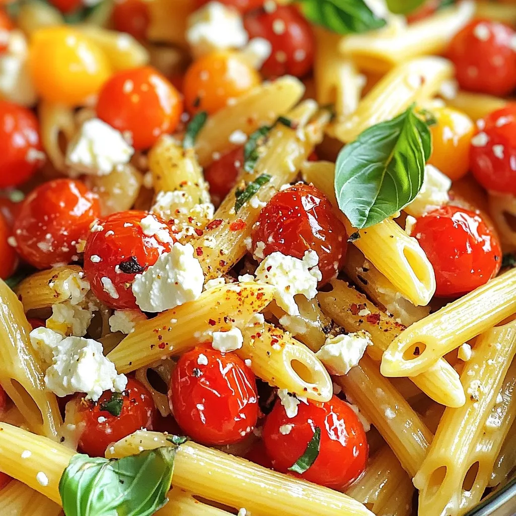 - 250g pasta of your choice (penne or fusilli recommended) - 200g cherry tomatoes, preferably mixed colors - 200g block feta cheese - 4 cloves garlic, finely minced - ¼ cup extra virgin olive oil - 1 teaspoon dried oregano - ½ teaspoon red chili flakes (optional) - Salt and freshly ground black pepper to taste - Fresh basil leaves for garnish - Grated Parmesan cheese (optional) - Alternative pasta types - Additional herbs or spices To make TikTok Feta Roasted Tomato Pasta, gather these ingredients first. The pasta is the base. I suggest penne or fusilli because they hold the sauce well. Cherry tomatoes add sweet bursts, and a block of feta cheese gives creaminess. Garlic brings a rich flavor. The extra virgin olive oil adds a nice touch. Dried oregano gives it an Italian flair. You can add red chili flakes for some heat. Salt and black pepper boost the taste. Fresh basil leaves are perfect for garnish and add color. Grated Parmesan cheese is optional but enhances the flavor. You can also swap pasta types if you like. Try whole grain or gluten-free pasta. Feel free to include extra herbs too, like thyme or parsley, for a twist. This dish is simple but full of flavor. - Preheat the oven to 200°C (400°F). - In a baking dish, combine cherry tomatoes, garlic, and feta cheese. - Drizzle olive oil over the mixture. - Sprinkle with oregano, chili flakes, salt, and pepper. - Roast for 25-30 minutes until the tomatoes burst. - Cook pasta according to the package instructions. - Reserve ½ cup of pasta water before draining. - Remove the roasted dish from the oven. - Stir the mixture to create a creamy sauce. - Combine the drained pasta with the sauce in the baking dish. - If needed, add reserved pasta water for creaminess. - Taste and adjust seasoning as needed. - Serve hot, garnished with fresh basil and optional Parmesan cheese. To make this dish shine, adjust the seasoning to your liking. Start with salt and pepper. Taste your pasta before serving. If it needs more flavor, add a pinch more. For a creamy texture, use the reserved pasta water. This helps blend everything nicely and gives the sauce a smooth feel. Serve your pasta in individual bowls for a lovely look. Top each bowl with fresh basil leaves. A drizzle of olive oil adds shine and extra flavor. You can also sprinkle some grated Parmesan cheese on top for a rich finish. To achieve al dente pasta, follow the package instructions carefully. Usually, this means cooking it for a few minutes less than the time listed. Keep an eye on it. For roasting, make sure to spread the tomatoes and feta evenly in the baking dish. This helps them cook well and boosts the flavors. {{image_4}} You can switch feta cheese for goat cheese or ricotta. Goat cheese adds a tangy taste. It melts well and gives a creamy feel. Ricotta offers a light and fluffy texture. Both options change the flavor but keep the dish rich and tasty. Need more protein? Try adding chicken, shrimp, or plant-based options. Grilled chicken breast is a great choice. It adds a nice savory taste. Shrimp cooks fast and adds a seafood twist. For plant-based options, add chickpeas or lentils for protein and fiber. They mix well with the creamy sauce. Want to boost your veggie intake? Add spinach, zucchini, or bell peppers. Spinach wilts nicely in the hot pasta. Zucchini adds a fresh crunch. Cut it into thin slices for better cooking. Bell peppers bring color and sweetness. Chop them up and toss them in with the tomatoes for extra flavor. To keep your TikTok feta roasted tomato pasta fresh, follow these simple steps: - Refrigeration: Place leftovers in an airtight container. This keeps the pasta moist and flavorful. - Duration: The dish lasts up to 3 days in the fridge. After that, the quality may drop. When it's time to enjoy your leftovers, reheating is key. Here are some easy methods: - Microwave: Place the pasta in a microwave-safe bowl. Add a splash of water. Cover loosely and heat for 1-2 minutes. Stir halfway through. - Stovetop: In a skillet, add a bit of olive oil over medium heat. Mix in the pasta and stir until warm. This helps keep it creamy. Yes, you can freeze this dish! Here’s how: - Freezing: Allow the pasta to cool completely. Then, place it in a freezer-safe container. Make sure to leave some space for expansion. - Thawing: To thaw, move the container to the fridge for a few hours or overnight. Reheat as described above. You can store this pasta dish in the fridge for 3 to 5 days. Make sure to use an airtight container. This keeps it fresh and tasty. Before serving, check for any signs of spoilage. Yes! You can use any pasta you like. Penne and fusilli work great. For gluten-free options, try brown rice or chickpea pasta. Whole grain pasta is also a healthy choice. Each type adds its own flavor and texture. This pasta pairs well with a fresh salad. A simple green salad adds crunch. You can also serve garlic bread or toasted baguette. For protein, consider grilled chicken or shrimp on the side. Absolutely! This dish is great for meal prep. You can cook it ahead of time and store it. Just keep it in the fridge in an airtight container. Reheat portions in the microwave or on the stove. Add a splash of pasta water to keep it creamy. This blog post covered a simple and tasty recipe for TikTok Feta Roasted Tomato Pasta. We discussed the necessary and optional ingredients, step-by-step cooking instructions, and tips for perfecting the dish. I shared variations to customize flavors and instructions for storing leftovers. In the end, this pasta dish offers flexibility and great taste. You can experiment with ingredients and adjust it to your liking. Enjoy making this easy meal!