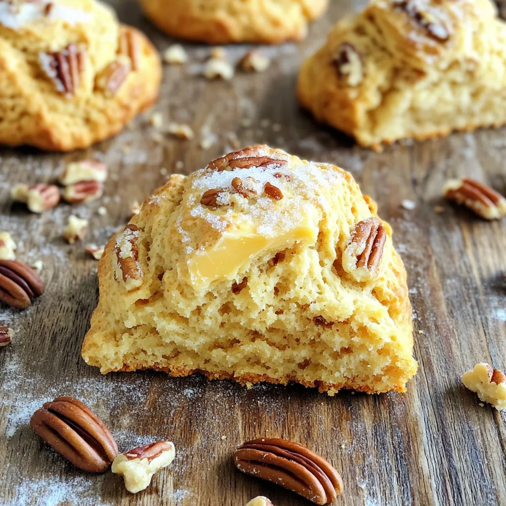 To make these scones, gather the following ingredients: - 2 cups all-purpose flour - 1/4 cup granulated sugar - 1 tablespoon baking powder - 1/2 teaspoon salt - 1/2 cup (1 stick) unsalted butter, browned and cooled - 1/2 cup heavy cream - 1 large egg - 3/4 cup pecans, chopped - 1 teaspoon vanilla extract - 1/2 teaspoon ground cinnamon (optional) - 1/4 cup coarse sugar for sprinkling Need to swap some items? Here are some good options: - All-purpose flour: Use whole wheat flour for a nutty flavor. - Granulated sugar: Brown sugar adds a richer taste. - Unsalted butter: Use coconut oil for a dairy-free version. - Heavy cream: Substitute with milk or almond milk for lighter scones. - Pecans: Walnuts or almonds work well too. Having the right tools makes cooking easier. Here’s what you need: - Medium saucepan for browning butter - Large mixing bowl for dry and wet ingredients - Whisk for mixing - Spatula for folding dough - Sharp knife or pastry cutter for slicing - Baking sheet lined with parchment paper - Wire rack for cooling scones With these ingredients and tools, you're ready to make some delicious brown butter pecan scones! Start by melting the unsalted butter in a medium saucepan over medium heat. Stir it often. Watch it change from yellow to golden brown. This takes about 5 to 7 minutes. Once it turns brown and smells nutty, take it off the heat and let it cool slightly. This is the key to rich flavor. In a large mixing bowl, whisk together the all-purpose flour, granulated sugar, baking powder, salt, and optional ground cinnamon. Mix these dry ingredients well. This step helps create a nice, even base for your scones. In another bowl, combine the cooled brown butter, heavy cream, large egg, and vanilla extract. Whisk these together. You want a smooth, creamy mix. This adds moisture and flavor to your scones. Now, pour the wet mixture into the bowl with the dry ingredients. Gently fold them together with a spatula. Stop mixing as soon as the dough is just combined. Overmixing can make the scones tough. Add the chopped pecans and fold them in gently. Lightly flour a clean surface and move the dough onto it. Pat the dough into a circle about 1 inch thick. Use a sharp knife to cut it into 8 wedges. Make sure you cut all the way through the dough so the scones can separate easily. Place the wedges on a lined baking sheet. Brush the tops with a bit of heavy cream. This will give them a nice golden finish. Sprinkle coarse sugar on top for extra sweetness. Bake in a preheated oven at 400°F (200°C) for 15 to 20 minutes. The scones should be golden brown and smell amazing. After baking, let them cool on a wire rack for about 10 minutes before serving. To make brown butter, you need to melt unsalted butter in a pan. Heat it over medium heat. Stir the butter often. This keeps it from burning. Watch closely as the color changes. It should go from yellow to golden brown. You will smell a nutty aroma as it cooks. This process takes about 5 to 7 minutes. Remove it from the heat so it can cool. Brown butter adds a rich flavor to the scones. For soft and tender scones, do not overmix the dough. Mix until the flour is just combined with the wet ingredients. Overmixing makes the scones tough. When adding the pecans, fold them in gently. This keeps the dough light and fluffy. Use cold heavy cream and butter for the best texture. These tips help keep your scones soft and delicious. Always preheat your oven before baking. This ensures even cooking. Line your baking sheet with parchment paper to prevent sticking. Brush the tops of the scones with heavy cream. This gives them a nice golden color as they bake. Sprinkle coarse sugar on top for extra sweetness. Bake until they are golden brown, about 15 to 20 minutes. Let them cool slightly on a wire rack after baking. Serve the scones warm for the best taste. Place them on a rustic wooden platter. Drizzle with honey or add a dollop of clotted cream. This adds a nice touch and enhances the flavors. Garnish with whole pecans on top for a beautiful look. These scones pair well with tea or coffee. Enjoying them with a warm drink makes for a cozy treat. {{image_4}} You can switch up the nuts in your scones. If you want a different flavor, try walnuts or almonds. These nuts add a nice crunch and taste. You can also use pistachios for a fun twist. Just chop them up like you do with the pecans. For extra flavor, think about adding herbs or spices. A bit of rosemary or thyme can give a nice touch. You can also mix in dried fruits like cranberries or apricots. They add sweetness and chewiness. If you love spices, try adding ginger or nutmeg for a warm taste. A glaze can make your scones shine. Mix powdered sugar with milk to create a simple glaze. You can drizzle it over the warm scones for a sweet finish. For a richer taste, use cream cheese icing. Just blend cream cheese, powdered sugar, and a little vanilla. It makes a nice, creamy topping that pairs well with the nutty flavors. To store leftover scones, place them in an airtight container. This keeps them fresh and soft. Line the bottom with paper towels to absorb moisture. Add another paper towel on top before sealing. This setup helps prevent sogginess. You can freeze scones for up to three months. First, let them cool completely. Then, wrap each scone in plastic wrap. Place the wrapped scones in a freezer bag or container. Be sure to remove as much air as possible. When you want one, take it out and let it thaw at room temperature. To reheat scones, use your oven for the best results. Preheat your oven to 350°F (175°C). Place the scones on a baking sheet. Heat them for about 10-15 minutes. This warms them up and brings back their crispiness. You can also microwave them for 20-30 seconds, but they may lose some texture. Enjoy your scones warm for the best flavor! To make brown butter, start with unsalted butter. Heat it in a saucepan over medium heat. Stir it often. Watch for the color to change to a golden brown. You will smell a nutty aroma. This process takes about 5-7 minutes. Be careful not to burn it. Once it is done, remove it from the heat and let it cool. Yes, you can prepare the scones the night before. Follow all steps up to the baking part. Place the shaped scones on a baking sheet and cover them with plastic wrap. Store them in the fridge overnight. When ready to bake, just take them out and bake as directed. This saves time in the morning. If your scones turn out dry, add a splash of cream. Mix it gently into the dough. You can also try adding a bit more butter next time. Make sure not to overmix the dough, as this can cause dryness. Remember, a light touch keeps them tender and fluffy. Brown butter pecan scones pair well with many things. You can serve them warm with honey. Clotted cream also adds a rich touch. A cup of tea or coffee completes the experience. Try adding fresh fruit on the side for a colorful plate. Enjoy experimenting with different toppings! Brown butter pecan scones are a treat worth making. We explored key ingredients, useful tools, and step-by-step instructions to guide you. With tips for perfecting brown butter and ensuring tender scones, you can elevate your baking. We also discussed fun variations and how to store leftovers. Remember, practice makes perfect, so don’t hesitate to try this recipe. Enjoy the warm, nutty flavors of your fresh scones!