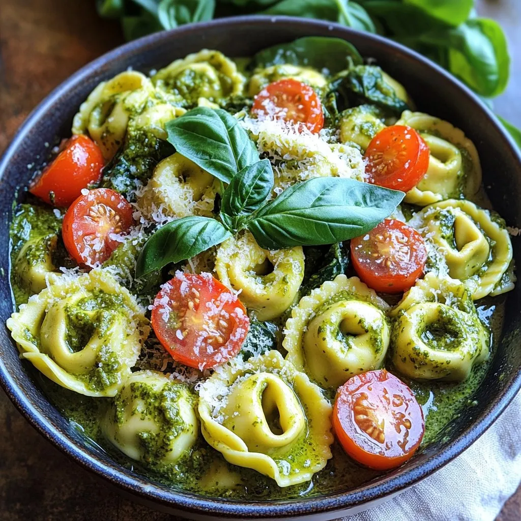 - 12 oz cheese tortellini (fresh or frozen) - 1 cup cherry tomatoes, halved - 1 cup baby spinach - 1 cup heavy cream - 1/2 cup basil pesto (store-bought or homemade) - 1/2 cup grated Parmesan cheese, plus extra for serving - 2 tablespoons olive oil - 3 cloves garlic, minced - Salt and pepper to taste - Fresh basil leaves - Extra Parmesan cheese The heart of this dish lies in its simple yet flavorful ingredients. Cheese tortellini serves as a delicious base. You can use fresh or frozen tortellini, making it easy to prepare. Cherry tomatoes add a burst of freshness and sweetness. Baby spinach brings in color and nutrients, while heavy cream gives that rich, creamy texture we all love. Basil pesto, whether you buy it or make it, adds an aromatic touch. Grated Parmesan cheese melts into the dish, enhancing the flavor. Olive oil and minced garlic create a fragrant base. Lastly, don’t forget salt and pepper; they bring all the flavors together. For garnishes, fresh basil leaves and extra Parmesan cheese elevate the dish. They add a pop of color and flavor. These ingredients come together to create a meal that feels fancy but is quick and easy to make. 1. Warm 2 tablespoons of olive oil in a large pot over medium heat. 2. Once the oil is hot, add 3 cloves of minced garlic. Sauté for about 1 minute. Stir often to prevent burning. The garlic should smell fragrant and turn lightly golden. 1. Next, add 1 cup of halved cherry tomatoes to the pot. Sauté for about 3-4 minutes. This helps the tomatoes soften and release their juices. 2. Slowly pour in 1 cup of heavy cream. Stir well to mix with the garlic and tomatoes. 3. Add 1/2 cup of basil pesto. Mix thoroughly until the cream and pesto combine into a smooth sauce. 4. Raise the heat slightly. Bring the mixture to a gentle simmer. This step enhances the flavors of the dish. 1. Add 12 ounces of cheese tortellini to the pot. Stir gently to coat them in the sauce. Cook according to package instructions, about 3-5 minutes for fresh tortellini. They should be tender and heated through. 2. Once cooked, fold in 1 cup of baby spinach and 1/2 cup of grated Parmesan cheese. Stir gently until the spinach wilts and the cheese melts. This creates a rich, creamy sauce that hugs the tortellini. 3. Taste your dish and season with salt and pepper as needed. Adjust for the best flavor. 4. Remove the pot from heat and let it rest for a couple of minutes. This helps the dish thicken before serving. - Ensuring even cooking of tortellini: Cook tortellini in boiling water for 3-5 minutes. Stir gently to keep them from sticking. If using frozen tortellini, follow package instructions. This way, all pieces cook evenly and become soft. - Keeping it creamy: To keep your dish creamy, use heavy cream and mix well with pesto. Avoid high heat when adding cream. This helps prevent curdling and keeps the sauce smooth. - Recommended spices: Add a pinch of red pepper flakes for some heat. A sprinkle of Italian seasoning can boost flavors too. Freshly cracked black pepper adds a nice touch as well. - Adding protein options: For extra protein, try adding cooked chicken, shrimp, or even chickpeas. These options blend well with the creamy sauce and enhance the meal's nutrition. - Best pairings: Serve your tortellini with a side salad or garlic bread. A light white wine or sparkling water complements the dish perfectly. - Serving temperatures: Enjoy this dish hot for the best taste. Let it cool slightly before serving to avoid burns. The flavors deepen as it sits, so it’s also great as leftovers! {{image_4}} You can easily change the pasta type in this dish. Use any shape you like. Bowtie or penne work well too. If you want a lighter option, try using zucchini noodles. For vegetables, you have many choices. Add bell peppers for sweetness, or mushrooms for earthiness. Broccoli or peas can also add color and nutrition. If you need a gluten-free option, choose gluten-free tortellini. Many brands offer this now, and it tastes great. You can also use gluten-free pasta if you prefer. For a vegan adaptation, switch the cheese tortellini for a vegan version. Use coconut cream instead of heavy cream. Look for vegan pesto or make your own with nuts and basil. In summer, add fresh corn or diced cucumbers. These add a nice crunch and freshness to the dish. You can also try fresh herbs like parsley or dill. In winter, consider adding roasted butternut squash or kale. These ingredients bring warmth and heartiness to your meal. They blend well with the creamy sauce and make it cozy and comforting. To keep your One-Pot Creamy Pesto Tortellini fresh, use airtight containers. Glass or plastic work well. Make sure they seal tightly to avoid air. Your leftovers will last about three to four days in the fridge. Label the containers with the date for easy tracking. When you're ready to enjoy your leftovers, the best method is using the stove. Heat a pan over low to medium heat. Add a splash of water or cream to keep it creamy. Stir often to avoid burning. If using a microwave, heat in short bursts. Stir in between to help it heat evenly. This way, you avoid sogginess. If you want to freeze the dish, first cool it completely. Then, place it in freezer-safe bags or containers. Squeeze out as much air as you can. This helps prevent freezer burn. Your dish can freeze well for up to three months. When you're ready to eat, thaw it in the fridge overnight. Reheat using the same methods as above for the best results. It takes about 10 minutes to prep and 20 minutes to cook. In total, you will need 30 minutes to make this dish. This quick time is perfect for busy days. Yes, you can use homemade pesto. Fresh basil, garlic, nuts, cheese, and olive oil make a great blend. Blend these ingredients until smooth. Feel free to adjust the flavors to your taste. Homemade pesto adds a personal touch to the dish. You can add a variety of vegetables to this recipe. Here are some great options: - Zucchini - Bell peppers - Peas - Broccoli - Asparagus - Mushrooms These veggies will add color and nutrients to your meal. Mix and match for different flavors! This article covered the tasty One-Pot Creamy Pesto Tortellini recipe. We discussed key ingredients like cheese tortellini, cherry tomatoes, and baby spinach. The step-by-step guide shows how to cook everything perfectly. You learned useful tips for flavor and serving. Plus, we explored variations and storage methods. In short, this dish is easy, creamy, and enjoyable. Feel free to adapt it to your taste. Enjoy every bite!