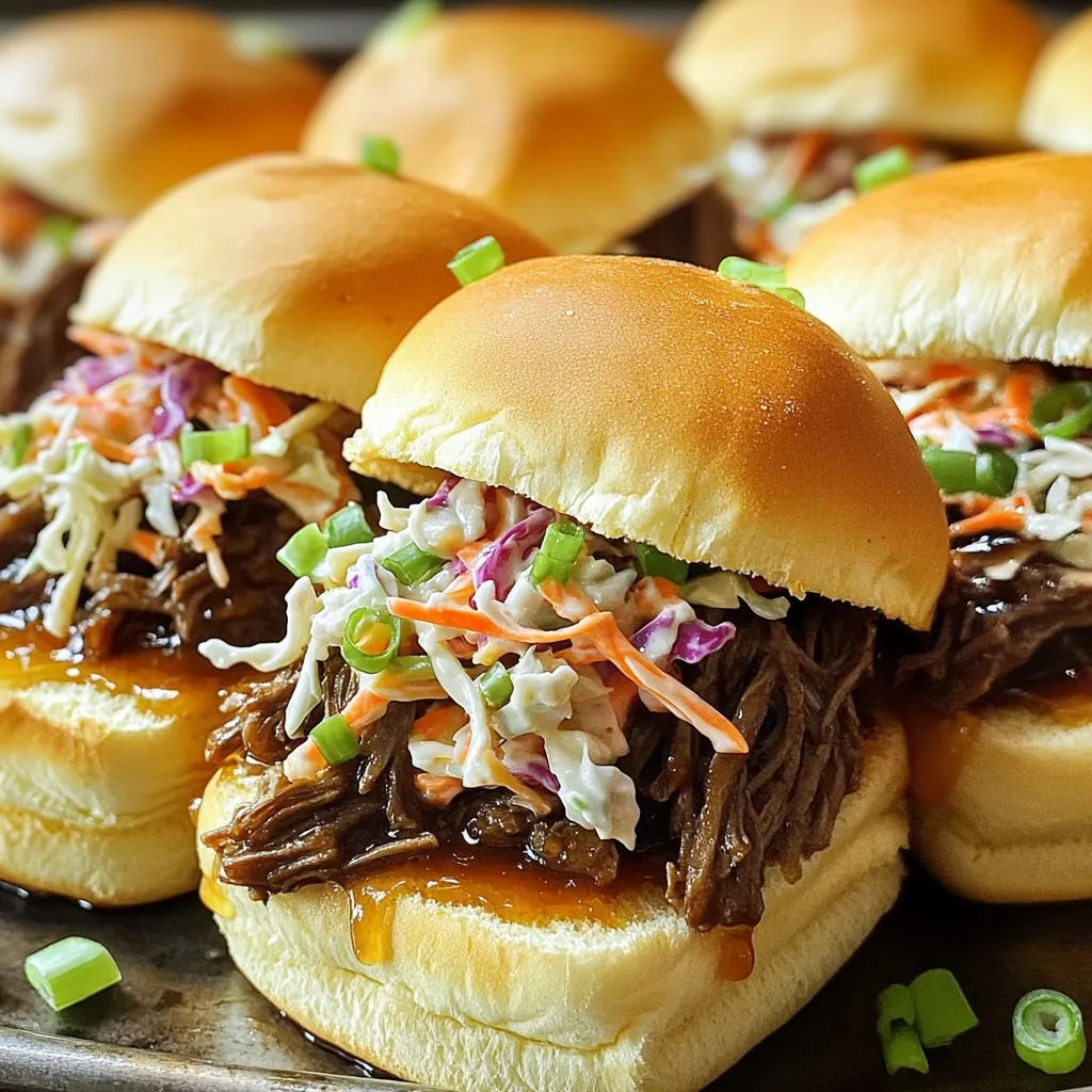 - 2 lbs beef chuck roast - 1/2 cup honey - 1/4 cup soy sauce (or tamari) - 4 cloves garlic, minced - 1 tablespoon fresh ginger, grated - 1 teaspoon freshly ground black pepper - 1/2 teaspoon crushed red pepper flakes - 1 cup beef broth - 12 slider buns - 1 cup coleslaw mix - 1/4 cup sliced green onions To make these sliders, you need a few key items. The beef chuck roast provides a rich flavor and tender texture. Honey adds sweetness, while soy sauce gives saltiness. Garlic and ginger bring bold flavors to the mix. Black pepper and red pepper flakes add a little kick. Beef broth keeps everything moist and tasty. Finally, you’ll need slider buns, coleslaw mix for crunch, and green onions for garnish. - Gluten-free options: Use tamari instead of soy sauce for a gluten-free choice. - Alternative sweeteners: Maple syrup or agave can replace honey for a different taste. - Different cuts of beef: You can also use brisket or round roast. Each will change the flavor and texture slightly. Feel free to swap ingredients based on what you have or what you like. Cooking should feel fun and flexible! Start by cutting the beef chuck roast into large chunks. Trim off any excess fat. This helps the beef cook evenly. Next, season the beef well. Use freshly ground black pepper and add crushed red pepper flakes if you want some heat. This seasoning boosts the flavor of the meat. In a medium bowl, mix the sauce ingredients. Combine honey, soy sauce, minced garlic, grated ginger, and beef broth. Whisk them well until the sauce is smooth. The right balance of honey and soy sauce gives a sweet and savory taste. This sauce will coat the beef as it cooks, making it extra tasty. Transfer the seasoned beef chunks into the slow cooker. Pour the honey garlic sauce over the beef. Make sure every piece gets coated. Cover the slow cooker with its lid. Set it to cook on low for 6 to 8 hours. The beef will become very tender and easy to shred when it's done. Once cooking is complete, carefully take the beef out of the slow cooker. Use tongs to avoid burns. Shred the beef into bite-sized pieces using two forks. This method is quick and effective. After shredding, return the meat to the slow cooker. Mix it well with the remaining sauce so every bit of beef is coated. If you like toasted buns, lightly toast them in a skillet or toaster. Take the bottom half of each bun. Scoop on the honey garlic beef mixture generously. Add a handful of coleslaw mix for a nice crunch. Finish with sliced green onions for color and fresh taste. Cap each slider with the top half of the bun. - Seasoning adjustments for different preferences: If you like more spice, add extra crushed red pepper flakes. For a sweeter taste, try adding a bit more honey. You can also use low-sodium soy sauce if you want to control the salt. Adjust these ingredients to fit your taste. - Cooking time variations based on slow cooker models: Every slow cooker heats differently. If your model cooks fast, check the beef after 5 hours on low. If it seems tough, let it cook longer. The beef should be very tender and easy to shred. - Plating suggestions for serving: For a great look, serve the sliders on a wooden board. This gives a rustic feel. You can stack them in rows or arrange them in a circle. - Garnishing tips with green onions and lime: Top each slider with green onions for color. Add lime wedges on the side to give a fresh touch. This brightens the dish and adds flavor. - Best beverages to serve with sliders: These sliders go great with iced tea or lemonade. A light beer also fits well. Choose drinks that balance the sweet and savory flavors of the beef. - Side dishes that complement the meal: Serve with crispy sweet potato fries or a fresh salad. A tangy coleslaw pairs well too. These sides add crunch and freshness, making your meal complete. {{image_4}} You can swap beef for chicken or pork. Chicken thighs work great in this recipe. They stay moist and tender. For pork, use a pork shoulder. It will give you juicy sliders. If you want plant-based options, use jackfruit or mushrooms. Jackfruit shreds well and soaks up flavor. Mushrooms add a rich, earthy taste. Both can replace beef in this dish. To boost flavors, add herbs and spices. Fresh herbs like cilantro or basil brighten the dish. Spice it up with smoked paprika or cumin for a twist. You can even add a splash of lime juice for zest. Experiment with sauces too. Try barbecue sauce for a smoky kick or teriyaki sauce for a sweet touch. Mixing different sauces can make your sliders unique. For healthier sliders, use lean cuts of meat. Trim off any excess fat. You can also use less honey or choose a sugar-free alternative. This will lower the calorie count. If you need gluten-free options, use tamari instead of soy sauce. Look for gluten-free buns to complete your meal. For dairy-free needs, skip any creamy toppings. Instead, use extra coleslaw for crunch. To store leftover beef sliders, first let them cool. Then, place the beef in a shallow container. Cover it tightly with a lid or plastic wrap. This keeps the beef fresh. You can also store the buns separately to avoid sogginess. Use airtight containers for best results. They help maintain flavor and texture. When it's time to reheat your sliders, avoid the microwave. Instead, use an oven or skillet. For the oven, preheat it to 350°F. Place the sliders on a baking sheet and cover with foil. Heat for about 10-15 minutes. This method keeps the buns from getting soggy. If using a skillet, heat on low and cover with a lid. Check to ensure they warm evenly. You can freeze the cooked beef for later meals. Let the beef cool completely, then place it in freezer bags. Remove as much air as possible before sealing. You can freeze slider buns too, but wrap them tightly in plastic wrap first. To use, thaw the beef in the fridge overnight and reheat as described above. This makes meal prep easy and quick! You should cook the beef for 6 to 8 hours on low. This long cook time makes the beef tender and easy to shred. The slow cooker allows the flavors to blend well, giving you that rich taste. Yes, you can prepare this recipe ahead of time. You can cook the beef and store it in the fridge for up to three days. Just reheat it before serving. You can also freeze it for later use. Some great sides include: - Sweet potato fries - Coleslaw - Potato salad - Mixed green salad These sides complement the sweet and savory flavors of the sliders. Absolutely! You can try different sauces like teriyaki or BBQ sauce. Each sauce will give a unique twist to the sliders. Just keep the honey and garlic to maintain some of the original flavor. The beef is done when it is tender and shreds easily with a fork. If it isn’t shredding well, let it cook for another hour. The goal is to have melt-in-your-mouth beef for your sliders. In this blog post, I covered how to make delicious honey garlic beef sliders. We explored the main ingredients and possible substitutions. I shared clear step-by-step cooking instructions for your ease. You learned tips for perfecting the recipe and creative variations to try. Finally, I included storage info to keep leftovers fresh. Enjoy creating these sliders and make them your own! Happy cooking!