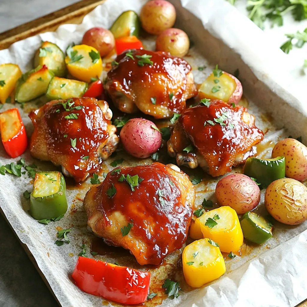 - 4 bone-in chicken thighs, skin-on - 2 tablespoons olive oil - 1 teaspoon smoked paprika - 1 teaspoon garlic powder - 1 teaspoon onion powder - 1 tablespoon brown sugar - 1/2 cup BBQ sauce (choose a sweet and smoky variety for best flavor) - 1 cup baby potatoes, halved - 1 cup mixed bell peppers (red, yellow, and green), sliced - Salt and freshly ground black pepper, to taste - Fresh parsley, chopped, for garnish For this recipe, I recommend using a sweet and smoky BBQ sauce. Look for sauces that contain brown sugar or molasses. These ingredients add depth and sweetness. Some great brands include Sweet Baby Ray's, Stubbs, or your local favorite. Experiment to find the perfect mix for your taste. You will need a few simple tools to make this dish: - A sheet pan - Parchment paper for easy cleanup - A mixing bowl for the marinade - A separate bowl for the veggies - A meat thermometer to check the chicken's doneness - A brush for spreading the BBQ sauce With these ingredients and tools, you are ready to create a delicious Sweet and Smoky BBQ Sheet Pan Chicken. Enjoy the cooking process! Start by preheating your oven to 425°F (220°C). This high heat helps the chicken to cook evenly. To make cleanup easy, line a sheet pan with parchment paper. This will catch any drips from your chicken and veggies. In a small bowl, mix the olive oil, smoked paprika, garlic powder, onion powder, brown sugar, salt, and pepper. Stir well until all the spices blend together. This marinade gives the chicken a sweet and smoky flavor. Take the chicken thighs and place them in a large mixing bowl. Pour the marinade over the chicken. Use your hands to rub the marinade into the chicken. Make sure every part of the thighs is coated well. This step adds flavor and makes the chicken juicy. In another bowl, add the halved baby potatoes and sliced bell peppers. Drizzle a bit of olive oil on them. Sprinkle with salt and pepper. Toss everything together until the vegetables are fully coated. This will help them roast nicely in the oven. On your lined sheet pan, place the marinated chicken thighs skin-side up on one side. Spread the seasoned baby potatoes and bell peppers on the other side. This keeps everything organized while baking. Slide the pan into the oven and bake for about 30 to 35 minutes. The chicken should reach an internal temperature of 165°F (74°C), and the skin will be crispy. In the last 5 minutes of baking, brush the BBQ sauce over the chicken thighs. This allows the sauce to caramelize and gives an extra burst of flavor. When the timer goes off, take the pan out of the oven. Let the meal rest for a few minutes before serving. To get that perfect crispy skin on your chicken, start with bone-in, skin-on thighs. This cut holds moisture well and crisps up nicely. Before you bake, make sure to pat the skin dry with paper towels. This helps the skin get crispy. When you coat the chicken with the marinade, focus on getting it under the skin too. This adds flavor and helps achieve that crunch. Baking at a high temperature, like 425°F, is key. It ensures the skin gets golden and crispy while keeping the meat juicy. Marinating your chicken is important for flavor. Use enough time to let the flavors seep in. A good rule is to marinate for at least 30 minutes, but overnight is even better. When making the marinade, mix your ingredients well. Make sure the olive oil, spices, and sugar blend fully. This way, every bite packs a punch. When you coat the chicken, ensure it is fully covered. You can use your hands to massage the marinade into the chicken. This helps it absorb the flavors better. Cutting your vegetables evenly is crucial for even cooking. For baby potatoes, halving them works well. Make sure all pieces are similar in size. This helps them cook at the same rate. For bell peppers, slice them into strips about one inch wide. This size allows them to soften without becoming mushy. When you toss the veggies in olive oil and seasoning, make sure they are well coated. This adds flavor and helps them roast nicely alongside the chicken. Spread them out on the sheet pan to avoid steaming. {{image_4}} You can switch up the chicken for other proteins. Try using bone-in pork chops or even salmon fillets. Each protein offers a unique taste. Just adjust the cooking time. Pork chops may need a bit more time, while salmon cooks faster. Always check the internal temperature to ensure safety. Feel free to use seasonal vegetables in this dish. Carrots, zucchini, or asparagus work great. You can even add corn on the cob during the summer. The key is to cut them to similar sizes for even cooking. This not only adds color but also boosts nutrition. Get creative with your seasonings and marinades! Instead of smoked paprika, try cumin or chili powder for heat. You can also use honey or maple syrup in place of brown sugar for sweetness. Experimenting lets you find new favorite flavors. Just remember, balance is key. After enjoying your sweet and smoky BBQ sheet pan chicken, store any leftovers in an airtight container. Let the chicken cool before storing. This keeps the chicken moist and tasty. You can also store the veggies with the chicken. Keep leftovers in the fridge for up to three days. To reheat, first preheat your oven to 350°F (175°C). Place the chicken and veggies on a baking sheet. Cover them with foil to prevent drying out. Heat for about 15-20 minutes, or until warm. You can also use a microwave, but it may not keep the skin crispy. Heat in short intervals until hot. If you want to prep ahead, freeze the cooked chicken and veggies. Allow them to cool completely, then place them in a freezer-safe container. Use freezer bags for easy storage. Label the bags with the date. You can freeze for up to three months. When ready to eat, thaw in the fridge overnight and reheat as instructed. Yes, you can use boneless chicken thighs. They cook faster than bone-in thighs. Just adjust the cooking time to about 25-30 minutes. Check for a golden color and juicy texture. For sweetness, choose a BBQ sauce with honey or brown sugar. These sauces enhance the flavor of the chicken. Brands with a fruity mix, like apple or peach, add a nice touch. To check if chicken is done, use a meat thermometer. The internal temperature should reach 165°F (74°C). The juices should run clear, not pink. Cutting into the chicken also shows if it’s cooked. Yes, you can prep the chicken and veggies a day ahead. Store them in the fridge. Just add the BBQ sauce before baking. This saves time and lets the flavors blend. This blog post gave you all the details for a great BBQ chicken dish. We covered ingredients, tools, and step-by-step cooking methods. I included tips for a crispy finish and suggested variations if you want to mix things up. Knowing how to store and reheat leftovers will help you enjoy this meal longer. Now, it's time for you to try this recipe. Enjoy cooking!
