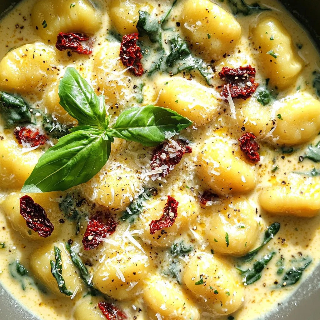 Here’s what you need to make creamy sun-dried tomato gnocchi: - 1 pound potato gnocchi (fresh or packaged) - 1 cup heavy cream - 1/2 cup sun-dried tomatoes, chopped - 2 cups fresh spinach, roughly chopped - 1/2 cup freshly grated Parmesan cheese - 2 tablespoons extra-virgin olive oil - 3 cloves garlic, minced - 1 teaspoon Italian seasoning blend - Salt and freshly ground black pepper to taste - Fresh basil leaves for garnish These ingredients blend together to create a rich and tasty dish. The gnocchi becomes soft and tender. The sun-dried tomatoes add a nice touch of sweetness. Fresh spinach gives color and nutrients. Heavy cream makes the sauce creamy and smooth. Parmesan cheese adds a salty kick that ties everything together. When shopping, look for good-quality sun-dried tomatoes. If you can find them in oil, grab those for more flavor. Fresh spinach is best, but you can use frozen if needed. The use of fresh garlic makes a big difference in taste. You can switch things up with your favorite herbs. You could even add chicken or shrimp for extra protein. This dish is quick and easy, perfect for a weeknight meal. Keep these ingredients on hand for a fast and delicious dinner. - Step 1: Heat the Oil First, grab a large pot or deep skillet. Pour in the olive oil and set the heat to medium. Once the oil is hot, add the minced garlic. Sauté for about one minute until the garlic smells great and turns slightly golden. - Step 2: Incorporate the Tomatoes Now, toss in the chopped sun-dried tomatoes along with the Italian seasoning. Stir this mix for about two minutes. This helps the flavors blend well and makes your kitchen smell amazing. - Step 3: Create the Sauce Next, slowly add the heavy cream to the pot. Turn up the heat a bit until the mixture gently simmers. Add the grated Parmesan cheese and whisk it in. Keep whisking until the cheese melts fully, creating a creamy sauce. - Step 4: Cook the Gnocchi Time to add the potato gnocchi! Carefully stir them in, making sure they are all coated with that rich sauce. Let the gnocchi cook for about 5 to 7 minutes. They are done when they float to the top of the sauce. - Step 5: Add the Spinach Gently fold in the chopped spinach now. Cook for another 2 to 3 minutes. This will help the spinach wilt and mix into your dish. - Step 6: Season to Taste Take a quick taste of your sauce. Add salt and pepper to suit your taste. If you want a thinner sauce, splash in a bit of water and stir until it’s just right. - Step 7: Rest Before Serving Remove the skillet from the heat and cover it. Let it sit for a few minutes. This helps the sauce thicken and the flavors come together beautifully. - Step 8: Garnish and Serve Serve your creamy gnocchi warm. Add fresh basil leaves on top for a pop of color and extra flavor. Enjoy this quick and tasty dish with family or friends! How to achieve the perfect creamy sauce To make a creamy sauce, start with high-fat cream. Use heavy cream for richness. Warm the olive oil before adding garlic. This step builds flavor. Add the sun-dried tomatoes next to enhance the taste. When you pour in the cream, keep stirring. This helps the cheese melt smoothly. Ensuring gnocchi cooks evenly For even cooking, stir the gnocchi gently. Add them to the pot once the sauce simmers. Let them cook until they float. This floating sign means they are done. Keep the heat steady so they cook without sticking. Importance of fresh ingredients Using fresh ingredients makes a big difference. Fresh spinach wilts better and adds color. Choose good-quality sun-dried tomatoes packed in oil for extra flavor. Freshly grated Parmesan melts more nicely than pre-shredded cheese. How to store leftovers properly Cool any leftovers before storing them. Place the gnocchi in an airtight container. Keep it in the fridge for up to three days. Avoid freezing as it can change the texture. Reheating suggestions To reheat, warm the gnocchi on the stove. Add a splash of water to loosen the sauce. Stir gently over medium heat until warm. This helps avoid a dry dish when reheating. {{image_4}} You can switch up the sun-dried tomatoes if you want. Try diced roasted red peppers or fresh tomatoes. These options add different flavors and textures. If you need a dairy-free dish, use coconut cream or almond milk. For cheese, try nutritional yeast or a dairy-free cheese. These swaps keep the dish creamy and rich. Want more protein? Add cooked chicken or shrimp. They pair well with the sauce and make the dish heartier. Just cook the protein first, then add it in during the last few minutes. Boost the flavor with fresh herbs. Basil and parsley add a nice touch. You can also use thyme or oregano for extra depth. If you like heat, add red pepper flakes. They bring a kick that contrasts well with the cream. Start with a pinch and add more to taste. This way, you control the spice level. These variations let you customize the creamy sun-dried tomato gnocchi to your taste. When serving creamy sun-dried tomato gnocchi, I love to add bright colors and fresh flavors. Here are my favorite ways to garnish: - Fresh herbs for garnish: A sprinkle of fresh basil leaves adds a nice touch. It gives the dish a pop of color and enhances the flavor. You can also use parsley or chives if you like. - Serving with a side salad or bread: Pair this dish with a light side salad. A simple mix of greens, tomatoes, and a lemon vinaigrette works well. If you prefer bread, a crusty loaf can soak up the creamy sauce. Choosing the right wine can elevate your meal. Here are some wines I recommend to pair with creamy sun-dried tomato gnocchi: - Chardonnay: A chilled Chardonnay brings a buttery flavor that complements the creaminess of the dish. - Pinot Grigio: This light white wine adds a crisp contrast. Its fruity notes balance the rich sauce well. - Light Red Wines: If you prefer red, try a light-bodied wine like Pinot Noir. It adds depth without overpowering the dish. These garnishes and wine pairings enhance your dining experience, making the dish even more enjoyable. Can I use frozen gnocchi instead of fresh or packaged? Yes, you can use frozen gnocchi. Just add them directly to the pot. You may need to cook them a bit longer. Follow the package instructions for timing. How do I know when the gnocchi is done cooking? Gnocchi is done when it floats to the top of the sauce. This usually takes about 5 to 7 minutes. Can I make this recipe ahead of time? You can prepare the sauce ahead of time. Just store it in the fridge. Cook the gnocchi fresh for the best texture. What can I serve with creamy sun-dried tomato gnocchi? This dish pairs well with a fresh salad or garlic bread. You could also serve it with grilled chicken or shrimp for added protein. This blog post explored a creamy sun-dried tomato gnocchi recipe. We covered ingredients, cooking steps, and storage tips. You learned ways to enhance flavors and variations for special diets. Remember, fresh ingredients make a big difference. Experiment with your favorite herbs or add protein for variety. Enjoy this tasty dish with a salad and a good wine. I hope you try this recipe and make it your own!