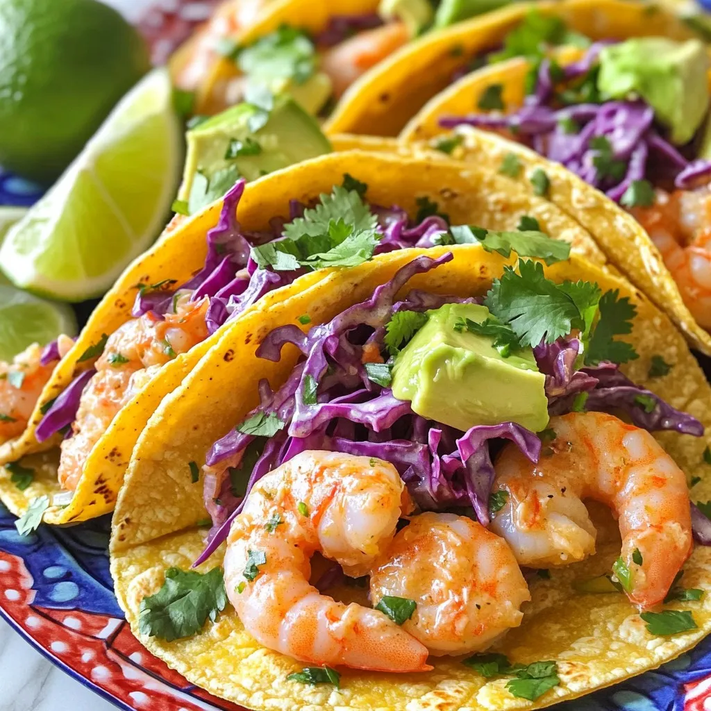 - 1 lb large shrimp, peeled and deveined - 4 tablespoons unsalted butter - 4 cloves garlic, finely minced - 1 teaspoon chili powder - 1/2 teaspoon cayenne pepper - Salt and freshly cracked black pepper - 1 tablespoon fresh lemon juice - 8 small corn tortillas - 1 cup red cabbage, thinly shredded - 1/2 cup ripe avocado, diced - Fresh cilantro, chopped, for garnish - Lime wedges, for serving I love using fresh shrimp when making these tacos. The shrimp should be large, peeled, and deveined. This makes them easy to cook and eat. Butter is key for flavor. It adds richness and makes everything taste better. I use unsalted butter to control the saltiness. Garlic gives a great aroma and taste. Minced garlic cooks quickly, so watch it closely. The spices really kick things up a notch. Chili powder gives warmth, while cayenne adds heat. You can adjust the cayenne based on your taste. Fresh ingredients make these tacos pop. Lemon juice adds brightness. The red cabbage gives crunch and color. Avocado adds creaminess, which balances the spice. I love sprinkling fresh cilantro on top. It adds a lovely herbal note. Don't forget lime wedges for serving! A squeeze of lime brings all the flavors together. - Melt the Butter Start by melting the unsalted butter in a large skillet. Heat it over medium until it bubbles gently. The butter gives the shrimp a rich flavor. - Sauté the Garlic Next, add the finely minced garlic to the hot butter. Sauté it for about one minute. Stir often to avoid browning. The garlic will become fragrant, making your kitchen smell amazing. - Spice It Up Now, stir in the chili powder and cayenne pepper. Add a pinch of salt and fresh black pepper. Mix well to combine the spices into the butter. This step adds a nice kick to your shrimp. - Add the Shrimp Place the shrimp in the skillet in a single layer. Make sure they are not crowded. This helps them cook evenly. - Cook for 2-3 Minutes Cook the shrimp for about 2-3 minutes on each side. Watch for them to turn bright pink and opaque. You want them tender, not overcooked. - Squeeze Lemon Juice Once the shrimp are ready, squeeze fresh lemon juice over them. Toss gently to coat the shrimp. This adds a zesty flavor. - Prepare the Tortillas In another skillet or microwave, warm the corn tortillas. You want them soft and easy to fold. - Layer Ingredients On each tortilla, layer a good amount of shredded red cabbage. Then, top it with the spicy garlic butter shrimp. - Finish with Freshness Add diced avocado on top of the shrimp. Sprinkle chopped cilantro over everything for a fresh touch. - Serve & Enjoy Serve the tacos right away. Add lime wedges on the side. A squeeze of lime will brighten the flavors. Enjoy each bite of this tasty dish! - To cook shrimp to tender perfection, avoid overcooking them. - Cook shrimp for just 2-3 minutes on each side. They turn bright pink and opaque when done. - To avoid burning garlic, sauté it on low heat. - Stir frequently to keep it from browning. - Arrange tacos on a vibrant platter. Use colorful ingredients to create a feast for the eyes. - Garnish your dish with lime wedges and fresh cilantro. This adds a bright touch and enhances flavor. - Pair your tacos with fresh sides like corn salad or black beans. - For drinks, try a light beer or a refreshing margarita. Both complement the spicy shrimp well. {{image_4}} You can switch the shrimp for other proteins. Chicken works well; it adds a juicy bite. If you like fish, try tilapia or cod. For a plant-based option, use tofu. Each protein brings its own flavor. Tortillas are not one-size-fits-all. Try flour tortillas for a softer touch or lettuce wraps for a low-carb choice. Both options give a nice twist to your tacos. Want to boost flavor? Add fresh herbs like cilantro or parsley. You can also sprinkle in some smoked paprika for a smoky kick. Chopped jalapeños can bring extra heat if you like spice. Consider topping your tacos with salsa, guacamole, or a drizzle of creamy sauce. A tangy yogurt sauce pairs nicely. These additions create layers of flavor that make each bite exciting. For gluten-free tacos, use corn tortillas. They taste great and keep the dish safe for gluten-sensitive guests. You can also make the filling with veggies instead of shrimp for a satisfying meal. If you want low-carb tacos, use zucchini or bell peppers instead of tortillas. They hold the filling well and add crunch. These swaps keep your meal light but full of flavor. To keep your spicy garlic butter shrimp tacos fresh, store leftovers properly. Place the shrimp in an airtight container. You can stack the cabbage and avocado in separate containers. This keeps them from getting soggy. Make sure to add a squeeze of lemon juice on the avocado to stop it from browning. Store everything in the fridge. For the best taste, reheat shrimp in a skillet. Heat it over medium-low heat for a few minutes. Stir gently to avoid overcooking. You can also microwave the tortillas briefly. Wrap them in a damp paper towel before microwaving for about 15 seconds. This keeps them soft and warm. Cooked shrimp lasts about 2 to 3 days in the fridge. If you freeze the shrimp, it can last up to 3 months. Just make sure to seal it well in a freezer-safe bag. When you're ready to eat, thaw it in the fridge overnight before reheating. You can use many great options if you don't want shrimp. For seafood lovers, try scallops or fish like tilapia. They cook quickly and taste great with garlic butter. For non-seafood options, grilled chicken or sautéed mushrooms work well. You can also use tofu for a plant-based choice. Just ensure to cook your substitute with the same spices for the best flavor. Yes, you can prepare some parts ahead of time. Cook the shrimp and store it in an airtight container in the fridge. You can also shred the cabbage and dice the avocado in advance. Just keep the avocado in lemon juice to prevent browning. Warm the tortillas just before serving for the best taste. To adjust the spice level, change the cayenne pepper amount. Add more for extra heat or reduce it for a milder taco. You can also use hot sauce or jalapeños for more spice. If you want a milder taste, add more avocado or sour cream to balance the heat. Absolutely! These tacos are great for meal prep. Cook a larger batch of shrimp and store it in portions. Keep the toppings like cabbage and avocado ready in separate containers. This way, you can quickly assemble fresh tacos whenever you want a tasty meal. This blog post outlined a tasty shrimp taco recipe from ingredients to tips. You learned how to prepare shrimp, create garlic butter, and layer fresh toppings for the best flavor. Remember, you can swap ingredients or adjust spice levels to fit your taste. Enjoy these tacos fresh or store them for later. With simple steps, you’ll impress friends and family. Dive into this fun cooking adventure and savor the result!