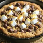 To make a tasty S’mores Skillet Cookie, you need the following ingredients: - 1 cup unsalted butter, softened - 1 cup packed brown sugar - ½ cup granulated sugar - 2 large eggs - 2 teaspoons pure vanilla extract - 2 ½ cups all-purpose flour - 1 teaspoon baking soda - ½ teaspoon fine salt - 1 cup chocolate chips - 1 cup mini marshmallows - ½ cup graham cracker crumbs - Optional toppings: additional chocolate chips and graham cracker pieces These ingredients come together to create a warm and gooey treat. The butter adds richness, while the sugars give it sweetness. The eggs help bind everything. Flour gives the cookie its structure, and baking soda makes it rise. Chocolate chips add melty goodness, and mini marshmallows bring that classic S’mores flavor. The graham cracker crumbs give the cookie a nice crunch and a hint of nostalgia. You can also add more chocolate chips and graham cracker pieces on top for extra fun. With this list, you’re set to create a delicious dessert that everyone will love! 1. Preheat your oven to 350°F (175°C). This helps the cookie bake evenly. 2. In a large bowl, combine 1 cup of softened butter, 1 cup of packed brown sugar, and ½ cup of granulated sugar. Use a hand mixer or a spatula to cream the mixture until it is light and fluffy. This process takes about 2-3 minutes. 3. Next, add 2 large eggs to the mix, one at a time. Make sure to mix well after each egg. Then, stir in 2 teaspoons of pure vanilla extract until it's well blended. 1. In another bowl, sift together 2 ½ cups of all-purpose flour, 1 teaspoon of baking soda, and ½ teaspoon of fine salt. This step ensures even distribution of the baking soda and salt. 2. Gradually add the dry mixture to the wet mixture, mixing gently. Mix just until it is combined. You can leave a few streaks of flour; don't overmix. 1. Carefully fold in 1 cup of chocolate chips and half of the mini marshmallows. Make sure they spread evenly in the dough. Reserve the rest of the mini marshmallows for the topping later. 2. Grease a 12-inch cast-iron skillet or an oven-safe dish with butter or non-stick spray. Press the cookie dough mixture evenly into the skillet. Use a spatula to create a flat layer. 1. Sprinkle the reserved mini marshmallows and any extra chocolate chips on top of the cookie dough. This adds a beautiful finish. 2. Bake the cookie in the preheated oven for 25-30 minutes. Look for golden brown edges and a slightly gooey center for the best texture. 3. After baking, remove the skillet from the oven. Let it cool for 5-10 minutes before serving. This helps the cookie set, making it easier to slice. 4. For an extra treat, you can broil the top for 1-2 minutes. Keep a close eye to avoid burning the marshmallows. For the best chocolate, use semi-sweet or milk chocolate chips. Semi-sweet gives a nice balance. Milk chocolate offers a sweeter taste. Either way, aim for high-quality chocolate. To achieve that gooey texture, do not overbake. Bake until the edges turn golden brown. The center should look soft and slightly undercooked. Let it cool for a few minutes to set. This helps maintain the gooeyness inside. A scoop of vanilla ice cream on top is a must. The cold ice cream melts into the warm cookie. It creates a delightful contrast that you will love. For added crunch, sprinkle graham cracker crumbs over the top. It adds texture and enhances the s'mores flavor. You can use crushed graham crackers or larger pieces for a fun look. Avoid overmixing the dough. Mix until just combined to keep the cookie soft. If you overmix, the cookie can turn tough. Be mindful of cooking times. Every oven is different. Start checking your cookie around 25 minutes. Ovens can vary, so adjust the time as needed to avoid overcooking. {{image_4}} You can make your S’mores Skillet Cookie unique by changing the chocolate. Try dark chocolate for a richer taste or even white chocolate for a sweeter twist. Each type brings a different flavor that can surprise your taste buds. Adding nuts can give your cookie a delightful crunch. Chopped walnuts or pecans can add texture and flavor. Just fold them into the dough with the chocolate chips. For holidays, you can create festive versions. During Halloween, add orange and black sprinkles. For Christmas, use red and green chocolate. These small touches can make your cookie perfect for celebrations. In summer, think about fruity flavors. You can add crushed strawberries or a hint of lemon zest. These flavors can brighten up your S’mores Skillet Cookie and make it refreshingly sweet. If you need gluten-free options, use gluten-free flour. This swap lets everyone enjoy the cookie. Just make sure to check that all your other ingredients are gluten-free too. For vegan substitutes, replace the butter with coconut oil or a vegan butter. Use flax eggs instead of regular eggs. This way, you can still enjoy a warm, gooey treat without animal products. To keep your S’mores Skillet Cookie fresh, store it in an airtight container. This method helps maintain its soft texture. If you don’t have one, wrap it tightly with plastic wrap. I suggest using a glass or plastic container with a lid for best results. When you want to enjoy the cookie again, reheat it in the oven. Set your oven to 350°F (175°C) and warm it for about 10 minutes. This way, the cookie remains gooey, just like fresh out of the oven. Avoid microwaving too long, as it can make the cookie dry. A quick zap of 15-20 seconds can work if you're in a hurry. If you want to save some for later, freezing is easy. First, let the cookie cool completely. Then, cut it into pieces for easy serving. Wrap each piece in plastic wrap and place them in a freezer-safe bag. Make sure to remove as much air as possible. To serve, thaw the cookie pieces in the fridge overnight before reheating. This keeps the flavor and texture just right. You can tell the cookie is done by checking the edges. They should be golden brown. The center should still feel soft and slightly gooey. This gives you that perfect texture. If you want it a bit firmer, bake it one or two minutes longer. Keep an eye on it to avoid overbaking. Yes, you can use different types of marshmallows! Mini marshmallows work great for this recipe. You might also try regular-sized marshmallows, cut in half. For a fun twist, flavored marshmallows add a unique taste. Just remember, they all melt well and create that classic s’mores vibe. Serving it warm is key! A scoop of vanilla ice cream pairs perfectly. You can sprinkle some extra graham cracker crumbs on top for added crunch. Drizzling chocolate sauce adds a nice touch. You can also serve it with fresh fruit for balance. Leftovers can be stored for up to three days. Keep them in an airtight container at room temperature. If you want to keep them longer, refrigeration works too. Just remember, it might lose some gooeyness in the fridge. Yes, you can prepare the dough ahead of time. Just store it in the fridge for up to two days. When you're ready, press it into the skillet and bake. This saves time and makes it easy for parties or gatherings. This blog post covered how to make a delicious s'mores skillet cookie. We discussed the key ingredients, followed step-by-step instructions, and shared tips for perfecting your cookie. You learned about variations to try, how to store leftovers, and answered common questions. Now you can make this sweet treat with ease. Remember, baking is about having fun. Enjoy your time in the kitchen and share these cookies with friends or family!