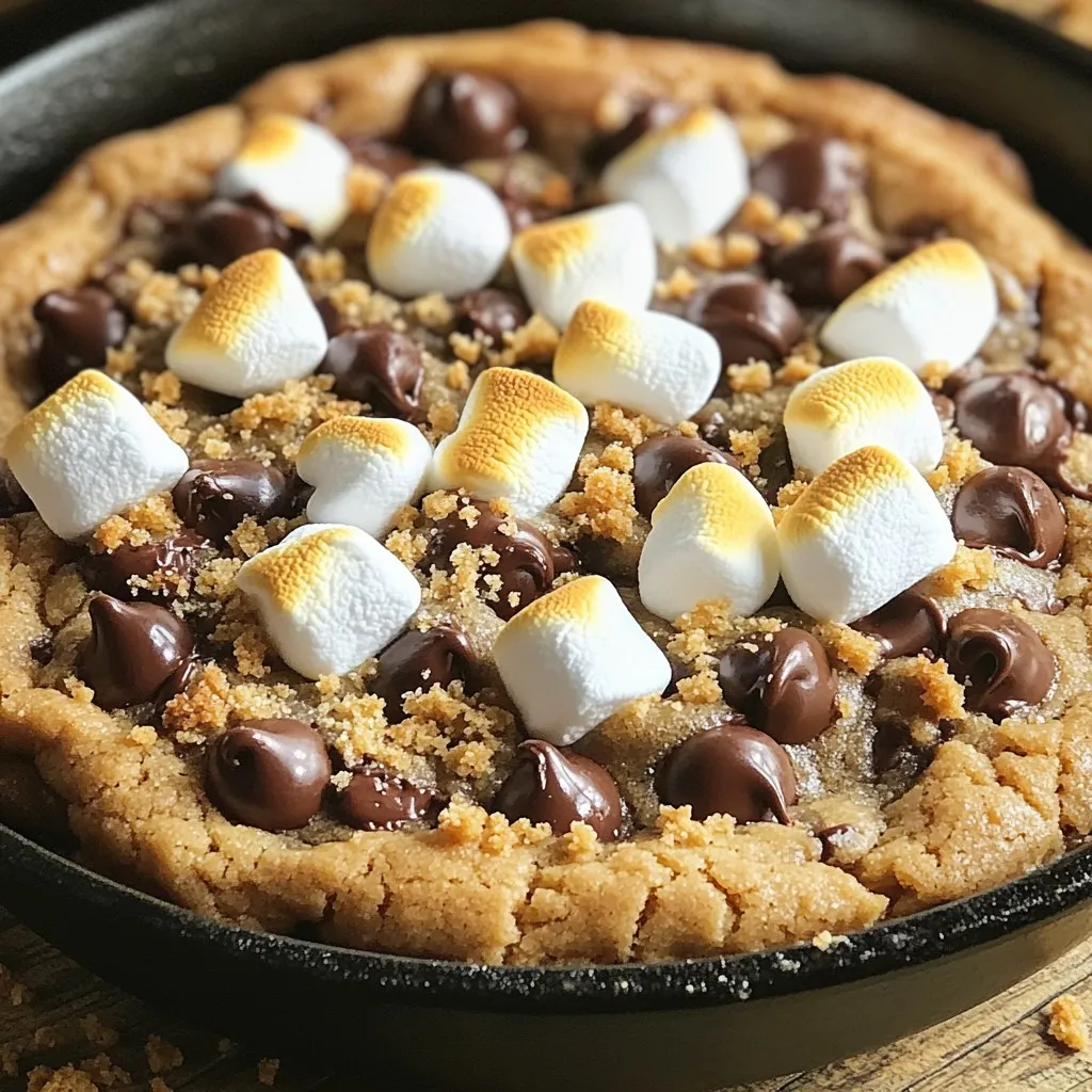 To make a tasty S’mores Skillet Cookie, you need the following ingredients: - 1 cup unsalted butter, softened - 1 cup packed brown sugar - ½ cup granulated sugar - 2 large eggs - 2 teaspoons pure vanilla extract - 2 ½ cups all-purpose flour - 1 teaspoon baking soda - ½ teaspoon fine salt - 1 cup chocolate chips - 1 cup mini marshmallows - ½ cup graham cracker crumbs - Optional toppings: additional chocolate chips and graham cracker pieces These ingredients come together to create a warm and gooey treat. The butter adds richness, while the sugars give it sweetness. The eggs help bind everything. Flour gives the cookie its structure, and baking soda makes it rise. Chocolate chips add melty goodness, and mini marshmallows bring that classic S’mores flavor. The graham cracker crumbs give the cookie a nice crunch and a hint of nostalgia. You can also add more chocolate chips and graham cracker pieces on top for extra fun. With this list, you’re set to create a delicious dessert that everyone will love! 1. Preheat your oven to 350°F (175°C). This helps the cookie bake evenly. 2. In a large bowl, combine 1 cup of softened butter, 1 cup of packed brown sugar, and ½ cup of granulated sugar. Use a hand mixer or a spatula to cream the mixture until it is light and fluffy. This process takes about 2-3 minutes. 3. Next, add 2 large eggs to the mix, one at a time. Make sure to mix well after each egg. Then, stir in 2 teaspoons of pure vanilla extract until it's well blended. 1. In another bowl, sift together 2 ½ cups of all-purpose flour, 1 teaspoon of baking soda, and ½ teaspoon of fine salt. This step ensures even distribution of the baking soda and salt. 2. Gradually add the dry mixture to the wet mixture, mixing gently. Mix just until it is combined. You can leave a few streaks of flour; don't overmix. 1. Carefully fold in 1 cup of chocolate chips and half of the mini marshmallows. Make sure they spread evenly in the dough. Reserve the rest of the mini marshmallows for the topping later. 2. Grease a 12-inch cast-iron skillet or an oven-safe dish with butter or non-stick spray. Press the cookie dough mixture evenly into the skillet. Use a spatula to create a flat layer. 1. Sprinkle the reserved mini marshmallows and any extra chocolate chips on top of the cookie dough. This adds a beautiful finish. 2. Bake the cookie in the preheated oven for 25-30 minutes. Look for golden brown edges and a slightly gooey center for the best texture. 3. After baking, remove the skillet from the oven. Let it cool for 5-10 minutes before serving. This helps the cookie set, making it easier to slice. 4. For an extra treat, you can broil the top for 1-2 minutes. Keep a close eye to avoid burning the marshmallows. For the best chocolate, use semi-sweet or milk chocolate chips. Semi-sweet gives a nice balance. Milk chocolate offers a sweeter taste. Either way, aim for high-quality chocolate. To achieve that gooey texture, do not overbake. Bake until the edges turn golden brown. The center should look soft and slightly undercooked. Let it cool for a few minutes to set. This helps maintain the gooeyness inside. A scoop of vanilla ice cream on top is a must. The cold ice cream melts into the warm cookie. It creates a delightful contrast that you will love. For added crunch, sprinkle graham cracker crumbs over the top. It adds texture and enhances the s'mores flavor. You can use crushed graham crackers or larger pieces for a fun look. Avoid overmixing the dough. Mix until just combined to keep the cookie soft. If you overmix, the cookie can turn tough. Be mindful of cooking times. Every oven is different. Start checking your cookie around 25 minutes. Ovens can vary, so adjust the time as needed to avoid overcooking. {{image_4}} You can make your S’mores Skillet Cookie unique by changing the chocolate. Try dark chocolate for a richer taste or even white chocolate for a sweeter twist. Each type brings a different flavor that can surprise your taste buds. Adding nuts can give your cookie a delightful crunch. Chopped walnuts or pecans can add texture and flavor. Just fold them into the dough with the chocolate chips. For holidays, you can create festive versions. During Halloween, add orange and black sprinkles. For Christmas, use red and green chocolate. These small touches can make your cookie perfect for celebrations. In summer, think about fruity flavors. You can add crushed strawberries or a hint of lemon zest. These flavors can brighten up your S’mores Skillet Cookie and make it refreshingly sweet. If you need gluten-free options, use gluten-free flour. This swap lets everyone enjoy the cookie. Just make sure to check that all your other ingredients are gluten-free too. For vegan substitutes, replace the butter with coconut oil or a vegan butter. Use flax eggs instead of regular eggs. This way, you can still enjoy a warm, gooey treat without animal products. To keep your S’mores Skillet Cookie fresh, store it in an airtight container. This method helps maintain its soft texture. If you don’t have one, wrap it tightly with plastic wrap. I suggest using a glass or plastic container with a lid for best results. When you want to enjoy the cookie again, reheat it in the oven. Set your oven to 350°F (175°C) and warm it for about 10 minutes. This way, the cookie remains gooey, just like fresh out of the oven. Avoid microwaving too long, as it can make the cookie dry. A quick zap of 15-20 seconds can work if you're in a hurry. If you want to save some for later, freezing is easy. First, let the cookie cool completely. Then, cut it into pieces for easy serving. Wrap each piece in plastic wrap and place them in a freezer-safe bag. Make sure to remove as much air as possible. To serve, thaw the cookie pieces in the fridge overnight before reheating. This keeps the flavor and texture just right. You can tell the cookie is done by checking the edges. They should be golden brown. The center should still feel soft and slightly gooey. This gives you that perfect texture. If you want it a bit firmer, bake it one or two minutes longer. Keep an eye on it to avoid overbaking. Yes, you can use different types of marshmallows! Mini marshmallows work great for this recipe. You might also try regular-sized marshmallows, cut in half. For a fun twist, flavored marshmallows add a unique taste. Just remember, they all melt well and create that classic s’mores vibe. Serving it warm is key! A scoop of vanilla ice cream pairs perfectly. You can sprinkle some extra graham cracker crumbs on top for added crunch. Drizzling chocolate sauce adds a nice touch. You can also serve it with fresh fruit for balance. Leftovers can be stored for up to three days. Keep them in an airtight container at room temperature. If you want to keep them longer, refrigeration works too. Just remember, it might lose some gooeyness in the fridge. Yes, you can prepare the dough ahead of time. Just store it in the fridge for up to two days. When you're ready, press it into the skillet and bake. This saves time and makes it easy for parties or gatherings. This blog post covered how to make a delicious s'mores skillet cookie. We discussed the key ingredients, followed step-by-step instructions, and shared tips for perfecting your cookie. You learned about variations to try, how to store leftovers, and answered common questions. Now you can make this sweet treat with ease. Remember, baking is about having fun. Enjoy your time in the kitchen and share these cookies with friends or family!