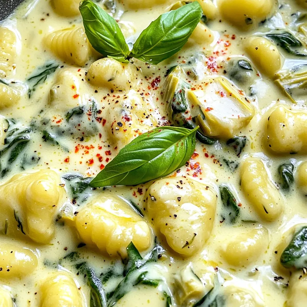 - 1 package (16 oz) potato gnocchi - 2 tablespoons extra virgin olive oil - 2 cloves garlic, finely minced - 1 cup frozen spinach, fully thawed, squeezed dry of excess moisture - 1 cup canned artichoke hearts, drained and finely chopped - 1 cup cream cheese, softened to room temperature - 1/2 cup heavy cream - 1/2 cup freshly grated Parmesan cheese - 1/4 teaspoon crushed red pepper flakes (optional for added spice) - Salt and freshly ground black pepper to taste - Fresh basil or parsley leaves, torn for garnish - Use fresh spinach instead of frozen for a brighter taste. - Add sun-dried tomatoes for a sweet twist. - Swap cream cheese with ricotta for a lighter option. - Try different cheeses like mozzarella or goat cheese for unique flavors. Each serving offers about 450 calories. - Fat: 25g - Protein: 12g - Carbohydrates: 45g - Fiber: 2g This meal packs a creamy flavor while being satisfying and filling. To cook the gnocchi, start by boiling salted water in a large pot. Once the water is bubbling, add the potato gnocchi. Watch carefully as they cook. They will float to the top when ready, which usually takes about 2-3 minutes. Use a slotted spoon to remove the gnocchi and drain them well. Set them aside in a bowl while you prepare the sauce. Next, heat 2 tablespoons of extra virgin olive oil in a large skillet over medium heat. Add 2 cloves of finely minced garlic to the oil. Stir the garlic for about 1 minute. You want the garlic to smell amazing but not turn brown. This step builds great flavor for your dish. Now it’s time to make the creamy sauce. Add 1 cup of thawed, well-drained spinach and 1 cup of finely chopped artichoke hearts to the skillet. Cook this mixture for 2-3 minutes. Stir occasionally to mix the flavors. Then, reduce the heat to low. Add 1 cup of softened cream cheese to the skillet. Stir until the cream cheese melts and combines well with the spinach and artichokes. Gradually pour in 1/2 cup of heavy cream while stirring. This creates a rich, creamy base. Mix until it’s smooth. Next, add 1/2 cup of freshly grated Parmesan cheese. Stir until it melts into the sauce. Season with salt, freshly ground black pepper, and 1/4 teaspoon of crushed red pepper flakes if you like some heat. Finally, add the cooked gnocchi to the skillet. Gently fold them into the creamy sauce until each piece is coated. Let everything simmer for another 2-3 minutes. This will heat it through and blend the flavors perfectly. Serve your creamy spinach artichoke gnocchi in warm bowls, garnished with torn fresh basil or parsley leaves. Enjoy! - Use salted water for boiling. This adds flavor to the gnocchi. - Cook gnocchi until they float. This usually takes about 2-3 minutes. - Gently drain the gnocchi. Avoid breaking them by being too rough. - Toss the gnocchi with a little olive oil. This keeps them from sticking together. - Start with softened cream cheese. This helps it blend smoothly. - Stir in heavy cream slowly. This creates a rich, velvety texture. - Use freshly grated Parmesan cheese. Pre-grated cheese may not melt well. - Add a splash of pasta water. This can help thin the sauce if needed. - Don't overcook the gnocchi. They can become mushy if cooked too long. - Avoid using too much heat when melting cream cheese. It may clump. - Skip the drained spinach step. Excess moisture can make the sauce watery. - Don’t skimp on seasoning. Taste as you go to ensure balanced flavors. {{image_4}} You can easily make this creamy spinach artichoke gnocchi vegetarian or vegan. For a vegetarian twist, simply keep the cream cheese and heavy cream. They add richness. If you want a vegan version, replace these with plant-based cream cheese and coconut cream. Also, use nutritional yeast instead of Parmesan. This will give a cheesy flavor without dairy. Many people have dietary needs. Here are some substitutions you can try: - Gnocchi: Use gluten-free gnocchi if you need a gluten-free option. - Cream Cheese: For a lighter dish, opt for Greek yogurt. It still gives creaminess but with less fat. - Olive Oil: Substitute with avocado oil for a different flavor. - Spinach: Fresh spinach works well too. Just use about two cups and sauté it until wilted. - Crushed Red Pepper Flakes: If you can’t have spice, skip this ingredient or use sweet paprika instead. Pair the creamy gnocchi with simple sides for a full meal. Here are some ideas: - Garlic Bread: It adds a crunchy texture and complements the creamy dish. - Simple Salad: A mix of greens with a light vinaigrette balances the richness. - Grilled Vegetables: Zucchini, bell peppers, or asparagus work great alongside the gnocchi. - Parmesan Crisps: These can add a nice crunch. Bake small mounds of Parmesan until golden and crisp. Feel free to mix and match these ideas to make your meal unique! To keep your creamy spinach artichoke gnocchi fresh, store it in an airtight container. Let it cool down before sealing. Place it in the fridge for up to three days. When ready to eat, reheat it in a skillet over low heat. Stir gently to warm it through. You can add a splash of cream if it seems dry. To freeze this dish, allow it to cool completely. Transfer the gnocchi into a freezer-safe container. Make sure to seal it tightly to prevent freezer burn. It can last up to three months in the freezer. When you want to enjoy it, thaw it overnight in the fridge. Heat it gently in a skillet, adding a bit of cream for richness. In the fridge, the creamy spinach artichoke gnocchi lasts for about three days. If frozen, it can stay good for three months. Always check for any off smells or changes in texture before eating. Enjoy your dish while it's fresh for the best taste! Yes, you can use fresh spinach! Start by washing about 4 cups of fresh spinach. Remove any tough stems. Sauté the spinach in the skillet with olive oil until it wilts. This should take 2-3 minutes. Then, drain any excess moisture before adding it to the dish. Fresh spinach adds a bright flavor and vibrant color. If you want to avoid cream cheese, you have options! Try using Greek yogurt or ricotta cheese. Both will add creaminess. You can also use cashew cream for a dairy-free option. Blend soaked cashews with water until smooth. This will give you a rich and creamy base for the sauce. Yes, you can prepare this dish in advance! Cook the gnocchi and make the creamy sauce separately. Store them in airtight containers in the fridge. When you're ready to eat, simply reheat the sauce and add the gnocchi. This keeps everything fresh and tasty. Enjoy your meal without the last-minute rush! In this blog post, we explored how to make a delicious gnocchi dish. We covered ingredients, cooking steps, and tips for perfect results. You learned about options to personalize this meal and how to make it vegetarian or vegan. We also discussed storage best practices and how to avoid common mistakes. With these insights, you can confidently prepare this dish. Enjoy every bite!