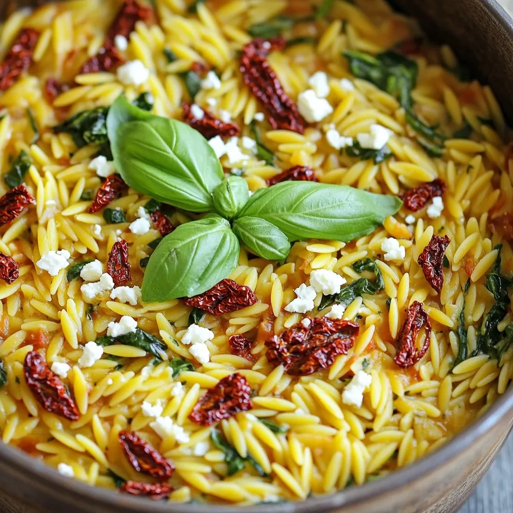 - 1 cup orzo pasta - 1 cup sun-dried tomatoes in oil, finely chopped - 1 medium onion, diced - 3 cloves garlic, minced - 3 cups vegetable broth - 1 teaspoon dried basil - 1 teaspoon dried oregano - Salt and freshly ground black pepper to taste - 2 tablespoons extra virgin olive oil The main ingredients form the base of the dish. Orzo pasta is small and cooks quickly. Sun-dried tomatoes bring a rich, tangy flavor. Dice a medium onion and mince three cloves of garlic. These add aromatic depth. Use three cups of vegetable broth as the cooking liquid. Dried basil and oregano give warm herbal notes. Don't forget salt and pepper to taste. Finally, two tablespoons of olive oil bring everything together. - 1/2 cup feta cheese, crumbled (optional) - 1 cup baby spinach, roughly chopped - Fresh basil leaves for garnish Adding feta cheese can make it richer and creamier. If you like greens, toss in one cup of chopped baby spinach. The spinach wilts nicely into the warm orzo. For a fresh touch, garnish with basil leaves. This adds color and bright flavor. These optional ingredients enhance your dish and make it special. - Start by dicing one medium onion. Use a sharp knife for clean cuts. - Mince three cloves of garlic. A garlic press makes this easy. - Heat two tablespoons of extra virgin olive oil in a large pot over medium heat. - Add the diced onion. Cook for 3-4 minutes until it turns soft and clear. - Stir often to keep the onion from burning. - Next, add the minced garlic. Cook for one more minute until it smells great. - Now, add one cup of finely chopped sun-dried tomatoes, one cup of orzo pasta, one teaspoon of dried basil, and one teaspoon of dried oregano. - Mix all the ingredients well until they are coated in oil. - Carefully pour in three cups of vegetable broth. Bring it to a boil. - Once it boils, lower the heat to simmer. Cover the pot and let it cook for 10-12 minutes. - Stir occasionally until the orzo is soft and absorbs most of the liquid. - After cooking, remove the pot from heat. Add one cup of roughly chopped baby spinach and mix gently until it wilts. - Season with salt and freshly ground black pepper to taste. - If you enjoy cheese, sprinkle half a cup of crumbled feta cheese on top. - Stir gently to mix the feta into the orzo. - Serve the dish warm. Garnish with fresh basil leaves for a pop of color and flavor. - Avoiding overcooking: To prevent mushy orzo, cook it just until tender. Stir often and check for doneness at 10 minutes. - Ensuring even flavor distribution: Mix the orzo with oil and spices before adding broth. This helps each piece soak up flavor. - Alternatives to sun-dried tomatoes: You can use fresh tomatoes or roasted peppers. Both add a nice flavor and color. - Non-dairy options for feta cheese: Try using tofu or cashew cheese. They provide a creamy texture without dairy. - Adding spices or herbs: Consider adding red pepper flakes for heat. Fresh parsley or thyme can add a fragrant touch. - Suggested toppings and sides: Serve with a side salad or crusty bread. A sprinkle of lemon juice brightens the dish. {{image_4}} You can add protein to your One-Pot Sun-Dried Tomato Orzo for a heartier meal. Chicken is a great choice. Simply dice and cook it with the onions. Shrimp also works well. Add it when you mix in the broth. For a vegetarian or vegan twist, skip the cheese and add chickpeas. They add protein and texture. Changing the cheese can make a big difference. Try goat cheese for a tangy flavor. Parmesan also adds a nice touch. Seasonal vegetables can enhance the dish. In spring, add asparagus or peas. In fall, roasted butternut squash brightens the meal. You can turn this dish into a salad. Let the orzo cool, then mix in fresh greens and a light dressing. For a baked version, transfer the orzo to a baking dish. Top it with breadcrumbs and cheese, then bake until golden. This adds a crunchy texture, making it even more delightful. To keep your One-Pot Sun-Dried Tomato Orzo fresh, place it in an airtight container. Make sure to cool the dish to room temperature before sealing it. This helps avoid condensation, which can make your orzo soggy. Store it in the fridge for up to three days. If you want to keep it longer, try freezing it. Portion the orzo into smaller containers, and freeze for up to three months. Just remember to label them with the date! When you're ready to enjoy your leftovers, the best way to reheat them is on the stove. Add a splash of vegetable broth or water to help regain moisture. Heat it over medium-low until warmed through. Stir it often to keep the texture just right. You can also use the microwave. Just cover the dish with a microwave-safe lid or wrap. Heat in short bursts, stirring in between, until hot. If stored properly, your One-Pot Sun-Dried Tomato Orzo lasts in the fridge for about three days. In the freezer, it can stay good for three months. After that, the flavor and texture may start to fade. Always check for signs of spoilage before consuming. If it smells off or looks strange, it’s best to toss it. Enjoy your cooking! Can I make this recipe ahead of time? Yes, you can make this dish early. Store it in the fridge. Reheat it on the stove or in the microwave. What can I serve with this dish? This orzo pairs well with a fresh salad, grilled chicken, or crusty bread. You can also add a side of roasted vegetables for extra taste. Is this dish healthy? Yes! This dish has good nutrients. It includes vegetables, healthy fats, and whole grains. The spinach adds vitamins, and the sun-dried tomatoes offer antioxidants. How many calories per serving? Each serving has about 300 calories. This may vary based on added ingredients like feta cheese. Can I use other types of pasta? Yes, you can use other pasta types. Small shapes like couscous or small shells work well. Just adjust the cooking time according to the pasta you choose. What is the best broth to use? Vegetable broth is great for flavor. You can also use chicken broth for a richer taste. Just pick a broth that fits your diet. This blog post covered how to make a delicious one-pot sun-dried tomato orzo. We explored the main ingredients, the cooking process, and helpful tips. You learned how to enhance flavors and add optional ingredients. Variations give you options to mix things up. Proper storage and reheating keep leftovers tasty. This dish is healthy, easy to make, and great for sharing. Try it out and enjoy your meal!