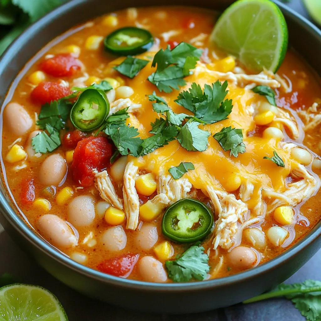 To make a delicious creamy white bean chicken chili, gather these essential ingredients: - 1 lb boneless, skinless chicken breasts - 2 cans (15 oz each) white beans (cannellini or great northern), thoroughly drained and rinsed - 1 can (15 oz) diced tomatoes, undrained with juice - 1 medium onion, diced finely - 4 cloves garlic, minced or pressed - 1 cup chicken broth (low-sodium preferred) - 1 jalapeño pepper, finely chopped (seeds removed for a milder flavor) - 2 tsp ground cumin - 1 tsp smoked paprika - 1 tsp chili powder - ½ tsp salt (to taste) - ½ tsp freshly ground black pepper (to taste) - 1 cup cream cheese, softened (or your favorite dairy-free substitute) - 1 cup corn kernels (frozen or fresh) - Fresh cilantro or parsley leaves, chopped for garnish - Lime wedges for serving, for a zesty finish Each ingredient plays a key role in creating layers of flavor. The chicken adds protein, while white beans give creaminess. Diced tomatoes add moisture and taste. Onions and garlic provide a base flavor. Jalapeño adds a mild heat that can be adjusted by removing the seeds. Chicken broth enhances the overall taste. The spices—cumin, smoked paprika, and chili powder—give depth and warmth. Cream cheese and corn round out the dish with a rich texture and sweetness. Finally, garnishes like cilantro and lime bring freshness and zest to each bowl. With these ingredients, you will create a comforting dish that warms your heart and fills your belly. Start by placing the chicken breasts at the bottom of your slow cooker. This helps them cook evenly. Next, layer the other ingredients on top of the chicken. Add the white beans, the diced tomatoes with juice, diced onion, minced garlic, jalapeño, and chicken broth. Now, sprinkle in the spices: cumin, smoked paprika, chili powder, salt, and black pepper. Cover the slow cooker with its lid. You can choose to cook on low for 6-8 hours or on high for 3-4 hours. Cooking on low lets the flavors develop better, while high cooks faster. Once the cooking time is up, take out the chicken breasts. Use two forks to shred the chicken into bite-sized pieces. This method keeps the chicken tender and easy to mix back into the chili. If the chicken is hard to shred, it may need more cooking time. Now, it’s time to make the chili creamy. Add the softened cream cheese and corn to the slow cooker. Stir well until the cream cheese melts into the chili. This adds a rich texture and flavor. Let the chili cook on low for another 20-30 minutes. This step allows the flavors to blend and thickens the chili. Before serving, taste it to adjust the salt or pepper if needed. To boost the taste of your creamy white bean chicken chili, try adding more spices. I suggest: - 1 tsp of oregano for a herbaceous note. - A pinch of cayenne pepper for added heat. - A squeeze of lime juice right before serving for brightness. These simple changes make a big difference in flavor. You can also toss in some diced bell peppers or even a handful of spinach for extra nutrition. Before serving, check a few key points. Make sure the chicken is fully cooked and tender. It should shred easily. Taste the chili and adjust the salt and pepper if needed. If it seems too thick, stir in a bit more chicken broth. Remember to mix well after adding cream cheese. This ensures it blends smoothly and creates that creamy texture. When it's time to serve, use vibrant bowls. Garnish each bowl with fresh cilantro or parsley. This adds a nice pop of color. Place lime wedges on the side for a zesty finish. For a special touch, top each serving with a dollop of sour cream. Serve with crusty bread or tortilla chips for dipping. Enjoy your delicious creation! {{image_4}} If you want a lighter meal, you can use lean chicken or turkey. For a dairy-free twist, try coconut cream instead of cream cheese. This adds a lovely richness without the dairy. You can also reduce the amount of cream cheese for fewer calories. Feel free to mix up the beans! You can use black beans or pinto beans. Each type brings its own flavor. For veggies, try adding bell peppers or zucchini. They add color and extra nutrients. You could even toss in some spinach for a boost of greens. To adjust the spice, play with the jalapeño pepper. If you like it mild, remove all the seeds. For more heat, leave some seeds in or add a pinch of cayenne pepper. You can also use hot sauce to kick it up a notch. Taste as you go to find your perfect balance! To store leftovers, let the chili cool first. Then, place it in an airtight container. You can store it in the fridge for up to 4 days. If you want to keep it longer, freeze the chili. Use freezer-safe containers or bags. Leave some space at the top for expansion. This way, your chili stays fresh and tasty. When you reheat the chili, do it gently. You can use the microwave or the stove. If using the microwave, heat it in short bursts. Stir it often to keep the heat even. On the stove, warm it over low heat. Add a splash of chicken broth or water if it seems thick. This helps keep the flavor and texture just right. This creamy white bean chicken chili lasts well in the fridge. It stays good for about 4 days. In the freezer, it keeps for 2 to 3 months. Always check for signs of spoilage before eating. If it looks or smells off, it's best to throw it out. Enjoy your chili while it’s fresh for the best taste! Yes, you can use frozen chicken breasts in this chili. Just place them directly in the slow cooker. Cook on high for about 4-5 hours. On low, it will take about 8-9 hours. The chicken will cook well and stay juicy. Make sure to check if the chicken is fully cooked before shredding. To make this chili vegetarian, skip the chicken. You can use canned chickpeas or lentils as a protein boost. For cream cheese, try a dairy-free option like cashew cream or coconut cream. This keeps the dish creamy without using animal products. If you want more heat, add extra jalapeños or a chopped serrano pepper. You can also use red pepper flakes, cayenne pepper, or a dash of hot sauce. Taste as you go to find your perfect level of spice. This blog post shared a simple slow cooker chili recipe. You learned about essential ingredients like chicken, beans, and spices. Step-by-step instructions guide you on how to prepare this dish perfectly. I offered tips to enhance flavor and avoid mistakes. We explored variations for health and spice levels, making this chili flexible. Finally, I covered storage and reheating tips. Enjoy making this tasty dish for your friends and family!