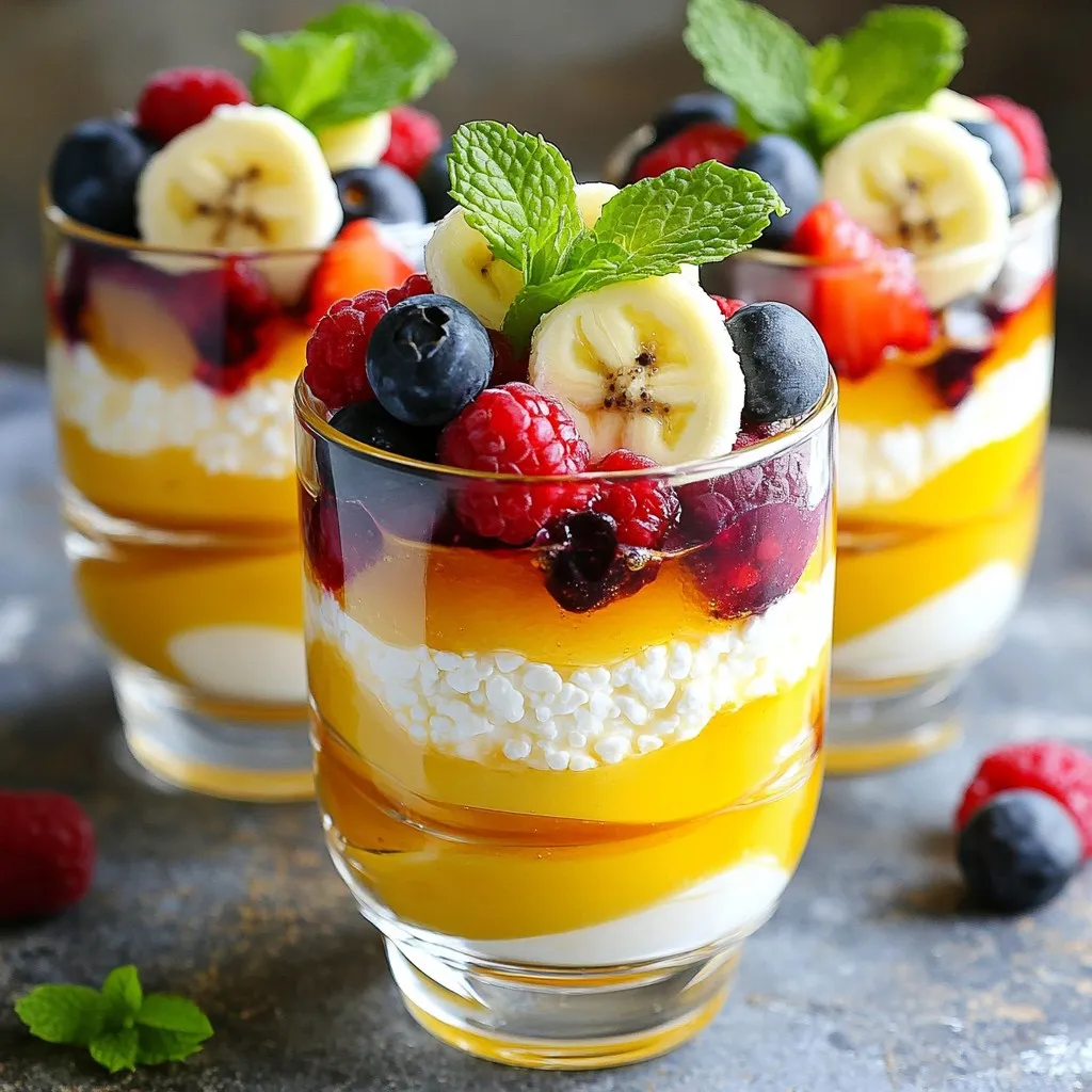- 1 cup of cottage cheese - 1 ripe banana, sliced - 1/2 cup of frozen mixed berries (a blend of strawberries, blueberries, and raspberries) - 1 tablespoon of honey or maple syrup (optional for added sweetness) - 1/2 cup of almond milk (or your preferred milk variety) - 1 tablespoon of chia seeds - A pinch of ground cinnamon - Fresh mint leaves for garnish (optional) Cottage cheese is rich in protein. It helps build muscles and keeps you full. Bananas add natural sweetness and provide potassium for better heart health. Frozen mixed berries are packed with antioxidants. They fight inflammation and support your immune system. Honey or maple syrup offers quick energy. Use them for a touch of sweetness. Almond milk is low in calories, making it a great choice for a lighter drink. Chia seeds are full of fiber and omega-3 fatty acids. They help digestion and support heart health. Cinnamon adds flavor and may help with blood sugar control. Lastly, fresh mint leaves give a burst of freshness and make the cups look pretty. You can swap cottage cheese for Greek yogurt for a tangy twist. Any fruit, like mango or pineapple, can replace the banana. For dairy-free options, use coconut milk instead of almond milk. You can also skip the honey if you prefer a less sweet drink. Add nuts or seeds for extra crunch or protein. You can mix in spinach for a green smoothie that boosts vitamins. The options are endless, so feel free to get creative! To start, gather your ingredients. You need one cup of cottage cheese, one ripe banana, and half a cup of frozen mixed berries. Place these into a high-powered blender. Add half a cup of almond milk. If you want some sweetness, include one tablespoon of honey or maple syrup. Then, toss in one tablespoon of chia seeds and a pinch of ground cinnamon. Blend everything on high speed. Keep blending until it’s smooth and creamy. Make sure there are no lumps left. If your smoothie seems too thick, add a little more almond milk. Blend again until you reach your desired consistency. If you like it sweeter, taste and adjust. You can add more honey or syrup. Blend quickly to mix it in. The key is to ensure all ingredients blend well together. Once blended, pour the smoothie mixture into small cups or glasses. Fill them to your liking. Now, here’s the secret: chill them in the refrigerator for at least 10 minutes. This helps the chia seeds absorb liquid. As a result, the smoothie thickens and gets a great texture. Chilling also makes the smoothie even more refreshing. To make your smoothie cups just right, taste them before serving. If you want more sweetness, add a dash of honey or maple syrup. Blend again for a few seconds. Remember, sweetness varies by fruit. Some bananas are sweeter than others. Adjust based on your fruit's taste. Garnishing adds fun and flair to your smoothie cups. Use fresh mint leaves for a pop of color and flavor. You can also sprinkle some chia seeds on top. This adds crunch and looks nice. If your kids help, they will enjoy making it pretty! Sometimes, the mix may not blend well. If it’s too thick, add more almond milk. This helps achieve a smooth texture. If you see lumps, blend longer. A high-powered blender works best for this. If you have a regular blender, you might need to stop and stir the mix. Don't worry; blending is key to a creamy smoothie! {{image_4}} You can easily change the taste of your smoothie cups by using different fruits. Here are some ideas: - Mango: Use 1 cup of frozen mango instead of mixed berries. - Peach: Swap in fresh or frozen peaches for a sweeter flavor. - Pineapple: Add 1/2 cup of frozen pineapple for a tropical twist. Each fruit adds its own unique flavor and can change the smoothie’s color too. You can mix and match to find your favorite! If you want a dairy-free or vegan option, you can make simple swaps. Try these: - Cottage Cheese: Use 1 cup of silken tofu or a dairy-free yogurt. - Almond Milk: You can use any plant-based milk like oat or soy milk. - Honey: Replace honey with agave syrup or maple syrup for sweetness. These changes keep your smoothie tasty while fitting your diet. Adding superfoods can boost the health benefits of your smoothie cups. Here are some ideas: - Spinach: Toss in a handful of fresh spinach for extra vitamins. - Protein Powder: Mix in a scoop of your favorite protein powder for a protein boost. - Nut Butters: Add 1 tablespoon of almond butter or peanut butter for creaminess and flavor. These superfoods not only enhance the nutrition but also make your smoothies more filling. Enjoy experimenting! To store leftover smoothie cups, first cover them tightly. Use plastic wrap or a lid. Place the cups in the fridge. They can stay fresh for up to two days. If you want to keep them longer, consider freezing. Pour the smoothie into ice cube trays or freezer-safe containers. This way, you can enjoy them later. To keep your ingredients fresh, focus on storage. Store cottage cheese in its original container, sealed tight. Keep it in the coldest part of your fridge. Bananas should stay at room temperature. Avoid placing them near other fruits to prevent early ripening. For berries, wash them only before use. Store them in a breathable container in the fridge. For smoothie cups, reheating isn’t needed. They taste best cold. If you prefer a warm drink, blend the smoothie again. Warm it gently on low heat, but do not boil. You can also use leftovers in other recipes. Pour them into pancakes or mix them in oatmeal for added flavor and protein. Yes, you can make these smoothie cups ahead of time. Simply blend the ingredients and pour them into cups. Cover them and place them in the fridge. They will stay fresh for up to two days. Just remember to stir or shake well before serving. This way, you get a quick and tasty snack on busy days. Cottage cheese is a great addition to smoothies. It is high in protein, which helps you feel full. It has calcium for strong bones and teeth. Cottage cheese also contains probiotics that support gut health. These nutrients help keep you energized and satisfied throughout the day. Yes, you can use any milk you like. Almond milk is a popular choice, but you can also use soy milk, oat milk, or dairy milk. Each type of milk will change the flavor a bit. Choose what you enjoy most for the best taste! This post covered everything you need to make great smoothies. We explored the right ingredients and their benefits. I shared tips for blending and garnishing to make your smoothies shine. You learned about tasty variations and how to store leftovers. Smoothies can be a fun and easy way to stay healthy. With simple adjustments, you can make them your own. Use this guide to create your perfect drink! Enjoy your blending adventure!