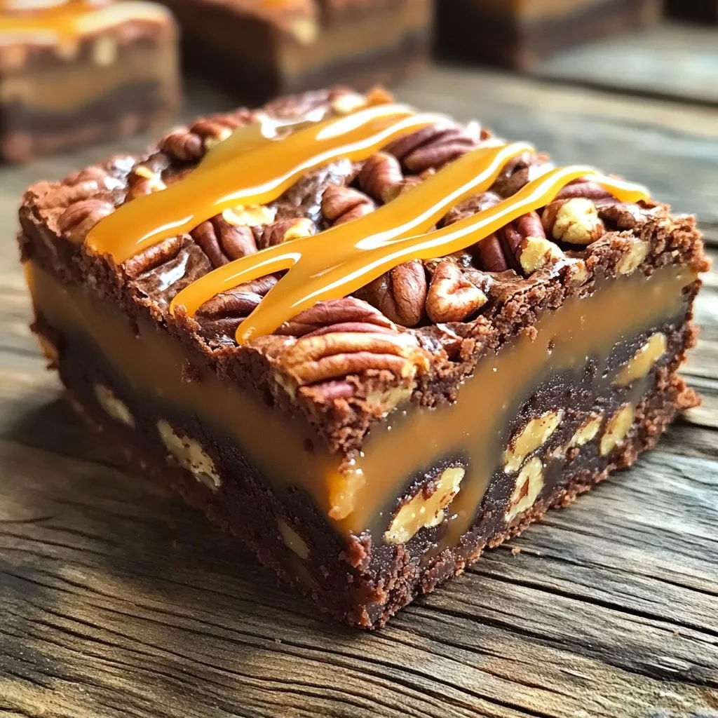 - Unsalted butter - Granulated sugar - Large eggs - Vanilla extract - All-purpose flour - Unsweetened cocoa powder - Salt - Semi-sweet chocolate chips - Chopped pecans - Caramel sauce - 1 cup unsalted butter, melted - 2 cups granulated sugar - 4 large eggs - 1 teaspoon vanilla extract - 1 cup all-purpose flour - 1/2 cup unsweetened cocoa powder - 1/2 teaspoon salt - 1 cup semi-sweet chocolate chips - 1 cup chopped pecans - 1 cup caramel sauce (store-bought or homemade) For the best results, use high-quality ingredients. Fresh eggs help the batter rise and add richness. Choose a good brand of cocoa powder for a deep chocolate flavor. If you can, make caramel sauce from scratch for an extra touch. This will elevate your bars. I love using chopped pecans. They add a great crunch and nutty taste to the brownies. The semi-sweet chocolate chips melt beautifully, creating gooey pockets of chocolate. When mixed with caramel, it’s pure bliss. This combination of flavors and textures makes these bars a favorite. Each bite is rich, sweet, and simply irresistible. Enjoy making these delightful treats! 1. Preheat the oven: Start by preheating your oven to 350°F (175°C). This step is key for even baking. 2. Prepare the baking pan: Use a 9x13-inch baking pan. Lightly grease it with butter or line it with parchment paper. This makes for easy removal later. 3. Mix butter and sugar: In a large bowl, pour in 1 cup of melted unsalted butter. Add 2 cups of granulated sugar next. Whisk them together until smooth. 4. Incorporate eggs: Add 4 large eggs to the bowl, one at a time. Mix well after each egg. This makes the batter rich and fluffy. 5. Add vanilla extract: Stir in 1 teaspoon of vanilla extract. This adds a lovely flavor to the brownies. 6. Add dry ingredients: Gradually sift in 1 cup of all-purpose flour, 1/2 cup of unsweetened cocoa powder, and 1/2 teaspoon of salt. Use a spatula to fold the mixture gently. Be careful not to overmix. 7. Mix in chocolate and pecans: Fold in 1 cup of semi-sweet chocolate chips and 1 cup of chopped pecans. Make sure they are evenly spread throughout the batter. 8. Layer the batter: Pour half of the brownie batter into the prepared baking pan. Spread it evenly across the bottom. 9. Add caramel sauce: Drizzle half of the caramel sauce over the brownie layer. Use a spatula to swirl it gently for a marbled look. 10. Top with remaining batter: Pour the rest of the brownie batter over the caramel layer. Spread it out evenly to cover. 11. Final layer of caramel: Drizzle the rest of the caramel sauce on top. Swirl it into the batter with a knife for a stunning effect. 12. Bake: Place the pan in the oven and bake for 25-30 minutes. Check for doneness by inserting a toothpick. It should come out with moist crumbs. 13. Cooling down: Let the brownies cool in the pan for about 15 minutes. Then, transfer them to a wire rack to cool completely. 14. Serve: Once cooled, slice the brownies into bars. Enjoy your delicious treat! To get the best brownie texture, avoid overmixing the batter. Mix just until combined. If you stir too much, your brownies can turn out dense and tough. For baking time, check your brownies a few minutes early. Every oven is different. Use a toothpick to test for doneness. It should come out with a few moist crumbs. Want to add more flavor? You can sprinkle some sea salt on top. It gives a nice contrast to the sweet caramel. You might also add chocolate chips or even crushed toffee bits. When it comes to caramel sauce, homemade is best. It has a richer taste. However, store-bought works just fine when you’re short on time. To make your brownies look fancy, dust them with powdered sugar. This makes them look like a treat from a bakery. You can also drizzle extra caramel on top for a stunning finish. Serve them on a nice platter to impress your guests. For a fun touch, cut them into fun shapes using cookie cutters. {{image_4}} You can change the nuts in your caramel pecan turtle brownie bars. If you like, try walnuts or hazelnuts. These nuts bring a different taste and crunch. Simply swap them in for pecans in the recipe. If you want a nut-free treat, use seeds like pumpkin or sunflower. They add a nice crunch without the nuts. You can also skip the nuts altogether for a smooth texture. Mixing flavors can make these brownie bars even better. Consider adding mint or orange zest to the batter. Mint adds a fresh taste, while orange zest gives a bright, fruity twist. Just a little will go a long way. You can also swap the chocolate types. Use dark chocolate for a richer flavor or white chocolate for sweetness. Each type will change the bar’s taste, so feel free to experiment. If you need gluten-free options, use almond flour or gluten-free flour blends. These work well in the recipe and keep the brownies soft. Make sure to check the labels for any hidden gluten. For a vegan version, replace the eggs with flaxseed meal or applesauce. Use dairy-free butter and chocolate chips to keep that rich flavor. These swaps help everyone enjoy this delicious dessert. To keep your Caramel Pecan Turtle Brownie Bars fresh, use airtight containers. Glass or plastic containers work well. If you use plastic wrap, make sure it’s tight. Room temperature is fine for short-term storage. If you want to keep them longer, put them in the fridge. These bars stay fresh for about 3 to 5 days at room temperature. If you refrigerate them, they may last up to a week. For longer storage, freeze the bars. Wrap each piece well in plastic wrap, then place them in a freezer bag. They can last for up to 3 months in the freezer. To enjoy these bars warm, you can reheat them. Use a microwave for quick warming. Heat in short bursts, about 10 to 15 seconds. This helps maintain their soft texture. If they were frozen, let them thaw in the fridge first. Avoid reheating too long, or they might dry out. How do I know when the brownies are done? Check the edges for firmness. Insert a toothpick into the center. It should come out with a few moist crumbs. If it comes out clean, the brownies may be overbaked. Can I use a different size pan for this recipe? Yes, you can use a different pan. Just remember, baking time may change. A larger pan will bake faster, while a smaller pan will take longer. What can I do if I don’t have caramel sauce on hand? You can make quick caramel sauce with sugar and cream. Cook sugar on low heat until it melts, then stir in heavy cream. For a short cut, use sweetened condensed milk. How can I make these bars less sweet? You can reduce the sugar in the brownie mix. Use dark chocolate chips instead of semi-sweet. You can also use less caramel sauce on top for a balanced taste. This blog post covered how to make delicious caramel pecan turtle brownie bars. We explored the key ingredients, provided precise measurements, and outlined the steps for perfect preparation. I shared tips to enhance texture and flavor, along with fun variations to try. In conclusion, these brownie bars are easy to make and delightfully tasty. You can store them well and enjoy them later, too! So, roll up your sleeves and give this recipe a try. Your taste buds will thank you!