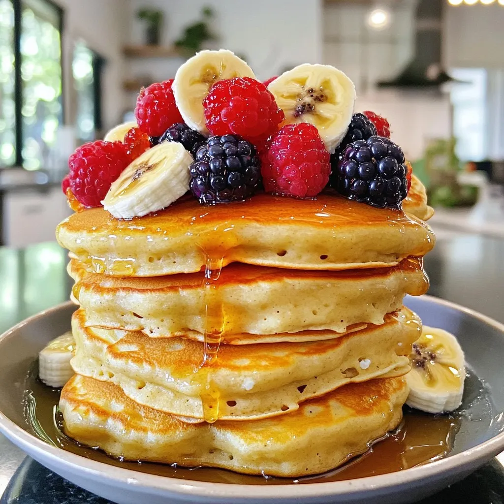 For this delicious Protein Cottage Cheese Pancake Bowl, you will need: - 1 cup cottage cheese - 1 ripe banana, thoroughly mashed - 2 large eggs - 1/2 cup rolled oats - 1/2 teaspoon baking powder - 1 teaspoon pure vanilla extract - 1/4 teaspoon ground cinnamon - A pinch of salt These ingredients combine to create a fluffy and protein-packed breakfast that keeps you full. You can add fun toppings to make your pancake bowl even better. Here are some great ideas: - Fresh fruits, like berries and sliced bananas - Honey or maple syrup for drizzling - Chopped nuts or seeds for crunch Feel free to mix and match these toppings. They bring extra flavor and color to your bowl! Let’s talk about why these ingredients are great for you: - Cottage Cheese: This ingredient is high in protein, helping build muscles and keep you full. - Banana: This fruit adds natural sweetness and potassium, which is good for your heart. - Eggs: They provide healthy fats and more protein, making this dish very satisfying. - Rolled Oats: Oats are full of fiber, which helps with digestion and keeps energy steady. - Cinnamon: This spice adds flavor and may help to control blood sugar levels. By using these ingredients, you create a meal that is both tasty and nutritious! Start by gathering your ingredients. You will need one cup of cottage cheese, one ripe banana, and two large eggs. Mash the banana until it is smooth. In a large mixing bowl, add the cottage cheese, mashed banana, and eggs. Use a whisk to mix everything until it is smooth. Next, add half a cup of rolled oats, half a teaspoon of baking powder, one teaspoon of vanilla extract, a quarter teaspoon of ground cinnamon, and a pinch of salt. Stir well until you see a thick batter form. This batter will be your base for the pancakes. Heat a non-stick skillet over medium heat. Lightly coat the skillet with cooking spray or a small amount of oil. This helps prevent sticking. For each pancake, pour about one-fourth cup of batter onto the skillet. Cook the pancakes for 2 to 3 minutes. You will know they are ready when bubbles start to form on the surface. Carefully flip them over and cook for another 2 minutes until they turn a nice golden brown. Keep an eye on the heat to avoid burning. Repeat this until you finish all the batter. Once your pancakes are cooked, it’s time to serve. Stack the fluffy pancakes in a bowl. You can add fresh fruits like berries or sliced bananas on top. For a sweet touch, drizzle honey or maple syrup over it. If you want, sprinkle some chopped nuts or seeds on top for added flavor and crunch. Enjoy this tasty and energizing meal! To make your pancakes fluffy, use fresh ingredients. Ensure the baking powder is not expired. Mix the batter until just combined. Over-mixing can make pancakes tough. Let the batter rest for a few minutes. This helps the oats soak up moisture. Cook on medium heat to avoid burning. Flip when you see bubbles on the surface. Perfect pancakes should be light and tender. If you have extra batter, store it in the fridge. Use a sealed container to keep it fresh. Leftover batter can last for 1-2 days. Stir it gently before using again. If it thickens, add a splash of milk. This helps restore the right texture. You can also freeze the batter for later use. Just thaw it overnight in the fridge before cooking. Pancakes too thick? Add a little milk to the batter. If they are too thin, add a bit more oats. If they burn quickly, reduce the heat. For pancakes that stick, ensure your pan is well-greased. If they come out flat, check your baking powder. Fresh baking powder is key for fluffy pancakes. Remember, practice makes perfect! {{image_4}} You can change the taste of your Protein Cottage Cheese Pancake Bowl easily. Try adding chocolate chips for a sweet treat. Mix in blueberries for a fruity twist. You can also use diced apples and a dash of cinnamon for a cozy flavor. Each choice gives a unique taste that keeps breakfast exciting. If you want a gluten-free option, swap rolled oats for gluten-free oats. You can also use almond flour or coconut flour instead. Both options work well and keep the pancakes fluffy. Just make sure the rest of your ingredients are gluten-free too. This way, everyone can enjoy these tasty pancakes. To make your pancake bowl even healthier, add protein powder. A scoop of vanilla or chocolate protein can boost your meal. You can also mix in nut butter, like almond or peanut butter. This adds creaminess and more flavor. These simple add-ins raise the protein level and keep you full longer. To keep your leftover pancakes fresh, let them cool first. Stack them with parchment paper between each pancake. Place the stack in an airtight container. You can store them in the fridge for up to three days. If you want to keep them longer, freeze them. Wrap each pancake in plastic wrap and place them in a freezer bag. They can last up to two months in the freezer. When you're ready to eat your pancakes, reheating is key. For the best texture, use a skillet. Heat it over low to medium heat. Place the pancake in the skillet and cover it. Cook for about a minute on each side until warm. You can also use a microwave. Just place a pancake on a plate and heat it for 15-20 seconds. If you’re reheating from frozen, add a few more seconds. Enjoy them warm with your favorite toppings. Meal prep with your cottage cheese pancake bowl is easy and fun. You can prepare the pancake batter in advance. Store it in the fridge for up to two days. When you want to cook, just stir it up and make your pancakes. Another idea is to make a pancake mix. Combine all dry ingredients in a jar. When you’re ready to cook, just add wet ingredients. This way, you have quick access to a healthy breakfast. You can also top your pancakes with different fruits each day for variety. Yes, you can make these pancakes without eggs. Use a mashed banana or applesauce as a binder. A quarter cup of either works well. This keeps the pancakes fluffy and adds a bit of sweetness. These pancakes can last in the fridge for about three days. Make sure to store them in an airtight container. When you want to eat them, just reheat in the microwave or on the stove. If you do not have cottage cheese, try using Greek yogurt. It gives a similar creamy texture and adds protein. You can also use ricotta cheese for a different flavor. We explored how to make a delicious protein cottage cheese pancake bowl. You can customize these pancakes with different flavors and toppings. Remember to store leftovers properly and reheat to enjoy later. With these tips, you can create perfect pancakes every time. Enjoy your cooking and share your pancake bowl creations with friends and family! Your healthy breakfast can be both fun and tasty.