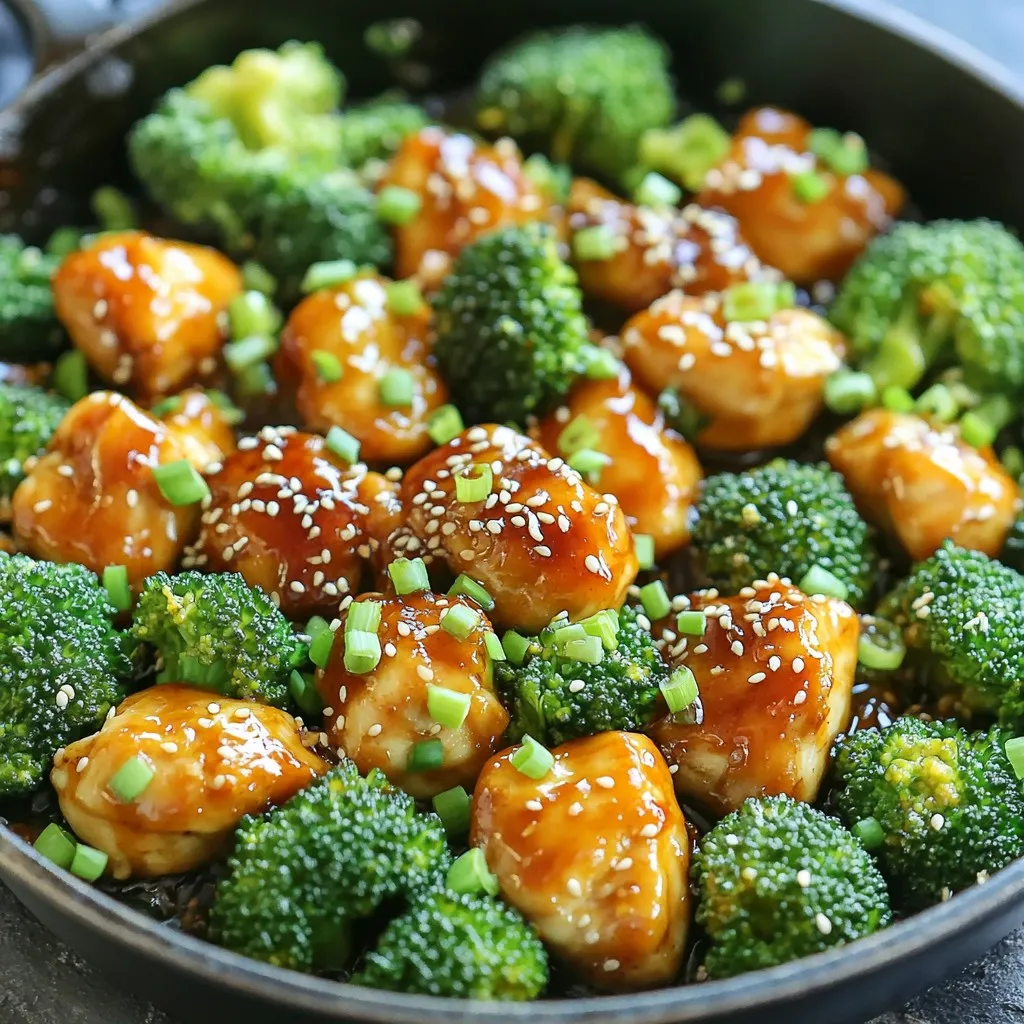 To make One-Pan Honey Sriracha Chicken & Broccoli, you need fresh and simple ingredients. Here’s what you’ll need: - 2 boneless, skinless chicken breasts, cut into bite-sized pieces - 2 cups fresh broccoli florets - 1/4 cup honey - 2 tablespoons Sriracha sauce (adjust to your spice preference) - 1 tablespoon soy sauce - 1 tablespoon olive oil - 3 cloves garlic, minced - 1 teaspoon fresh ginger, minced - Salt and pepper, to taste - 2 green onions, chopped (for garnish) - 1 tablespoon sesame seeds (for garnish) Each item plays a key role in flavor. The chicken gives you protein and substance. Broccoli adds color and crunch. Honey brings sweetness, while Sriracha adds heat. Soy sauce ties it all together with its umami flavor. When you prepare this dish, make sure to use fresh ingredients. Fresh broccoli looks vibrant and tastes better. The same goes for garlic and ginger. Fresh versions have more flavor than dried ones. Gather everything before you start. This makes cooking easier and fun. You will mix, cook, and serve all in one pan, making cleanup a breeze. Enjoy the process of creating this tasty meal! - Mixing the Honey-Sriracha Sauce In a medium bowl, combine 1/4 cup honey, 2 tablespoons Sriracha sauce, and 1 tablespoon soy sauce. Add 3 minced garlic cloves and 1 teaspoon minced ginger. Whisk all these together until they blend well. This sauce will be your marinade and later, the sauce for the chicken. - Importance of Whisking Ingredients Together Whisking helps to mix the flavors. It ensures that each bite will taste great. A good mix means you enjoy the sweet and spicy taste in every piece of chicken. - Heating the Olive Oil First, heat 1 tablespoon of olive oil in a large skillet over medium-high heat. Make sure the oil gets hot before adding the chicken. This step helps the chicken to brown nicely. - Cooking Time and Temperature Add the chicken pieces to the skillet. Cook them for about 5 to 7 minutes. Stir the chicken occasionally. Look for a golden-brown color, and check that the chicken reaches 165°F (75°C) to know it is safe to eat. - Adding the Sauce to the Chicken Once the chicken is cooked, pour the honey-Sriracha sauce over it. Toss the chicken gently in the sauce. Let it simmer for 2 to 3 minutes. This helps the sauce thicken and stick to the chicken. - Incorporating the Broccoli Next, add 2 cups of fresh broccoli florets to the skillet. Toss them with the chicken and sauce. Stir well to coat the broccoli. - Cooking Times for Perfect Texture Cook the broccoli for about 4 to 5 minutes. Stir often until the broccoli turns bright green and is tender-crisp. This way, it stays fresh and crunchy. Adjust the seasoning if needed, adding more Sriracha for heat or honey for sweetness. Checking Internal Temperature To ensure safe eating, cook chicken to an internal temperature of 165°F (75°C). Use a meat thermometer for accuracy. Insert it into the thickest part of the chicken. This step ensures it is fully cooked and safe. Tips for Even Cooking To cook chicken evenly, cut pieces into similar sizes. Spread them in a single layer in the skillet. Avoid crowding the pan, as this can lead to uneven cooking. Stir occasionally to brown all sides. How to Thicken the Sauce If your sauce is too thin, simmer it longer. The heat will reduce the liquid and thicken the sauce. You can also stir in a cornstarch slurry for a quick fix. Mix one tablespoon of cornstarch with two tablespoons of water, then add it to the sauce. Adjusting Flavor Intensity Taste your sauce as it cooks. If you want more heat, add extra Sriracha. For sweetness, drizzle in more honey. Adjust the flavors to suit your taste and enjoy the perfect balance. Serving Styles For a rustic look, serve the chicken and broccoli directly from the skillet. If you prefer a neater setup, plate the dish on individual plates. This adds a touch of elegance to your meal. Enhancements for Visual Appeal To make your dish pop, drizzle a little honey on top. Add a colorful sprinkle of chopped green onions and sesame seeds. This not only enhances the look but also adds flavor and crunch. {{image_4}} Adding More Sriracha If you love heat, add more Sriracha. Start with a teaspoon more. Taste it, and keep adding until it’s just right for you. This gives your dish an extra kick. Alternatives for Heat If Sriracha is too spicy, try other sauces. You can use sweet chili sauce for a milder flavor. Another option is to add crushed red pepper flakes. They bring heat without overpowering the dish. Alternatives for Broccoli Broccoli is a great choice, but you can switch it up. Try snap peas or green beans instead. Cauliflower also works well and soaks up the sauce nicely. Other Protein Options Chicken is tasty, but other proteins shine, too. Use shrimp for a quick cook. Tofu is a great plant-based option that absorbs flavors well. You can even try beef or pork for a new twist. Oven-Baked Version You can bake this dish instead of using a skillet. Preheat your oven to 400°F (200°C). Spread the chicken and broccoli on a baking sheet. Drizzle with the sauce and bake for about 20 minutes. This method gives a nice roasted flavor. Grilling Techniques Grilling adds a smoky touch. Marinate your chicken and broccoli in the sauce. Place them on the grill over medium heat. Grill for about 6-8 minutes, turning once. This gives a delicious char and depth to the dish. To keep your One-Pan Honey Sriracha Chicken & Broccoli fresh, follow these steps: - Refrigeration Tips: Let the dish cool to room temperature. Transfer it to an airtight container. It will stay good in the fridge for up to three days. Make sure to label the container with the date. - Freezing Guidelines: You can freeze this dish for longer storage. Use a freezer-safe container or bag. It will last for about three months. Thaw it in the fridge overnight before reheating. To enjoy your dish again, follow these simple methods: - Best Methods for Maintaining Flavor: The best way to reheat it is on the stove. Pour the chicken and broccoli into a skillet and add a splash of water. This helps keep everything moist. Stir it over medium heat until heated through. - Time and Temperature Guidelines: Heat the dish for about 5-7 minutes. Check that the internal temperature reaches 165°F (75°C) for safe eating. If using a microwave, heat in 30-second bursts, stirring in between until it's hot. - Side Dish Recommendations: You can serve rice or quinoa with this dish. Both options soak up the sauce well. You might also enjoy a simple salad or steamed rice noodles on the side. - Complete Meal Ideas: Pair the chicken with a vegetable stir-fry for extra crunch. A fruit salad adds a sweet touch to balance the heat. You can also serve it with spring rolls for a fun twist. - Meal Prep Tips: Yes, you can prepare the chicken and broccoli ahead of time. Just marinate the chicken and store it in the fridge. Cook the broccoli fresh when ready to eat for the best taste. - Storage Duration: Cooked Honey Sriracha Chicken & Broccoli lasts about three to four days in the fridge. Keep it in an airtight container to maintain freshness. - Portions and Reheating: This dish is great for meal prep. You can easily divide it into portions. Reheat in the microwave or on the stove until hot, but avoid overcooking it. - Container Suggestions: Use glass or BPA-free plastic containers for easy storage. Choose containers with tight lids to keep the meal fresh longer. This blog post covered a delicious recipe for One-Pan Honey Sriracha Chicken & Broccoli. We discussed the key ingredients, step-by-step instructions, and tips for perfecting the dish. I shared how to ensure the chicken cooks well and how to adjust the sauce’s thickness. Plus, I included variations and storage tips for maximum flavor. This meal is not just easy to make, but it also offers flexibility. By trying different ingredients or cooking methods, you can make it your own. Enjoy cooking and impressing others with this tasty dish!