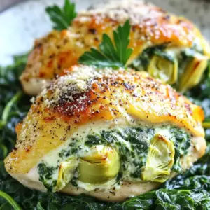 - 4 boneless, skinless chicken breasts - 1 cup fresh spinach, finely chopped - 1 can (14 oz) artichoke hearts, thoroughly drained and coarsely chopped - 1 cup cream cheese, softened to room temperature - 1/2 cup grated Parmesan cheese - 1/2 cup shredded mozzarella cheese - 2 cloves garlic, minced - Salt and freshly ground black pepper to taste - 1 teaspoon Italian seasoning - 2 tablespoons extra virgin olive oil For the best flavor and quality, I recommend using: - Chicken: Foster Farms or Perdue for fresh, high-quality chicken breasts. - Cream Cheese: Philadelphia is a classic choice, known for its smooth texture. - Cheeses: For Parmesan, I suggest Grana Padano for a rich taste. For mozzarella, Galbani is creamy and melts well. - Olive Oil: Use California Olive Ranch for a robust flavor in your dishes. - Spinach: Look for organic options, like Earthbound Farm, for fresher taste. You can easily change some ingredients without losing flavor. Here are a few ideas: - Cream Cheese: Use Greek yogurt for a lighter option. - Parmesan: Pecorino Romano gives a sharper taste. - Spinach: Kale can work well if you prefer a different green. - Mozzarella: Try Gouda or Monterey Jack for a unique twist. - Garlic: Garlic powder can substitute fresh garlic in a pinch. These ingredients combine to create a rich and creamy filling that makes the chicken truly special. First, you need to get your chicken breasts ready. Take four boneless, skinless chicken breasts. Look for thick parts to make pockets. Use a sharp knife to slice into each breast. Be careful! Don't cut all the way through. You want a nice pocket to hold the filling. Next, it’s time to make the filling. Grab a medium bowl. Add one cup of finely chopped fresh spinach. Open a can of artichoke hearts, drain it well, and chop them coarsely. Toss in one cup of softened cream cheese. Then, add half a cup of grated Parmesan cheese and half a cup of shredded mozzarella cheese. Don't forget two minced garlic cloves! Sprinkle in some salt, pepper, and a teaspoon of Italian seasoning. Mix everything until it's creamy and well-blended. Now, let's cook the chicken. Heat two tablespoons of extra virgin olive oil in a large, oven-safe skillet over medium-high heat. Once hot, carefully place your stuffed chicken breasts in the skillet. Sear each side for about four to five minutes. You want a nice golden-brown crust. After that, transfer the skillet to your preheated oven at 375°F (190°C) and bake the chicken for 20 to 25 minutes. Use a meat thermometer to check for doneness; it should read 165°F (75°C). Finally, take the skillet out and let the chicken rest for five minutes. This makes it juicy and tasty! To make perfect stuffed chicken breasts, you need to create a deep pocket. Use a sharp knife to slice along the thickest part of the breast. Be careful not to cut all the way through. This way, the filling stays inside. When stuffing, pack the filling tightly. Use your fingers or a spoon to press it in. A well-stuffed chicken holds its shape while cooking. Cook the chicken at 375°F (190°C). This temperature helps the chicken cook evenly. Brown the chicken for 4-5 minutes on each side. Look for a golden-brown crust. Then, transfer the skillet to the oven. Bake for 20-25 minutes. Use a meat thermometer to check the thickest part. It should read 165°F (75°C) when done. One common mistake is not preheating the oven. Always preheat before baking. This ensures even cooking. Another mistake is overstuffing the chicken. If you pack too much filling, it may spill out. Finally, do not skip the resting time. Let the chicken rest for 5 minutes after baking. This step makes the chicken juicier and tastier. {{image_4}} For a low-carb twist, you can skip the breadcrumbs. Instead, focus on the filling. Use more cheese to make it rich and creamy. You can also use zucchini or eggplant slices instead of chicken. These options provide a tasty base and are very low in carbs. If you want a vegetarian dish, simply remove the chicken. Use large portobello mushrooms instead. Stuff them with the spinach-artichoke filling. Bake as you would the chicken. This version stays true to the flavors while being meat-free and delicious. Experimenting with cheeses can create fun new flavors. Try using goat cheese for a tangy twist. Creamy ricotta is another great option. Fresh herbs can also enhance the dish. Basil or dill can add a fresh taste. Mix and match to find your favorite combination! To keep your stuffed chicken fresh, let it cool first. Place any leftovers in an airtight container. Store them in the fridge. They will stay good for about 3-4 days. Make sure to label the container with the date. This way, you won’t forget when you made it! If you want to save some for later, freezing works well. Wrap each stuffed chicken breast tightly in plastic wrap. Then, place them in a freezer bag. Try to remove as much air as possible. This method helps prevent freezer burn. You can freeze them for up to 3 months. When you’re ready to eat, just thaw them in the fridge overnight. To reheat, you can use the oven or microwave. For the oven, preheat it to 350°F (175°C). Place the chicken in a baking dish and cover it with foil. Heat for about 20-25 minutes, or until warm throughout. If you’re in a hurry, the microwave works too. Heat it on medium power for 2-3 minutes. Check to see if it’s hot. Enjoy your meal again! Yes, you can use frozen spinach. Just remember to thaw it first. After thawing, squeeze out excess water. This keeps the filling from getting soggy. The flavor remains rich and delicious. Use a meat thermometer to check the chicken's temperature. Insert it into the thickest part of the breast. It should read 165°F (75°C). This shows the chicken is safe to eat. If you don’t have a thermometer, cut into the chicken. The meat should be white and juices should run clear. Stuffed chicken pairs well with many sides. Here are some great options: - Garlic mashed potatoes - Steamed broccoli - Roasted asparagus - A fresh garden salad - Quinoa or rice pilaf These sides complement the flavors of the chicken well. Enjoy your meal with a balance of taste and nutrition. To make delicious stuffed chicken, we explored key ingredients and their brands. I shared step-by-step cooking methods to ensure your dish is perfect. You found tips to avoid common mistakes and cooking times for best results. I also offered variations, like low-carb and vegetarian, to fit your needs. Lastly, I covered how to store and reheat leftovers. In summary, stuffed chicken is tasty and versatile. You can create many versions to please anyone. Enjoy your cooking journey!