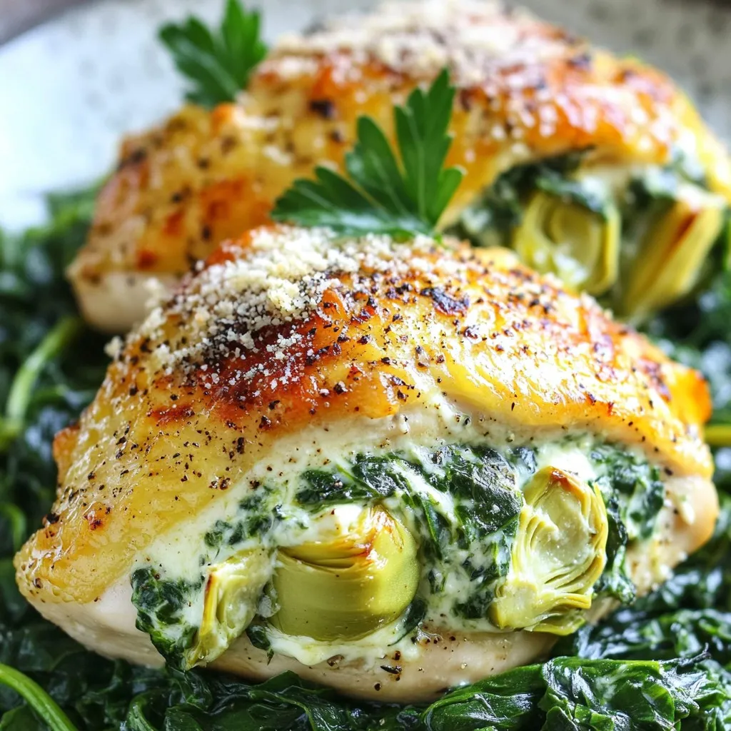 - 4 boneless, skinless chicken breasts - 1 cup fresh spinach, finely chopped - 1 can (14 oz) artichoke hearts, thoroughly drained and coarsely chopped - 1 cup cream cheese, softened to room temperature - 1/2 cup grated Parmesan cheese - 1/2 cup shredded mozzarella cheese - 2 cloves garlic, minced - Salt and freshly ground black pepper to taste - 1 teaspoon Italian seasoning - 2 tablespoons extra virgin olive oil For the best flavor and quality, I recommend using: - Chicken: Foster Farms or Perdue for fresh, high-quality chicken breasts. - Cream Cheese: Philadelphia is a classic choice, known for its smooth texture. - Cheeses: For Parmesan, I suggest Grana Padano for a rich taste. For mozzarella, Galbani is creamy and melts well. - Olive Oil: Use California Olive Ranch for a robust flavor in your dishes. - Spinach: Look for organic options, like Earthbound Farm, for fresher taste. You can easily change some ingredients without losing flavor. Here are a few ideas: - Cream Cheese: Use Greek yogurt for a lighter option. - Parmesan: Pecorino Romano gives a sharper taste. - Spinach: Kale can work well if you prefer a different green. - Mozzarella: Try Gouda or Monterey Jack for a unique twist. - Garlic: Garlic powder can substitute fresh garlic in a pinch. These ingredients combine to create a rich and creamy filling that makes the chicken truly special. First, you need to get your chicken breasts ready. Take four boneless, skinless chicken breasts. Look for thick parts to make pockets. Use a sharp knife to slice into each breast. Be careful! Don't cut all the way through. You want a nice pocket to hold the filling. Next, it’s time to make the filling. Grab a medium bowl. Add one cup of finely chopped fresh spinach. Open a can of artichoke hearts, drain it well, and chop them coarsely. Toss in one cup of softened cream cheese. Then, add half a cup of grated Parmesan cheese and half a cup of shredded mozzarella cheese. Don't forget two minced garlic cloves! Sprinkle in some salt, pepper, and a teaspoon of Italian seasoning. Mix everything until it's creamy and well-blended. Now, let's cook the chicken. Heat two tablespoons of extra virgin olive oil in a large, oven-safe skillet over medium-high heat. Once hot, carefully place your stuffed chicken breasts in the skillet. Sear each side for about four to five minutes. You want a nice golden-brown crust. After that, transfer the skillet to your preheated oven at 375°F (190°C) and bake the chicken for 20 to 25 minutes. Use a meat thermometer to check for doneness; it should read 165°F (75°C). Finally, take the skillet out and let the chicken rest for five minutes. This makes it juicy and tasty! To make perfect stuffed chicken breasts, you need to create a deep pocket. Use a sharp knife to slice along the thickest part of the breast. Be careful not to cut all the way through. This way, the filling stays inside. When stuffing, pack the filling tightly. Use your fingers or a spoon to press it in. A well-stuffed chicken holds its shape while cooking. Cook the chicken at 375°F (190°C). This temperature helps the chicken cook evenly. Brown the chicken for 4-5 minutes on each side. Look for a golden-brown crust. Then, transfer the skillet to the oven. Bake for 20-25 minutes. Use a meat thermometer to check the thickest part. It should read 165°F (75°C) when done. One common mistake is not preheating the oven. Always preheat before baking. This ensures even cooking. Another mistake is overstuffing the chicken. If you pack too much filling, it may spill out. Finally, do not skip the resting time. Let the chicken rest for 5 minutes after baking. This step makes the chicken juicier and tastier. {{image_4}} For a low-carb twist, you can skip the breadcrumbs. Instead, focus on the filling. Use more cheese to make it rich and creamy. You can also use zucchini or eggplant slices instead of chicken. These options provide a tasty base and are very low in carbs. If you want a vegetarian dish, simply remove the chicken. Use large portobello mushrooms instead. Stuff them with the spinach-artichoke filling. Bake as you would the chicken. This version stays true to the flavors while being meat-free and delicious. Experimenting with cheeses can create fun new flavors. Try using goat cheese for a tangy twist. Creamy ricotta is another great option. Fresh herbs can also enhance the dish. Basil or dill can add a fresh taste. Mix and match to find your favorite combination! To keep your stuffed chicken fresh, let it cool first. Place any leftovers in an airtight container. Store them in the fridge. They will stay good for about 3-4 days. Make sure to label the container with the date. This way, you won’t forget when you made it! If you want to save some for later, freezing works well. Wrap each stuffed chicken breast tightly in plastic wrap. Then, place them in a freezer bag. Try to remove as much air as possible. This method helps prevent freezer burn. You can freeze them for up to 3 months. When you’re ready to eat, just thaw them in the fridge overnight. To reheat, you can use the oven or microwave. For the oven, preheat it to 350°F (175°C). Place the chicken in a baking dish and cover it with foil. Heat for about 20-25 minutes, or until warm throughout. If you’re in a hurry, the microwave works too. Heat it on medium power for 2-3 minutes. Check to see if it’s hot. Enjoy your meal again! Yes, you can use frozen spinach. Just remember to thaw it first. After thawing, squeeze out excess water. This keeps the filling from getting soggy. The flavor remains rich and delicious. Use a meat thermometer to check the chicken's temperature. Insert it into the thickest part of the breast. It should read 165°F (75°C). This shows the chicken is safe to eat. If you don’t have a thermometer, cut into the chicken. The meat should be white and juices should run clear. Stuffed chicken pairs well with many sides. Here are some great options: - Garlic mashed potatoes - Steamed broccoli - Roasted asparagus - A fresh garden salad - Quinoa or rice pilaf These sides complement the flavors of the chicken well. Enjoy your meal with a balance of taste and nutrition. To make delicious stuffed chicken, we explored key ingredients and their brands. I shared step-by-step cooking methods to ensure your dish is perfect. You found tips to avoid common mistakes and cooking times for best results. I also offered variations, like low-carb and vegetarian, to fit your needs. Lastly, I covered how to store and reheat leftovers. In summary, stuffed chicken is tasty and versatile. You can create many versions to please anyone. Enjoy your cooking journey!