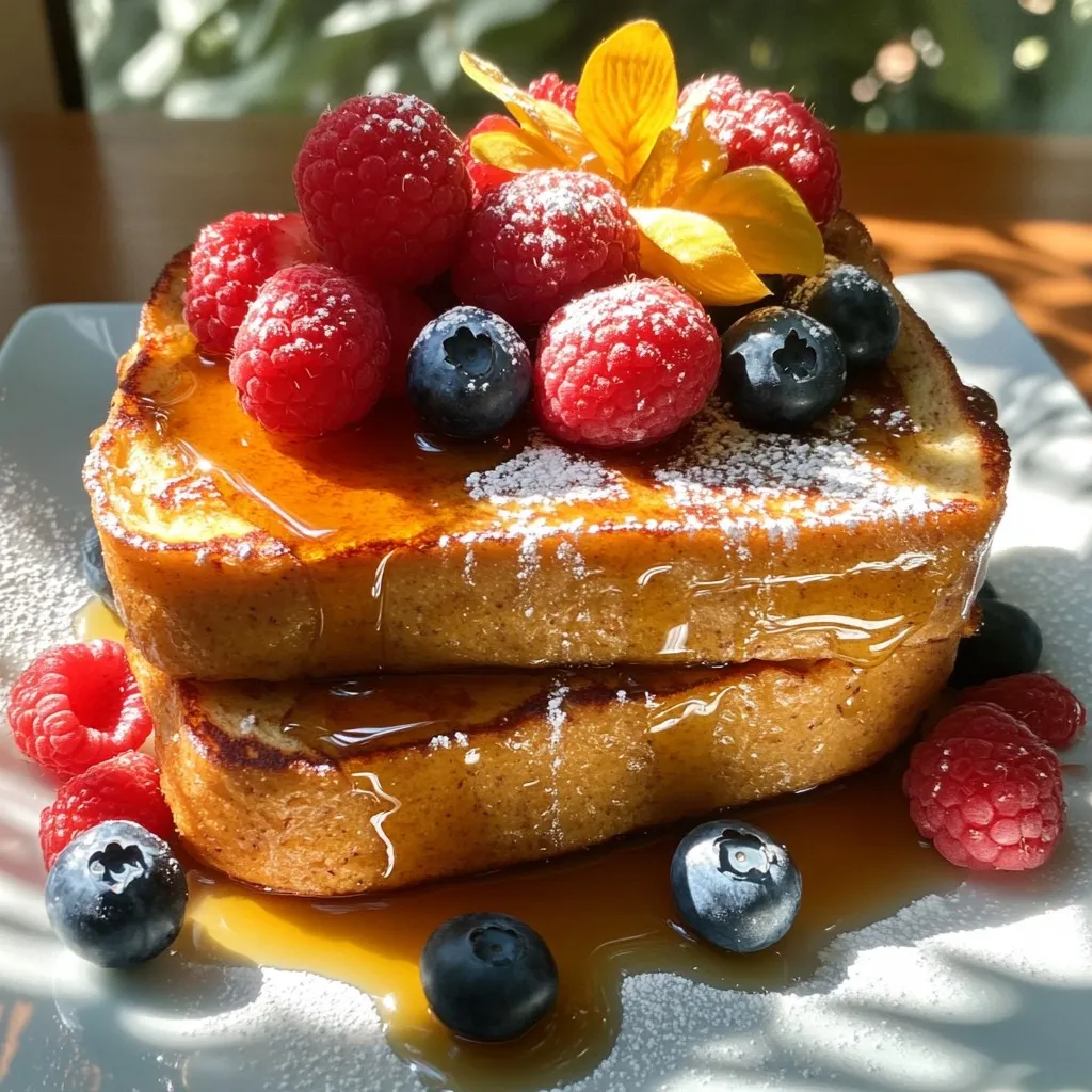 - 2 slices of hearty whole grain bread - 1 scoop of vanilla-flavored protein powder - 1 large egg - 1 tablespoon almond milk (or any milk you prefer) - 1/2 teaspoon ground cinnamon - 1 tablespoon pure maple syrup (optional) - Fresh berries for topping - Powdered sugar for garnish (optional) To make Minute Protein French Toast, you need a few simple items. Start with two slices of hearty whole grain bread. This bread gives a great texture and flavor. You will also need one scoop of vanilla-flavored protein powder. This adds a protein boost to your meal. Next, grab one large egg. This binds the ingredients and adds richness to the toast. You will also need one tablespoon of almond milk or any milk you love. This adds moisture to the batter. Don't forget half a teaspoon of ground cinnamon. It gives a warm spice that elevates the dish. If you like sweetness, consider adding one tablespoon of pure maple syrup. It’s optional but tasty! For toppings, a handful of fresh berries adds color and flavor. You can use strawberries, blueberries, or raspberries. Lastly, powdered sugar makes a lovely garnish. This is also optional but makes your French toast look fancy. With these ingredients, you are ready to create a quick and easy breakfast. First, grab a medium mixing bowl. In it, mix 1 scoop of vanilla-flavored protein powder, 1 large egg, 1 tablespoon of almond milk, and 1/2 teaspoon of ground cinnamon. Use a whisk to blend the ingredients until the batter is smooth. No lumps, please! While you mix, preheat your non-stick skillet or griddle over medium heat. If needed, lightly grease the skillet with cooking spray or melt a little butter to keep the toast from sticking. Now, take your two slices of hearty whole grain bread. Soak each slice in the protein batter. Let it sit for about 10 seconds on each side. This helps the bread soak in that tasty mix. Carefully place the soaked bread onto your hot skillet. Cook for about 2-3 minutes until the bottom is golden brown. Then, flip the slices over. Cook for another 2-3 minutes until both sides look perfect. Once your French toast is golden and cooked, put it on a serving plate. If you like sweetness, drizzle it with pure maple syrup. Top it with a handful of fresh berries, like strawberries, blueberries, or raspberries. For a lovely touch, sprinkle a little powdered sugar on top. Enjoy your tasty meal! To boost the taste of your Minute Protein French Toast, you can play with sweeteners and toppings. Here are some fun ideas: - Sweeteners: Instead of maple syrup, try honey, agave, or coconut sugar. Each adds a unique twist. - Toppings: Fresh berries are great, but don’t stop there! Add sliced bananas, a dollop of yogurt, or nut butter for extra flavor. You can even try a sprinkle of nuts or seeds for a crunch. Achieving the perfect texture is key. Follow these tips for great results: - Batter Mix: Make sure to whisk the batter well. This helps it blend smoothly. No lumps should remain. - Soaking Time: Soak the bread just long enough. Ten seconds on each side is perfect. This ensures even coverage without making it too soggy. - Skillet Heat: Preheat your skillet to medium heat. If it’s too hot, your French toast will burn. If it’s too cool, it won’t brown nicely. You can add more protein and healthy fats easily. Here are some great options: - Protein Sources: Consider adding Greek yogurt or cottage cheese as a topping. They both pack a protein punch. - Healthy Fats: Sprinkle on chia seeds or ground flaxseed. These add healthy omega-3s and fibers. - Nut Butters: A spoon of almond or peanut butter not only adds flavor but also helps keep you full longer. {{image_4}} For a different twist, you can switch up the bread. Use gluten-free bread if you need it. Many brands offer tasty options. Low-carb bread is also great if you want fewer carbs. Look for dense, hearty types that will hold the batter well. This keeps your meal filling and satisfying. You can play with flavors by changing the protein powder. Try chocolate or strawberry protein powder for a fun twist. You can also add spices. A pinch of nutmeg or vanilla extract can boost the taste. Just remember to keep it balanced. Make sure to mix well so every bite is yummy. Toppings can make your French toast shine! Yogurt adds creaminess and protein. Nut butter brings healthy fats and a savory taste. You can also use any fruit you like. Try banana slices, peaches, or even a sprinkle of nuts. Get creative! These add-ons not only look good but also make each bite more delicious. To store leftover French toast, let it cool down first. Place the slices in an airtight container. You can stack them with parchment paper between the slices. This keeps them from sticking together. Store the container in the fridge. They will stay fresh for up to three days. For the best taste, reheat French toast in a skillet. Warm it over medium heat for about 2-3 minutes on each side. This method keeps the toast crispy. You can also use a toaster oven. Set it to a low temperature and heat for about 5 minutes. Here are some tips on how long to keep your ingredients fresh: - Whole grain bread: Best used within 5-7 days when stored in the fridge. - Vanilla protein powder: Can last up to 2 years if kept dry and cool. - Eggs: Last about 3-5 weeks in the fridge. - Almond milk: Unopened, it lasts for about a month past the date. Opened, use it within 7-10 days. - Ground cinnamon: Keeps fresh for up to 3 years in a cool, dark place. Make sure to check the dates on your ingredients to ensure they are fresh! Yes, you can make this recipe vegan! To replace the egg, use 1 tablespoon of ground flaxseed mixed with 2.5 tablespoons of water. Let it sit for about 5 minutes to thicken. For the milk, use any plant-based milk like almond, soy, or oat milk. These swaps keep your French toast tasty and plant-based! To make this recipe gluten-free, choose gluten-free bread. Look for brands that offer hearty options, like gluten-free whole grain or sourdough. These types will hold up well in the batter. Always check labels to ensure no gluten ingredients are present. Enjoy your fluffy French toast without worry! If you need a substitute for protein powder, consider using Greek yogurt. It adds creaminess and protein without changing the flavor much. You can also use silken tofu for a smooth texture. Another option is nut butter, like almond or peanut butter, which adds protein and flavor. This blog post showed you how to make a tasty protein-packed French toast. We started with key ingredients, giving you a solid list. You learned simple steps to prepare, cook, and serve. I shared tips for flavor and texture, plus variations for different diets. Now, you can impress everyone with a yummy and healthy breakfast. It’s fun, easy, and great for your health. Enjoy experimenting with flavors, and remember, cooking should be a joy!