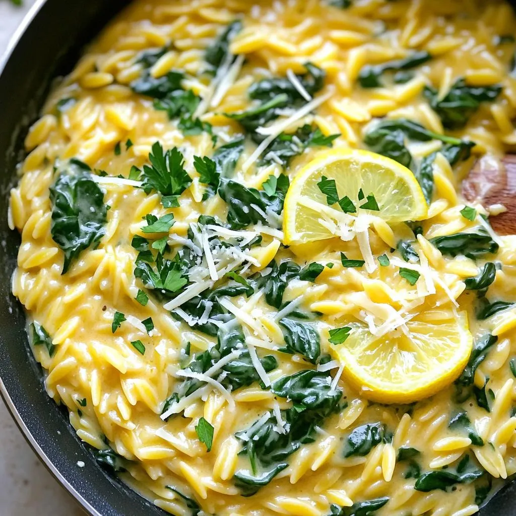 For this dish, you need: - 1 cup orzo pasta - 2 tablespoons extra virgin olive oil - 1 small onion, finely diced - 3 cloves garlic, minced - 2 cups vegetable broth - 1 cup heavy cream - 1 cup freshly grated Parmesan cheese - Zest of 1 lemon - Juice of 1 lemon - Salt and freshly ground pepper, to taste - 1 cup fresh spinach, coarsely chopped These ingredients create a creamy, zesty, and savory flavor that makes every bite delightful. To add a fresh touch, you can use: - 1/4 cup fresh parsley, finely chopped - Lemon slices These garnishes not only enhance the dish's look but also add extra flavor. If you want to change things up, consider these swaps: - Use chicken broth instead of vegetable broth for a richer taste. - Swap heavy cream with coconut milk for a dairy-free option. - Try nutritional yeast instead of Parmesan cheese for a vegan version. These alternatives keep the dish tasty while catering to different diets. First, take a large skillet and add two tablespoons of extra virgin olive oil. Heat it over medium heat. Once the oil is hot, add one small onion, finely diced. Sauté for about three to four minutes. Keep stirring until the onion is soft and clear. Next, add three cloves of minced garlic. Sauté for one more minute. The garlic should smell great but not burn. Now it’s time to cook the orzo. Add one cup of orzo pasta to the skillet. Stir it well to coat it in olive oil. Sauté the orzo for about two minutes. This step toasts the pasta and adds flavor. Then, slowly pour in two cups of vegetable broth. Bring the mix to a gentle simmer. Cook for eight to ten minutes. Stir it now and then until the orzo is al dente and most of the liquid is gone. Reduce the heat to low. Stir in one cup of heavy cream and one cup of freshly grated Parmesan cheese. Mix until the cheese melts and the sauce is creamy. Add the zest and juice of one lemon for bright flavor. Season with salt and freshly ground pepper to taste. Gently fold in one cup of coarsely chopped spinach. Let it wilt for about one to two minutes. This adds color and nutrients. Finally, take the pan off the heat and let it sit for a minute. This helps the dish thicken. Serve hot, garnishing with fresh parsley and a slice of lemon. - Use fresh lemon juice and zest for bright flavor. - Stir the orzo often while cooking to prevent sticking. - Cook the orzo until it’s al dente for the best texture. - Add cream and cheese slowly to achieve a smooth sauce. - Always taste and adjust seasoning before serving. - Don’t rush the sautéing of onion and garlic; they need time to develop flavor. - Avoid adding too much broth at once; this can make the orzo soggy. - Skipping the resting time can lead to a runny dish. - Forgetting to fold in the spinach can miss out on nutrition and color. - Don’t skip the garnish; it adds a fresh touch to the dish. - Use a large skillet with a heavy bottom for even cooking. - Non-stick pans help prevent sticking and make cleanup easy. - A deep skillet can hold more liquid for better simmering. - Look for pans that are oven-safe in case you want to broil the dish. - Always choose cookware that heats evenly for best results. {{image_4}} You can boost the protein in this dish easily. For chicken, use diced breast or thigh. Cook the chicken in the pan first, then set it aside. Add it back when you mix in the cream and cheese. For shrimp, just toss them in when the orzo is almost done cooking. They only need a few minutes to cook through. If you prefer a plant-based option, tofu works well too. Cube firm tofu and sauté it until golden. It adds a nice texture and protein punch. If you want to keep it vegetarian, just skip the meat. Use vegetable broth as in the recipe. For a vegan version, swap the heavy cream for coconut milk. Use nutritional yeast instead of Parmesan for a cheesy flavor. You can also add more veggies. Try bell peppers, zucchini, or mushrooms for extra taste and nutrients. Enhance the flavor with fresh herbs and spices. Basil and thyme pair nicely with the lemon. Add them in when you mix the cream and cheese. For a kick, try a pinch of red pepper flakes. They give a nice warmth without overpowering the dish. Lemon zest adds a fresh brightness, so don’t skip it! You can even add a splash of white wine for depth before the broth. It adds a lovely layer of flavor. To keep your orzo fresh, let it cool first. Place it in an airtight container. Store it in the fridge for up to three days. This helps maintain the flavor and creaminess. When you are ready to enjoy leftovers, use low heat. Add a splash of water or cream to keep it smooth. Stir often to heat it evenly. This way, the orzo stays creamy and delicious. You can freeze orzo, but it may change texture. Allow it to cool completely. Place it in a freezer-safe container. It can last for up to three months. When ready to eat, thaw overnight in the fridge before reheating. Yes, you can make One-Pan Creamy Lemon Parmesan Orzo ahead of time. Prepare it, then cool it down. Store it in an airtight container in the fridge for up to three days. When you're ready to serve, you can reheat it on the stove. Add a splash of broth or cream to keep it creamy. You can add many tasty items to this orzo. Here are some ideas: - Cooked chicken: Shred or dice it for added protein. - Shrimp: Sauté shrimp and mix them in for a seafood twist. - Vegetables: Add bell peppers, peas, or sun-dried tomatoes for extra color and taste. - Herbs: Fresh basil or thyme can enhance the flavor. Feel free to mix and match to suit your taste. Orzo is not gluten-free. It is made from wheat and is similar to pasta. If you need a gluten-free option, look for gluten-free orzo made from rice or other grains. Always check the label to make sure it fits your diet. This blog post covered everything you need for One-Pan Creamy Lemon Parmesan Orzo. You learned the key ingredients, step-by-step cooking methods, and helpful tips. I've also shared storage info and answered common questions. My final thoughts are simple: this dish is easy and fun to make. With the right ingredients and a few tricks, you can enjoy a tasty meal. Try your own variations to make it special for you. Happy cooking!