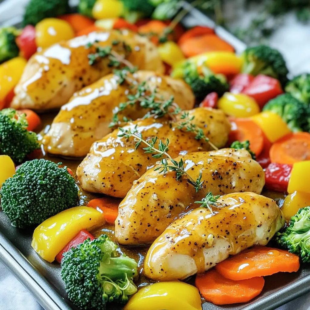 - 4 boneless, skinless chicken breasts - 2 cups broccoli florets - 2 cups baby carrots - 1 red bell pepper, sliced - 1 yellow bell pepper, sliced - 1/4 cup honey - 1/4 cup Dijon mustard - 2 tablespoons olive oil - 1 tablespoon apple cider vinegar - 2 cloves garlic, minced - 1 teaspoon dried thyme - 1 teaspoon paprika - Salt and pepper - Large baking sheet - Parchment paper or aluminum foil - Medium mixing bowl - Whisk Gathering the right ingredients is key. I love using fresh veggies. They add color and taste. Broccoli, carrots, and bell peppers work well together. The chicken gives you a good source of protein. For the marinade, you will need honey and Dijon mustard. These two create a sweet and tangy flavor. Olive oil adds richness, while apple cider vinegar gives it a zing. Garlic, thyme, and paprika round it all out. Don't forget salt and pepper to taste. You will need a large baking sheet for even cooking. Lining it with parchment paper or foil helps with easy cleanup. A medium mixing bowl and whisk are essential for making the marinade. With this list ready, you're set for a fun cooking adventure! - Preheat oven to 425°F (220°C) - Line baking sheet with parchment paper or foil First, I heat my oven to 425°F (220°C). This high temperature helps the chicken and veggies roast nicely. Next, I line a large baking sheet with parchment paper. This makes cleanup easy and keeps food from sticking. - Combine honey, Dijon mustard, olive oil, apple cider vinegar, garlic, thyme, paprika, salt, and pepper Now, let’s make the marinade. In a medium bowl, I mix together honey, Dijon mustard, olive oil, and apple cider vinegar. I add minced garlic, dried thyme, paprika, salt, and pepper. I whisk it all until smooth. This marinade gives the chicken and veggies great flavor. - Coat chicken breasts with marinade - Toss vegetables with remaining marinade Next, I take four boneless, skinless chicken breasts. I place them on one side of the baking sheet. I pour half of the honey mustard marinade over the chicken. I make sure each piece is well-coated. In another bowl, I toss broccoli florets, baby carrots, and sliced bell peppers with the rest of the marinade. I want every veggie to get some flavor too. - Place chicken and vegetables on baking sheet - Ensure even spacing for optimal roasting Now it’s time to assemble the sheet pan. I place the marinated chicken on one side and the veggies on the other. I spread them out nicely. This helps them roast evenly and get that lovely caramelized look. - Place in oven and bake for 25-30 minutes - Check internal temperature of chicken and tenderness of veggies I slide the sheet pan into the oven and set a timer for 25-30 minutes. I check the chicken’s internal temperature to ensure it reaches 165°F (75°C). The veggies should be tender and slightly caramelized. - Allow to rest for 5 minutes before serving - Drizzle with extra honey mustard sauce Once baked, I take the pan out and let the dish rest for 5 minutes. This helps keep the chicken juicy. I drizzle some extra honey mustard sauce on top before serving. It adds flavor and looks great on the plate! To check if the chicken is done, use a meat thermometer. The chicken needs to reach 165°F (75°C). When the chicken is cooked, it will feel firm. After baking, let the chicken rest for 5 minutes. This helps keep the juices inside, making it moist and tasty. For the best flavor, use fresh vegetables like broccoli, carrots, and bell peppers. These veggies roast well and add great color. To achieve caramelization, space the vegetables out on the sheet pan. This allows them to brown nicely. Avoid crowding them, or they will steam instead of roast. Add extra herbs like rosemary or parsley for more flavor. You can try spices like cumin or chili powder for a twist. For added taste, drizzle some extra honey mustard sauce on top. Fresh lemon juice or a sprinkle of cheese can also brighten the dish. {{image_4}} You can switch the chicken breasts for chicken thighs or drumsticks. Both options add rich flavor and moisture. If you prefer plant-based proteins, try using tofu or tempeh. These options soak up the honey mustard marinade well, making them tasty and filling. Feel free to mix up the veggies! Use seasonal options like zucchini, asparagus, or sweet potatoes. Each vegetable might need a different roasting time. For example, thin slices of zucchini cook faster than carrots. Adjust the baking time based on your chosen veggies to keep everything tender. You can change the flavor of the marinade to suit your taste. Use a spicy mustard for a kick, or add chili flakes for heat. If you like citrus, try adding lemon or lime juice. These flavors brighten up the dish and add a fresh twist. To keep your sheet-pan honey mustard chicken and veggies fresh, store leftovers in the fridge. Use airtight containers for best results. Glass or plastic containers work well. Make sure to let the dish cool before sealing. This helps keep moisture in and prevents sogginess. When you're ready to enjoy leftovers, reheat chicken and veggies in the oven. Preheat your oven to 350°F (175°C) and place the food on a baking sheet. Cover with foil to keep it moist. Heat for about 15-20 minutes, or until warmed through. You can also use a microwave. Heat in short bursts to avoid drying out the food. Stir veggies gently for even heat. You can freeze individual portions of this dish. Allow it to cool completely before freezing. Use freezer-safe containers or bags to avoid freezer burn. Label with the date for easy tracking. To thaw, place in the fridge overnight. For quick thawing, use the microwave on the defrost setting. Once thawed, reheat using the oven or microwave. It takes about 25 to 30 minutes to cook this dish. Preheat your oven to 425°F (220°C) first. The chicken will be ready when it reaches 165°F (75°C). The veggies will become tender and slightly caramelized during this time. Yes, you can use different mustards! Yellow mustard works well for a milder taste. Spicy brown mustard adds a kick. Feel free to experiment and find your favorite flavor. This dish pairs nicely with rice, quinoa, or a fresh salad. You can also serve it with crusty bread to soak up the sauce. Choose sides that balance the sweet and tangy chicken. Absolutely! This recipe is perfect for meal prep. You can cook a big batch and divide it into containers. Store in the fridge for easy lunches or dinners during the week. Yes, you can prepare the chicken and veggies ahead of time. Marinate them and store in the fridge for up to 24 hours. Just remember to bake them when you're ready to eat! This recipe brings together simple ingredients for a tasty meal. You learned how to make a flavorful honey mustard marinade and roast chicken with colorful veggies. Remember to check your chicken's doneness for the best results. You can also try different proteins and veggies to customize your dish. Store leftovers properly to enjoy more delicious meals later. Experiment and have fun with this easy recipe!