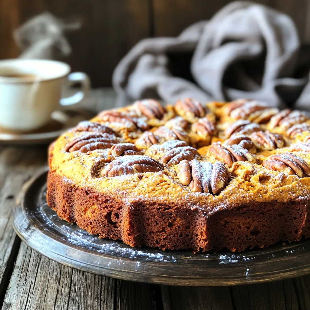 - 1 cup pumpkin puree - 1/2 cup granulated sugar - 1/2 cup packed brown sugar - 1/2 cup vegetable oil - 2 large eggs The main ingredients create the base of your cake. Pumpkin puree gives it a warm, rich flavor. The sugars add sweetness and moisture. The eggs help bind everything together, while vegetable oil keeps the cake soft and tender. - 1 1/2 cups all-purpose flour - 1 teaspoon baking powder - 1/2 teaspoon baking soda - 1 teaspoon ground cinnamon - 1/2 teaspoon ground nutmeg - 1/4 teaspoon salt The dry ingredients balance the wet ones. Flour forms the structure. Baking powder and baking soda help the cake rise. Spices like cinnamon and nutmeg bring warmth and flavor. Salt enhances all the tastes, making each bite delicious. - 1 cup chopped pecans (divided) - 1/4 cup powdered sugar (for dusting) Toppings add flavor and beauty. Chopped pecans provide a crunchy texture. Dusting with powdered sugar makes the cake look fancy and sweet. You can mix and match toppings based on your taste! - Preheat oven to 350°F (175°C). - Grease a 9-inch round cake pan or line it with parchment paper. This helps with easy removal after baking. - In a large bowl, add 1 cup pumpkin puree, 1/2 cup granulated sugar, 1/2 cup brown sugar, and 1/2 cup vegetable oil. - Use a whisk or electric mixer to blend until smooth. - Add 2 large eggs to the mix, one at a time. - Make sure to mix well after each egg. - Finally, stir in 1 teaspoon of vanilla extract until fully combined. - In another bowl, whisk together 1 1/2 cups all-purpose flour, 1 teaspoon baking powder, 1/2 teaspoon baking soda, 1 teaspoon ground cinnamon, 1/2 teaspoon ground nutmeg, and 1/4 teaspoon salt. - Ensure all ingredients are evenly blended. - Gradually add the dry mix to the wet ingredients. - Stir gently with a spatula until just combined. - Be careful not to overmix, as this can make the cake dense. - Fold in 3/4 cup of chopped pecans into the batter. - Pour the mixture into your prepared pan, smoothing the top. - Sprinkle the remaining 1/4 cup of chopped pecans on top. - Bake for 30-35 minutes. - Check doneness by inserting a toothpick in the center. It should come out clean or with a few moist crumbs. To make the best pumpkin pecan coffee cake, start with room temperature ingredients. This helps them mix better and form a light texture. Cold eggs or oil can make the batter lumpy. If you want a fluffy cake, mix gently. Overmixing makes the cake dense and tough. For a beautiful presentation, serve slices on a nice plate. You can dust the top with powdered sugar for a sweet touch. Pair your coffee cake with a warm cup of coffee or tea. The flavors blend well and enhance the cake’s taste. If you want something extra, sprinkle cinnamon on top before serving. You can change up the spices to suit your taste. Try adding ginger or allspice for a new twist. Want more sweetness? Fold in chocolate chips or raisins into the batter. These add-ins give the cake an even richer flavor. Enjoy experimenting with different flavors to find your favorite! {{image_4}} If you want to change the flour, you have great options. - Gluten-free options: You can use a gluten-free flour blend. This works well and keeps the cake moist. - Whole wheat flour substitution: Swap all-purpose flour with whole wheat flour. This adds a nutty taste and makes it healthier. If you need a nut-free cake, it’s easy to adjust. - Replacing pecans with seeds: Use sunflower seeds or pumpkin seeds instead of pecans. They add crunch without the nuts. - Adjusting flavors for nut-free diets: You can add more spices like cinnamon or vanilla. This enhances the flavor and keeps it tasty. Get creative with flavors to make your coffee cake unique. - Incorporating fruits like cranberries or apples: Adding chopped cranberries or apples gives a fruity twist. They add sweetness and a fresh bite. - Different spice blends for seasonal variations: Try mixing in ginger or cloves for a holiday feel. These spices warm up the cake and add depth. To keep your pumpkin pecan coffee cake fresh, use an airtight container. This helps keep moisture in. Store it at room temperature for up to three days. If you want to keep it longer, place it in the fridge. Make sure the container seals well. The cool air helps maintain its taste and texture. For long-term storage, freezing is your best bet. Wrap the cooled cake tightly in plastic wrap, then place it in a freezer bag. This protects it from freezer burn. The cake can stay fresh for up to three months. When you're ready to enjoy it again, thaw it overnight in the fridge. This keeps it moist and tasty. When it’s time to serve, reheating is key. Preheat your oven to 350°F (175°C). Place slices on a baking sheet and heat for about 10 minutes. This warms the cake and brings back its soft texture. You can also microwave a slice for about 15-20 seconds. To enhance the taste after storage, sprinkle a bit of cinnamon on top. It adds warmth and extra flavor! You can tell the coffee cake is done when a toothpick comes out clean. Look for these signs: - The top is golden brown. - The edges pull away slightly from the pan. - A gentle press in the center springs back. Checking these signs helps ensure your cake is perfect. Yes, you can use fresh pumpkin. Here’s how: 1. Choose a sugar pumpkin, as they are sweeter and smoother. 2. Cut it in half, remove seeds, and roast until soft. 3. Scoop out the flesh and blend until smooth. Using fresh pumpkin brings a unique flavor. Just make sure it is well pureed for a nice texture. To enhance moisture in your coffee cake, try these tips: - Add a bit more oil. This keeps the cake tender. - Use buttermilk or yogurt for a nice touch. - Do not overmix the batter; this keeps it light. These suggestions make your cake soft and delightful. You can create a delicious pumpkin pecan coffee cake by blending wet and dry ingredients. After baking, enjoy your cake with some optional toppings like powdered sugar or chopped pecans. Remember, you can customize the recipe by using different flours or adding spices. Store it properly to keep it fresh. With these tips, your cake will impress everyone. Embrace your skills in the kitchen and enjoy making this delightful treat!
