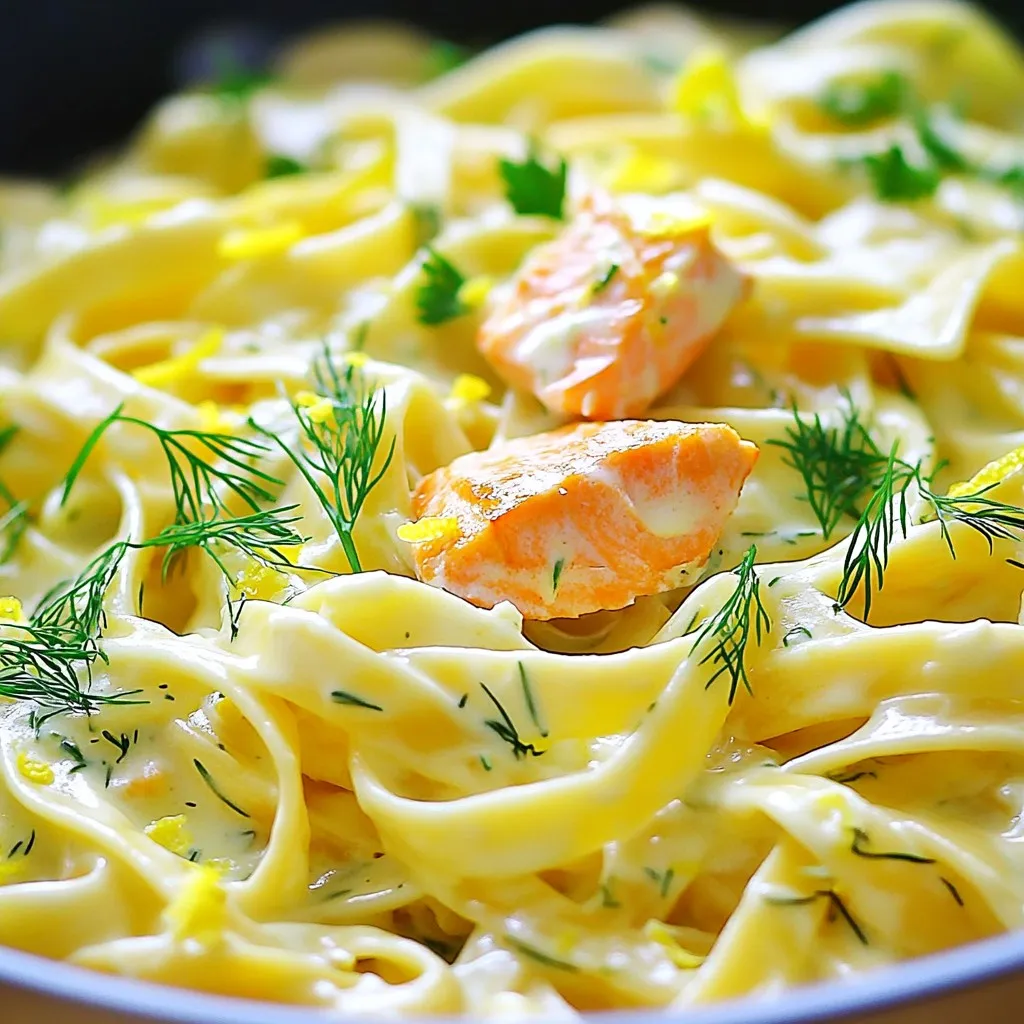 - Pasta options: Use 8 oz of fettuccine or linguine for the best taste. - Salmon fillets: Choose two salmon fillets, around 6 oz each. - Broth varieties: Use 4 cups of vegetable or chicken broth. Each adds a unique flavor. - Cream and seasoning details: You need 1 cup of heavy cream, lemon juice, zest, and dill. Add salt and black pepper to taste. These ingredients work together to create a rich and creamy dish. The pasta absorbs the broth, while the salmon provides a fresh taste. The lemon and dill add bright notes that make each bite special. To start, you need to prepare the salmon. First, heat olive oil in a deep pot over medium heat. Season both sides of the salmon fillets with salt and black pepper. This step is key for flavor. Once the oil is shimmering, place the salmon in the pot. Sear each side for about 3 to 4 minutes. You want the salmon to turn golden brown and cook through. After searing, take the salmon out and set it aside on a plate. This keeps it warm while you cook the pasta. Next, it's time to cook the pasta. In the same pot, add minced garlic and sauté for 1 to 2 minutes until it smells good. Now, pour in the vegetable or chicken broth and increase the heat to boil it. Once boiling, add the pasta. Cook according to the package instructions. Stir it occasionally to stop it from sticking. Aim for an al dente texture, which means the pasta should still have a slight bite to it. After the pasta is cooked, lower the heat. Stir in the heavy cream, lemon juice, lemon zest, and dill. This mix brings great flavor. Let it simmer for 2 to 3 minutes to thicken the sauce. Now, flake the cooked salmon into bite-sized pieces. Gently fold this into your creamy pasta mixture. Be careful not to break up the salmon too much. Taste the dish and add more salt and pepper if needed. This step creates a rich, creamy meal that is sure to impress! To cook salmon well, avoid these common mistakes: - Overcooking: Keep an eye on the salmon. Cook it for about 3-4 minutes on each side. Look for a golden brown crust. - Not seasoning enough: Season both sides with salt and pepper before cooking. This step boosts flavor. For sauce consistency, follow these tips: - Thicken slowly: After adding cream and lemon juice, let it simmer. This helps the sauce thicken nicely. - Stir gently: When adding the salmon back to the pot, fold it in carefully. This keeps the salmon from breaking apart. To make your dish even tastier, try these optional ingredients: - Capers: Add a tablespoon of capers for a briny punch that pairs well with salmon. - Fresh herbs: Basil or chives can add a fresh twist to the dish. Adjust seasoning to fit your taste: - Lemon zest: If you love lemon, add extra zest for more zing. - Spice it up: A pinch of red pepper flakes can bring a nice heat to the creamy sauce. These tips can elevate your One Pot Creamy Lemon Dill Salmon Pasta, making it a meal you’ll love to share! {{image_4}} You can switch up the protein in this dish. Salmon shines, but other fish work too. Cod, tilapia, or trout can be used. Just adjust your cooking times. For vegetarians, chickpeas or tofu make good swaps. Both add protein and soak up flavor. Use firm tofu for a nice texture. Cook it until golden for the best taste. Feel free to play with the sauce. You can try lighter cream options like half-and-half. This keeps it creamy but less rich. Add vegetables for extra nutrition. Spinach, peas, or cherry tomatoes blend well. Toss them in when you add the cream. They cook quickly and add color. Mixing in some cheese can also enhance the flavor. Parmesan or feta can make it even tastier. Just sprinkle it in before serving for a creamy finish. To keep your One Pot Creamy Lemon Dill Salmon Pasta fresh, follow these tips: - Refrigerating Leftovers: Allow the pasta to cool first. Store it in an airtight container. This helps keep it moist. It will last for up to three days in the fridge. - Freezing Guidelines: You can freeze this dish, but it’s best to do so without the salmon. The pasta sauce may change texture once frozen. Store in freezer-safe containers. It can last for up to three months in the freezer. When reheating, you want to keep the creamy texture. Here’s how: - Stove-top Method: This method works best. Place the pasta in a pot over low heat. Add a splash of broth or cream to help it warm up nicely. Keep stirring until hot. - Microwave Method: If you’re short on time, use the microwave. Place the pasta in a microwave-safe bowl. Cover it loosely to prevent splattering. Heat in short bursts, stirring in between until it’s warm. Following these steps will help you enjoy your delicious pasta again! Yes, you can use frozen salmon. Just remember to thaw it first. The best way to thaw salmon is to place it in the fridge overnight. If you're short on time, you can put it in a sealed bag and submerge it in cold water for about an hour. This keeps the fish juicy and fresh for your dish. This dish pairs well with several sides. You could serve a simple green salad with a light vinaigrette. Garlic bread also adds a nice crunchy touch. For a heartier option, roasted vegetables like asparagus or broccoli work great too. These sides complement the creamy pasta and enhance the meal. You can easily make this meal gluten-free. Simply swap regular pasta for gluten-free pasta. There are many types available, such as rice or chickpea pasta. Just be sure to check the cooking times, as gluten-free pasta may cook faster or slower than regular pasta. This way, everyone can enjoy this creamy delight! In this blog post, we explored how to make One Pot Creamy Lemon Dill Salmon Pasta using simple ingredients and techniques. You learned about pasta choices, salmon prep, and broth types that enhance flavor. I shared tips for perfecting the cooking process and suggested variations for different diets. Proper storage and reheating techniques help keep leftovers tasty. Remember, cooking is fun and a chance to be creative. Try these ideas and make the dish your own! Enjoy every bite of your delicious meal.
