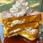 To make Pumpkin Spice Cream Cheese French Toast, gather these key items: - 4 thick slices of bread (brioche or challah preferred) - 1/2 cup cream cheese, softened - 1/2 cup pumpkin puree (canned or fresh) - 1/4 cup powdered sugar - 1 teaspoon pumpkin spice (cinnamon, nutmeg, ginger blend) - 1 teaspoon pure vanilla extract - 2 large eggs - 1/2 cup milk (or a milk alternative) - 1 tablespoon butter (for cooking) - Maple syrup (for serving) You can add these fun toppings for extra flavor and flair: - Whipped cream - A sprinkle of pumpkin spice - A sprig of mint - Chopped nuts for crunch You will need a few simple tools to whip up this dish: - Medium mixing bowls - Whisk or fork - Large skillet or frying pan - Spatula for flipping - Measuring cups and spoons This setup will help you create a delicious meal with ease! To start, grab a medium mixing bowl. Add the softened cream cheese, pumpkin puree, powdered sugar, pumpkin spice, and vanilla extract. Use a fork or a whisk to mix everything until it's smooth. This filling will add a rich, spicy flavor to your French toast. Make sure to blend it well, so every bite is tasty. Next, take a separate bowl and crack the two large eggs into it. Pour in the milk, which can be regular or a milk alternative. Whisk this mixture until it looks frothy. This egg mixture will coat the bread and create a lovely custard-like texture. It’s key for achieving that perfect French toast. Now, take one slice of your thick bread. Spread a generous layer of the pumpkin cream cheese filling on top. Place another slice of bread on it to make a sandwich. Repeat this for the other slices until you have four sandwiches. Preheat a large skillet on medium heat. Add one tablespoon of butter and let it melt. Swirl the butter to coat the pan evenly. Dip each sandwich into the egg and milk mixture, making sure to coat both sides. Don't let them soak too long; just a quick dip will do. Carefully place the dipped sandwiches in the hot skillet. Cook for about 3-4 minutes on each side. Look for a beautiful golden brown color. Once cooked, remove them from the skillet and let them rest on a plate for a moment. Serve your warm French toast with a drizzle of maple syrup. For an extra treat, add a dollop of whipped cream if you like. Enjoy your delicious and festive creation! For this dish, I love using thick slices of bread. Brioche and challah are my top picks. They have a rich flavor and soft texture. These breads soak up the egg mixture well. They also get crispy on the outside and fluffy inside. Other good options include French bread or Texas toast. Just make sure your bread is thick. Thin slices might fall apart during cooking. To get perfect French toast, preheat your skillet over medium heat. Add butter and let it melt before cooking. This step helps create a nice golden crust. Don’t soak the bread too long. A quick dip in the egg mixture is best. This keeps the toast from getting soggy. Cook each side for 3-4 minutes until golden brown. You want a custard-like inside and a crispy outside. Presentation matters! Arrange the French toast on a nice plate. Drizzle maple syrup over the top. Sprinkle a little pumpkin spice for color. For a fun twist, add a dollop of whipped cream. You can also place a sprig of mint or some nuts on the side. This adds color and crunch. Your guests will love both the look and taste! {{image_4}} You can easily make this recipe vegan. Replace the cream cheese with a vegan cream cheese. Use a plant-based milk like almond or oat milk. For the eggs, try flaxseed or chia seeds mixed with water. This keeps the texture creamy and delicious, just like the original. Want to jazz it up? Add chopped nuts like pecans or walnuts for crunch. You can also sprinkle in chocolate chips for a sweet touch. Mix and match your favorites. Try adding dried fruits like cranberries or raisins too. These additions boost flavor and texture. If you want something different, change the spices. Instead of pumpkin spice, use cinnamon and a hint of allspice. You can even add a bit of cardamom for warmth. Vanilla extract is a must, but you can also try almond extract for a unique twist. Be creative and find your perfect spice blend. You may have some French toast left. If so, let it cool down. Place it in an airtight container. Store it in the fridge for up to three days. This keeps it fresh and tasty. To reheat the French toast, you have a few options. You can use a microwave or a skillet. For the microwave, heat each slice for about 30 seconds. Check if it’s warm enough. If not, heat for 10 more seconds. For the skillet, warm it over medium heat for about 2-3 minutes on each side. This will help keep it crispy. If you want to store it longer, freeze the French toast. Wrap each slice in plastic wrap. Then place them in a freezer bag. This keeps them fresh for up to two months. When ready to eat, just thaw in the fridge overnight. Reheat as mentioned above. Enjoy your delicious French toast anytime! To make this dish nut-free, choose bread that is free from nuts. Many types of bread, like brioche or challah, are nut-free. Check the labels to be sure. For the cream cheese filling, use the same ingredients, as they are naturally nut-free. This way, you keep it tasty and safe. Yes, you can use different types of bread. While brioche and challah are ideal for their softness, other breads work too. Sourdough, whole wheat, or even gluten-free bread can add unique flavors. Just ensure the bread is thick enough to hold the filling. Try different kinds to find your favorite! Toppings can enhance your French toast. Maple syrup is a classic choice that pairs well with pumpkin spice. You can also add whipped cream for creaminess. Fresh fruits, like berries or bananas, add a nice touch. A sprinkle of nuts, like pecans or walnuts, gives a crunch. Be creative and enjoy! We explored how to make delicious Pumpkin Spice Cream Cheese French Toast. We covered ingredients, cooking steps, and storage tips. I shared options for vegan or nut-free variations. Remember, using the right bread and cooking techniques makes a big difference. Feel free to get creative with toppings or spices. Enjoy your tasty French toast and share it with friends. This recipe is easy, fun, and perfect for any meal!