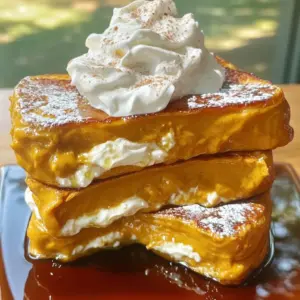 To make Pumpkin Spice Cream Cheese French Toast, gather these key items: - 4 thick slices of bread (brioche or challah preferred) - 1/2 cup cream cheese, softened - 1/2 cup pumpkin puree (canned or fresh) - 1/4 cup powdered sugar - 1 teaspoon pumpkin spice (cinnamon, nutmeg, ginger blend) - 1 teaspoon pure vanilla extract - 2 large eggs - 1/2 cup milk (or a milk alternative) - 1 tablespoon butter (for cooking) - Maple syrup (for serving) You can add these fun toppings for extra flavor and flair: - Whipped cream - A sprinkle of pumpkin spice - A sprig of mint - Chopped nuts for crunch You will need a few simple tools to whip up this dish: - Medium mixing bowls - Whisk or fork - Large skillet or frying pan - Spatula for flipping - Measuring cups and spoons This setup will help you create a delicious meal with ease! To start, grab a medium mixing bowl. Add the softened cream cheese, pumpkin puree, powdered sugar, pumpkin spice, and vanilla extract. Use a fork or a whisk to mix everything until it's smooth. This filling will add a rich, spicy flavor to your French toast. Make sure to blend it well, so every bite is tasty. Next, take a separate bowl and crack the two large eggs into it. Pour in the milk, which can be regular or a milk alternative. Whisk this mixture until it looks frothy. This egg mixture will coat the bread and create a lovely custard-like texture. It’s key for achieving that perfect French toast. Now, take one slice of your thick bread. Spread a generous layer of the pumpkin cream cheese filling on top. Place another slice of bread on it to make a sandwich. Repeat this for the other slices until you have four sandwiches. Preheat a large skillet on medium heat. Add one tablespoon of butter and let it melt. Swirl the butter to coat the pan evenly. Dip each sandwich into the egg and milk mixture, making sure to coat both sides. Don't let them soak too long; just a quick dip will do. Carefully place the dipped sandwiches in the hot skillet. Cook for about 3-4 minutes on each side. Look for a beautiful golden brown color. Once cooked, remove them from the skillet and let them rest on a plate for a moment. Serve your warm French toast with a drizzle of maple syrup. For an extra treat, add a dollop of whipped cream if you like. Enjoy your delicious and festive creation! For this dish, I love using thick slices of bread. Brioche and challah are my top picks. They have a rich flavor and soft texture. These breads soak up the egg mixture well. They also get crispy on the outside and fluffy inside. Other good options include French bread or Texas toast. Just make sure your bread is thick. Thin slices might fall apart during cooking. To get perfect French toast, preheat your skillet over medium heat. Add butter and let it melt before cooking. This step helps create a nice golden crust. Don’t soak the bread too long. A quick dip in the egg mixture is best. This keeps the toast from getting soggy. Cook each side for 3-4 minutes until golden brown. You want a custard-like inside and a crispy outside. Presentation matters! Arrange the French toast on a nice plate. Drizzle maple syrup over the top. Sprinkle a little pumpkin spice for color. For a fun twist, add a dollop of whipped cream. You can also place a sprig of mint or some nuts on the side. This adds color and crunch. Your guests will love both the look and taste! {{image_4}} You can easily make this recipe vegan. Replace the cream cheese with a vegan cream cheese. Use a plant-based milk like almond or oat milk. For the eggs, try flaxseed or chia seeds mixed with water. This keeps the texture creamy and delicious, just like the original. Want to jazz it up? Add chopped nuts like pecans or walnuts for crunch. You can also sprinkle in chocolate chips for a sweet touch. Mix and match your favorites. Try adding dried fruits like cranberries or raisins too. These additions boost flavor and texture. If you want something different, change the spices. Instead of pumpkin spice, use cinnamon and a hint of allspice. You can even add a bit of cardamom for warmth. Vanilla extract is a must, but you can also try almond extract for a unique twist. Be creative and find your perfect spice blend. You may have some French toast left. If so, let it cool down. Place it in an airtight container. Store it in the fridge for up to three days. This keeps it fresh and tasty. To reheat the French toast, you have a few options. You can use a microwave or a skillet. For the microwave, heat each slice for about 30 seconds. Check if it’s warm enough. If not, heat for 10 more seconds. For the skillet, warm it over medium heat for about 2-3 minutes on each side. This will help keep it crispy. If you want to store it longer, freeze the French toast. Wrap each slice in plastic wrap. Then place them in a freezer bag. This keeps them fresh for up to two months. When ready to eat, just thaw in the fridge overnight. Reheat as mentioned above. Enjoy your delicious French toast anytime! To make this dish nut-free, choose bread that is free from nuts. Many types of bread, like brioche or challah, are nut-free. Check the labels to be sure. For the cream cheese filling, use the same ingredients, as they are naturally nut-free. This way, you keep it tasty and safe. Yes, you can use different types of bread. While brioche and challah are ideal for their softness, other breads work too. Sourdough, whole wheat, or even gluten-free bread can add unique flavors. Just ensure the bread is thick enough to hold the filling. Try different kinds to find your favorite! Toppings can enhance your French toast. Maple syrup is a classic choice that pairs well with pumpkin spice. You can also add whipped cream for creaminess. Fresh fruits, like berries or bananas, add a nice touch. A sprinkle of nuts, like pecans or walnuts, gives a crunch. Be creative and enjoy! We explored how to make delicious Pumpkin Spice Cream Cheese French Toast. We covered ingredients, cooking steps, and storage tips. I shared options for vegan or nut-free variations. Remember, using the right bread and cooking techniques makes a big difference. Feel free to get creative with toppings or spices. Enjoy your tasty French toast and share it with friends. This recipe is easy, fun, and perfect for any meal!