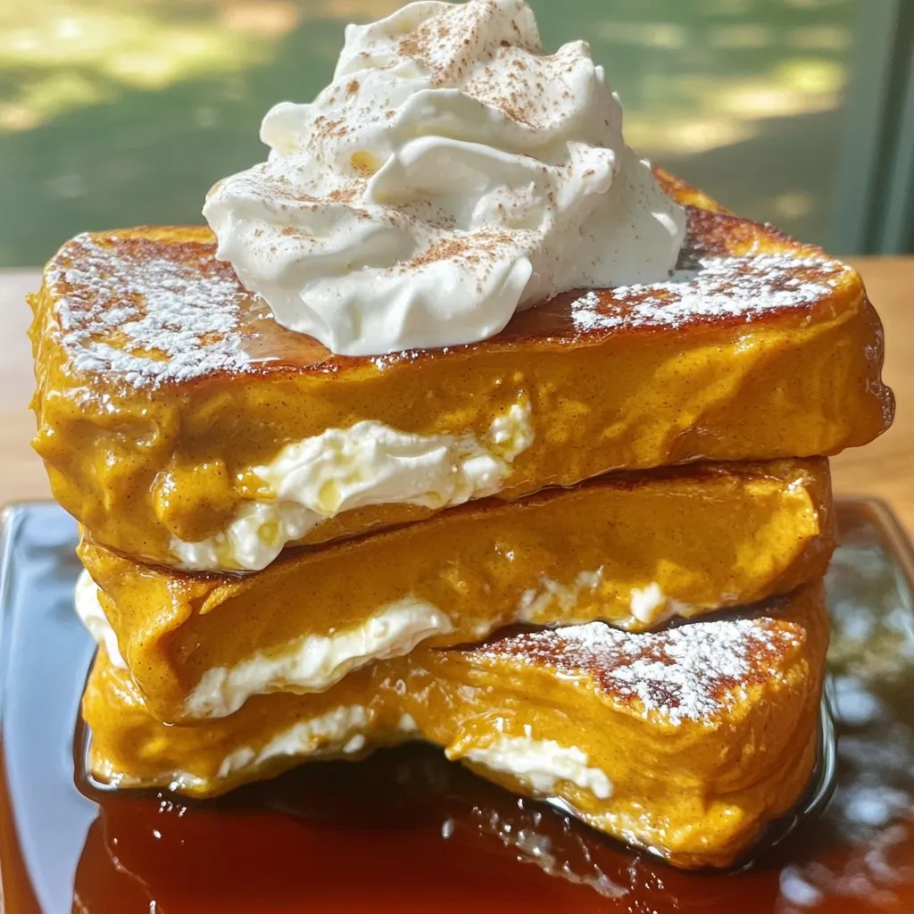 To make Pumpkin Spice Cream Cheese French Toast, gather these key items: - 4 thick slices of bread (brioche or challah preferred) - 1/2 cup cream cheese, softened - 1/2 cup pumpkin puree (canned or fresh) - 1/4 cup powdered sugar - 1 teaspoon pumpkin spice (cinnamon, nutmeg, ginger blend) - 1 teaspoon pure vanilla extract - 2 large eggs - 1/2 cup milk (or a milk alternative) - 1 tablespoon butter (for cooking) - Maple syrup (for serving) You can add these fun toppings for extra flavor and flair: - Whipped cream - A sprinkle of pumpkin spice - A sprig of mint - Chopped nuts for crunch You will need a few simple tools to whip up this dish: - Medium mixing bowls - Whisk or fork - Large skillet or frying pan - Spatula for flipping - Measuring cups and spoons This setup will help you create a delicious meal with ease! To start, grab a medium mixing bowl. Add the softened cream cheese, pumpkin puree, powdered sugar, pumpkin spice, and vanilla extract. Use a fork or a whisk to mix everything until it's smooth. This filling will add a rich, spicy flavor to your French toast. Make sure to blend it well, so every bite is tasty. Next, take a separate bowl and crack the two large eggs into it. Pour in the milk, which can be regular or a milk alternative. Whisk this mixture until it looks frothy. This egg mixture will coat the bread and create a lovely custard-like texture. It’s key for achieving that perfect French toast. Now, take one slice of your thick bread. Spread a generous layer of the pumpkin cream cheese filling on top. Place another slice of bread on it to make a sandwich. Repeat this for the other slices until you have four sandwiches. Preheat a large skillet on medium heat. Add one tablespoon of butter and let it melt. Swirl the butter to coat the pan evenly. Dip each sandwich into the egg and milk mixture, making sure to coat both sides. Don't let them soak too long; just a quick dip will do. Carefully place the dipped sandwiches in the hot skillet. Cook for about 3-4 minutes on each side. Look for a beautiful golden brown color. Once cooked, remove them from the skillet and let them rest on a plate for a moment. Serve your warm French toast with a drizzle of maple syrup. For an extra treat, add a dollop of whipped cream if you like. Enjoy your delicious and festive creation! For this dish, I love using thick slices of bread. Brioche and challah are my top picks. They have a rich flavor and soft texture. These breads soak up the egg mixture well. They also get crispy on the outside and fluffy inside. Other good options include French bread or Texas toast. Just make sure your bread is thick. Thin slices might fall apart during cooking. To get perfect French toast, preheat your skillet over medium heat. Add butter and let it melt before cooking. This step helps create a nice golden crust. Don’t soak the bread too long. A quick dip in the egg mixture is best. This keeps the toast from getting soggy. Cook each side for 3-4 minutes until golden brown. You want a custard-like inside and a crispy outside. Presentation matters! Arrange the French toast on a nice plate. Drizzle maple syrup over the top. Sprinkle a little pumpkin spice for color. For a fun twist, add a dollop of whipped cream. You can also place a sprig of mint or some nuts on the side. This adds color and crunch. Your guests will love both the look and taste! {{image_4}} You can easily make this recipe vegan. Replace the cream cheese with a vegan cream cheese. Use a plant-based milk like almond or oat milk. For the eggs, try flaxseed or chia seeds mixed with water. This keeps the texture creamy and delicious, just like the original. Want to jazz it up? Add chopped nuts like pecans or walnuts for crunch. You can also sprinkle in chocolate chips for a sweet touch. Mix and match your favorites. Try adding dried fruits like cranberries or raisins too. These additions boost flavor and texture. If you want something different, change the spices. Instead of pumpkin spice, use cinnamon and a hint of allspice. You can even add a bit of cardamom for warmth. Vanilla extract is a must, but you can also try almond extract for a unique twist. Be creative and find your perfect spice blend. You may have some French toast left. If so, let it cool down. Place it in an airtight container. Store it in the fridge for up to three days. This keeps it fresh and tasty. To reheat the French toast, you have a few options. You can use a microwave or a skillet. For the microwave, heat each slice for about 30 seconds. Check if it’s warm enough. If not, heat for 10 more seconds. For the skillet, warm it over medium heat for about 2-3 minutes on each side. This will help keep it crispy. If you want to store it longer, freeze the French toast. Wrap each slice in plastic wrap. Then place them in a freezer bag. This keeps them fresh for up to two months. When ready to eat, just thaw in the fridge overnight. Reheat as mentioned above. Enjoy your delicious French toast anytime! To make this dish nut-free, choose bread that is free from nuts. Many types of bread, like brioche or challah, are nut-free. Check the labels to be sure. For the cream cheese filling, use the same ingredients, as they are naturally nut-free. This way, you keep it tasty and safe. Yes, you can use different types of bread. While brioche and challah are ideal for their softness, other breads work too. Sourdough, whole wheat, or even gluten-free bread can add unique flavors. Just ensure the bread is thick enough to hold the filling. Try different kinds to find your favorite! Toppings can enhance your French toast. Maple syrup is a classic choice that pairs well with pumpkin spice. You can also add whipped cream for creaminess. Fresh fruits, like berries or bananas, add a nice touch. A sprinkle of nuts, like pecans or walnuts, gives a crunch. Be creative and enjoy! We explored how to make delicious Pumpkin Spice Cream Cheese French Toast. We covered ingredients, cooking steps, and storage tips. I shared options for vegan or nut-free variations. Remember, using the right bread and cooking techniques makes a big difference. Feel free to get creative with toppings or spices. Enjoy your tasty French toast and share it with friends. This recipe is easy, fun, and perfect for any meal!