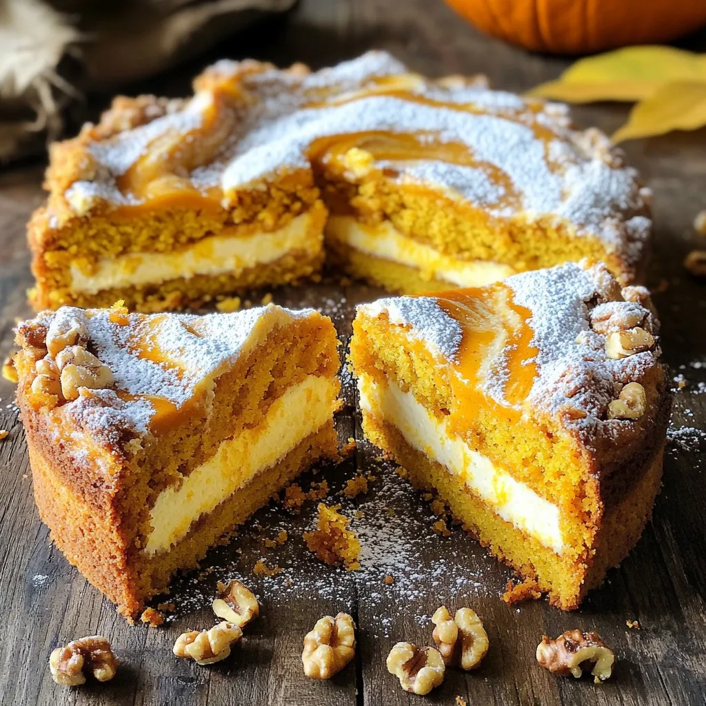 - 1 cup pumpkin puree - 1/2 cup cream cheese, softened - 1/2 cup granulated sugar - 1/2 cup packed brown sugar - 3/4 cup vegetable oil - 3 large eggs - 1 teaspoon vanilla extract - 2 cups all-purpose flour - 1 teaspoon baking powder - 1 teaspoon baking soda - 1 teaspoon ground cinnamon - 1/2 teaspoon ground nutmeg - 1/4 teaspoon ground ginger - 1/4 teaspoon salt These key ingredients make the pumpkin cream cheese coffee cake rich and tasty. The pumpkin puree brings moisture and flavor. The cream cheese gives each bite a creamy touch. The mix of sugars creates a nice sweet base. The spices like cinnamon and nutmeg give warmth and depth. The flour and leavening agents help the cake rise and stay light. - 1/2 cup chopped walnuts - Powdered sugar for dusting Adding walnuts gives a nice crunch. If you want a sweeter finish, dusting with powdered sugar looks pretty and tastes great. - You can swap pumpkin puree for applesauce for a different flavor. - Use Greek yogurt instead of cream cheese for a lighter option. - If you need a nut-free version, leave out the walnuts or replace them with seeds. These substitutions keep the cake delicious while adjusting to your needs. First, preheat your oven to 350°F (175°C). Grab a 9x13 inch baking pan. Grease it with butter or cooking spray. Lightly dust the pan with flour to stop the cake from sticking. This step is key for easy serving later. In a large bowl, mix the softened cream cheese, granulated sugar, and brown sugar. Use an electric mixer or a whisk. Beat the mixture until it is smooth and creamy. You want to avoid lumps. Next, add in the vegetable oil, pumpkin puree, eggs, and vanilla extract. Mix on low speed until everything is blended well. In a separate bowl, whisk together the all-purpose flour, baking powder, baking soda, ground cinnamon, nutmeg, ginger, and salt. This helps spread out the leavening agents and spices. Gradually add these dry ingredients to the wet pumpkin mixture. Stir gently until just combined. If you like walnuts, fold them in now. Pour half of the batter into your prepared baking pan. Use a spatula to spread it evenly. Spoon dollops of the cream cheese mixture over this first layer. Carefully pour and spread the rest of the batter on top. Use a knife or skewer to swirl the layers together. This creates a marbled look. Now, place the pan in your preheated oven. Bake for 30 to 35 minutes. Check if it’s done by inserting a toothpick in the center. If it comes out clean, the cake is ready. After baking, let the cake cool in the pan for about 15 minutes. Then, transfer it to a wire rack to cool completely. If you want, dust it with powdered sugar for a sweet touch before serving. Mixing is key to a great coffee cake. Start with soft cream cheese. It blends better. Use an electric mixer for best results. Mix cream cheese, granulated sugar, and brown sugar until smooth. This helps avoid lumps. When adding the wet ingredients, mix on low speed. This keeps the batter light and fluffy. To get that perfect texture, do not overmix. When you combine dry and wet ingredients, mix gently. Stir just until everything is combined. Lumps are okay! They will bake out. If you want extra moisture, use fresh pumpkin puree. It makes a big difference. Your coffee cake should look as good as it tastes. After baking, let it cool for 15 minutes in the pan. Then, move it to a wire rack. This helps keep it from getting soggy. For a lovely finish, dust powdered sugar on top just before serving. It adds a nice touch. You can also place some walnuts on top for crunch. This makes it look fancy! {{image_4}} You can easily make this coffee cake gluten-free. Just swap all-purpose flour for a gluten-free blend. Make sure the blend has xanthan gum for the best texture. This change keeps the cake moist and fluffy. Want to jazz up your coffee cake? You can mix in chocolate chips or dried fruit. Chopped apples or cranberries add a nice twist. A pinch of allspice or cloves can also boost the flavor. These extras make each bite more exciting. Layering is key to making this cake special. After pouring half the batter, add a layer of cream cheese. You can also drop dollops of fruit preserves or caramel sauce for extra sweetness. Swirl it gently for a beautiful marbled look. This not only tastes great but looks amazing too. After enjoying your pumpkin cream cheese coffee cake, store leftovers in an airtight container. Keep it at room temperature if you plan to eat it within a couple of days. For longer storage, place it in the fridge. This helps keep the cake moist and fresh for up to five days. You can freeze this cake to enjoy later. First, let the cake cool completely. Then, wrap it tightly in plastic wrap, followed by aluminum foil. This double-wrapping prevents freezer burn. You can freeze the cake for up to three months. When you’re ready to eat, thaw it in the fridge overnight. The shelf life of your pumpkin cream cheese coffee cake depends on how you store it. At room temperature, it lasts about two days. In the fridge, it can stay good for about five days. If frozen, enjoy the cake within three months for the best flavor. Yes, you can use fresh pumpkin. First, cook the pumpkin until soft. Then, blend it until smooth. Make sure to drain any excess water before adding it to the batter. Fresh pumpkin gives a nice, natural flavor. It may also add a bit of texture, but it works great! To check if your coffee cake is done, insert a toothpick into the center. If it comes out clean, the cake is ready. You can also lightly press the top with your finger. If it springs back, it’s done. Keep an eye on the edges; they should be slightly golden. Absolutely! You can prepare the batter the night before. Store it in the fridge, and bake it in the morning. Alternatively, bake the coffee cake in advance. Let it cool completely, then wrap it tightly. This way, it stays fresh and moist for a few days. This blog post covered key ingredients and their substitutes for your coffee cake. We also explored step-by-step instructions for preparation, mixing, and baking. I shared tips for mixing and achieving a great texture. You learned about variations, like gluten-free options and flavor add-ins. Lastly, I discussed storage info to keep leftovers fresh. Think of these points as a guide to boost your baking skills. Try new ideas and enjoy the process!