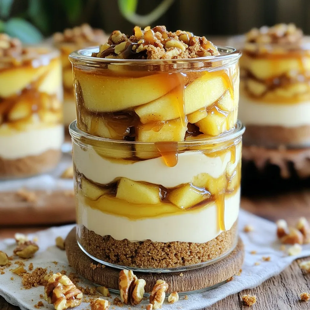 For the best caramel apple cheesecake parfaits, gather these key items: - 2 large apples, peeled, cored, and diced - 2 tablespoons brown sugar - 1 teaspoon ground cinnamon - 1 tablespoon fresh lemon juice - 8 oz cream cheese, softened - 1/2 cup powdered sugar - 1 teaspoon pure vanilla extract - 1 cup whipped cream or 1 cup heavy cream, whipped - 1 cup graham cracker crumbs - 1/2 cup caramel sauce (plus extra for drizzling) - Chopped walnuts or pecans (optional) You can swap ingredients to match your taste or needs. For apples, use pears or peaches for a twist. If you want less sugar, replace brown sugar with a sugar substitute. No cream cheese? Try Greek yogurt for a lighter version. You can also use coconut whipped cream instead of regular whipped cream for a dairy-free option. Toppings can elevate your parfaits. Besides chopped nuts, consider adding: - Shredded coconut - Mini chocolate chips - Extra caramel sauce - A sprinkle of sea salt for a sweet-salty mix These options add fun textures and flavors to your dessert! Start by peeling and coring two large apples. Dice them into small pieces. Next, put the diced apples in a medium saucepan. Add two tablespoons of brown sugar, one teaspoon of ground cinnamon, and one tablespoon of fresh lemon juice. Mix these ingredients well. Cook over medium heat for about five to seven minutes. Stir gently as the apples soften but keep their shape. Once they are tender, take them off the heat and let them cool completely. This step adds sweet and spicy flavor to your parfaits. In a large mixing bowl, take eight ounces of softened cream cheese. Use an electric mixer to beat it until smooth. Gradually add half a cup of powdered sugar and one teaspoon of pure vanilla extract while mixing. Continue until the mixture becomes creamy. Now, carefully fold in one cup of whipped cream. This helps make the cheesecake layer light and fluffy. Be gentle to keep the air in the whipped cream. This layer is rich and will balance the sweet apples perfectly. Choose your serving glasses or jars for the parfaits. Start by adding about two tablespoons of graham cracker crumbs to the bottom of each glass. This makes a nice crunchy base. Next, spoon in about one-fourth cup of the cheesecake mixture, smoothing it out. After that, add about two tablespoons of the cooked apple mixture on top. Repeat these layers until the glasses are almost full. Make sure the last layer is the cheesecake mix. This creates a beautiful and delicious look. Place the assembled parfaits in the refrigerator. Let them chill for at least two hours. This step is important. Chilling allows flavors to blend and improves the texture. When ready to serve, drizzle extra caramel sauce on top. You can also sprinkle chopped walnuts or pecans for added crunch. Enjoy the delightful layers of flavor and texture! To get that creamy texture in your cheesecake layer, start with room-temperature cream cheese. Cold cream cheese will make it hard to mix. Use an electric mixer on medium speed to blend the cream cheese until smooth. Gradually add powdered sugar and vanilla extract while mixing. This helps avoid lumps. Finally, fold in the whipped cream gently. This keeps the mixture light and fluffy. When serving your parfaits, presentation is key. Use clear glasses or jars to show off the beautiful layers. Start with 2 tablespoons of graham cracker crumbs at the bottom. Then, alternate with cheesecake and caramelized apples. Top with a drizzle of caramel sauce for flair. Add chopped walnuts or pecans for a crunchy finish. For a special touch, garnish each glass with a thin apple slice on the rim. While caramel and apple are a classic pair, you can mix it up! Try adding a pinch of nutmeg or ginger to the apple mixture for warmth. You could also use different fruits like pears or berries. For a twist, mix in some chocolate chips or swirl in peanut butter with the cheesecake layer. These changes will keep your parfaits exciting and unique! {{image_4}} You can swap apples for other fruits. Try pears, peaches, or berries. Each fruit brings its own taste and vibe. For example, ripe peaches add a sweet, juicy flavor. Berries lend a tart twist that contrasts nicely with the creamy cheesecake. Just make sure to adjust the sugar based on the fruit's sweetness. For a healthier parfait, use low-fat cream cheese. Greek yogurt is a great substitute too. It adds protein while keeping the creaminess. You can also use honey or maple syrup instead of brown sugar. For a lighter touch, replace caramel sauce with a fruit sauce or melted dark chocolate. Spices can elevate your parfait. Consider nutmeg or ginger for warmth. They add depth to the flavor without extra calories. You could also try a pinch of allspice for a festive twist. These spices blend well with the apples and cream, making each bite a delight. To keep your caramel apple cheesecake parfaits fresh, cover them tightly. Use plastic wrap or a lid on the jars. Make sure they stay in the fridge. This keeps the layers from mixing and maintains the texture. If you plan to serve them later, wait to add the nuts and extra caramel until just before serving. This keeps them crunchy and tasty. Stored properly, these parfaits can last about 3 days in the fridge. After that, the apples may get too soft. The cheesecake layer may also lose its fluffy texture. I suggest enjoying them within this time for the best flavor and texture. You can freeze these parfaits, but it's best to freeze just the cheesecake layer. Layer the cheesecake mixture in a freezer-safe container. Leave space for expansion. When you are ready to enjoy, thaw it in the fridge overnight. Then, assemble the parfaits with fresh apples and toppings. This way, you get the best taste! Yes, you can make the cheesecake layer ahead. Store it in the fridge for up to two days. This helps the flavors blend well. Just remember to keep it sealed to avoid drying out. To stop apples from browning, coat them with lemon juice. This keeps them fresh and bright. Use about one tablespoon of lemon juice per two apples. Toss the diced apples in the juice right after cutting them. You can use crushed cookies or nuts instead of graham cracker crumbs. For a gluten-free option, try almond flour or gluten-free cookies. Both will give a nice crunch to your parfaits. Yes, store-bought whipped cream is a great time saver. Just make sure it's unsweetened or lightly sweetened. This way, it won’t overpower the flavors of your cheesecake layer. To make this dessert gluten-free, use gluten-free graham cracker crumbs or nut-based crumbs. Also, check the labels on your caramel sauce and whipped cream to ensure they are gluten-free. Enjoy your sweet treat worry-free! You learned the key ingredients and steps to make delicious parfaits. From creamy cheesecake layers to tasty apple preparation, each part plays a role. Don’t forget to try different flavors and toppings for variety. Storing is simple, and knowing these tips helps keep your parfaits fresh. I hope you feel ready to create your own. Enjoy each bite of your perfect parfait!