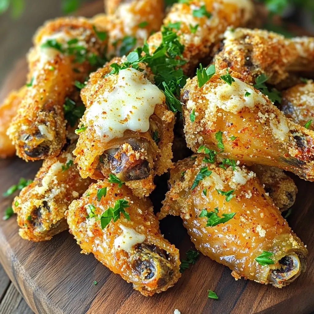 - 2 pounds chicken wings For the best results, choose fresh chicken wings. Look for ones that are plump and firm. If you want a crispier texture, dry the wings well before cooking. - 2 tablespoons olive oil - 1 teaspoon garlic powder - 1 teaspoon onion powder - 1 teaspoon smoked paprika - 1 teaspoon salt - 1/2 teaspoon black pepper - 1/4 cup grated Parmesan cheese These seasonings pack a punch. Olive oil helps the spices stick to the wings. Garlic powder and onion powder add great flavor. Smoked paprika gives a nice smokiness, while salt and pepper enhance it all. Don’t forget the Parmesan! It adds a creamy, savory touch. - 2 tablespoons fresh parsley, chopped (for garnish) - Cooking spray Chopped parsley adds a fresh look and taste. Use cooking spray to prevent sticking in the air fryer. It keeps the wings crispy and helps with cleanup. Remember, good ingredients make great wings! To start, take 2 pounds of chicken wings. Use paper towels to dry them well. This step is key. Removing the moisture helps the wings crisp up nicely in the air fryer. In a big bowl, add the dried wings. Drizzle 2 tablespoons of olive oil over them. Next, add 1 teaspoon each of garlic powder, onion powder, and smoked paprika. Now, sprinkle in 1 teaspoon of salt and 1/2 teaspoon of black pepper. Mix well using your hands or tongs. Make sure every wing gets coated in that tasty seasoning. This creates a bold flavor that you will love. Now, it’s time to preheat the air fryer. Set it to 380°F (193°C) and wait about 5 minutes. This helps the wings cook evenly. Once preheated, spray the air fryer basket with cooking spray to prevent sticking. Place the seasoned wings in a single layer in the basket. Cook them for 25-30 minutes. Don’t forget to shake the basket gently halfway through. This will help them brown and crisp up all over. Once they look golden brown, take them out and get ready to add that delicious Parmesan! To get your wings crispy, start with dry wings. Use paper towels to remove moisture. Moisture makes wings soggy and limits crisping. Preheat your air fryer to 380°F for even cooking. This helps the wings cook right and get that nice crunch. Arrange the wings in a single layer in the basket. Avoid overcrowding; this ensures hot air flows around each wing. Shake the basket halfway through cooking. This helps them brown evenly on all sides. For extra flavor, don't skip the seasoning. Olive oil helps spices stick to the wings. Garlic powder and onion powder add depth. Smoked paprika gives a hint of sweetness and smokiness. Try adding other spices like cayenne for heat or dried herbs for freshness. Tossing the wings with Parmesan cheese right after cooking adds a rich and savory layer. Fresh parsley not only looks good but also adds freshness. One big mistake is not drying the wings well. Always pat them dry before seasoning. Another mistake is using too much seasoning. Stick to the recipe for balance. Avoid cooking wings straight from the freezer; they won't crisp well. Be patient and air fry in batches if needed. This will make sure every wing turns out golden and delicious. {{image_4}} If you like heat, try adding cayenne pepper. Mix in about a teaspoon with your other seasonings. You can also toss the wings in hot sauce after cooking. This gives a spicy kick that pairs well with the garlic and Parmesan. Use your favorite hot sauce for a personal touch. Get creative with your flavors! Try adding lemon zest for brightness. You can also mix in herbs like oregano or thyme. For a smoky twist, swap smoked paprika with chipotle powder. Each change gives a different taste. You can even experiment with ranch seasoning for a creamy flavor. Adjust cooking time if you use more wings. For 3 pounds, extend cooking to around 35-40 minutes. Always check for crispiness. If you overcrowd the basket, the wings won’t cook evenly. You might need to work in batches. This ensures every wing gets that perfect crunch. After making the wings, let them cool down. Place them in an airtight container. They can stay fresh in the fridge for up to three days. Make sure to keep them sealed. If left open, they might get soggy. To reheat, preheat your air fryer to 350°F (175°C). Place the wings in a single layer in the basket. Heat for about 5-7 minutes. This method helps them regain their crispiness. You can also use an oven. Bake them at 375°F (190°C) for about 10-15 minutes. If you want to store wings for later, freezing is a great option. Place cooled wings in a freezer-safe bag. Remove as much air as possible before sealing. They can last up to three months in the freezer. When ready to eat, thaw them in the fridge overnight. Then, reheat as mentioned above for the best results. Yes, you can use frozen wings. Just increase the cooking time by about 5-10 minutes. Make sure to check that they are fully cooked. The internal temperature should reach 165°F (74°C). Pat them dry after thawing for the best crisp. Garlic parmesan wings pair well with many sides. Here are some great options: - Celery sticks - Carrot sticks - Ranch dressing - Blue cheese dressing - Fresh salads These sides add a nice crunch and balance the rich flavors of the wings. To make these wings gluten-free, check all your seasonings. Use gluten-free garlic powder and onion powder. Also, ensure the cooking spray is gluten-free. Following these steps keeps your dish safe for gluten-sensitive eaters. Enjoy the same great taste! You now have all the tools to make great chicken wings. We covered ingredients, step-by-step cooking, and tips for crispiness. You learned about fun flavor twists and how to store wings for later. Keep these tips in mind to avoid common mistakes. Whether it’s a game night or a family meal, your wings can impress everyone. Remember, practice makes perfect. Enjoy your cooking journey!